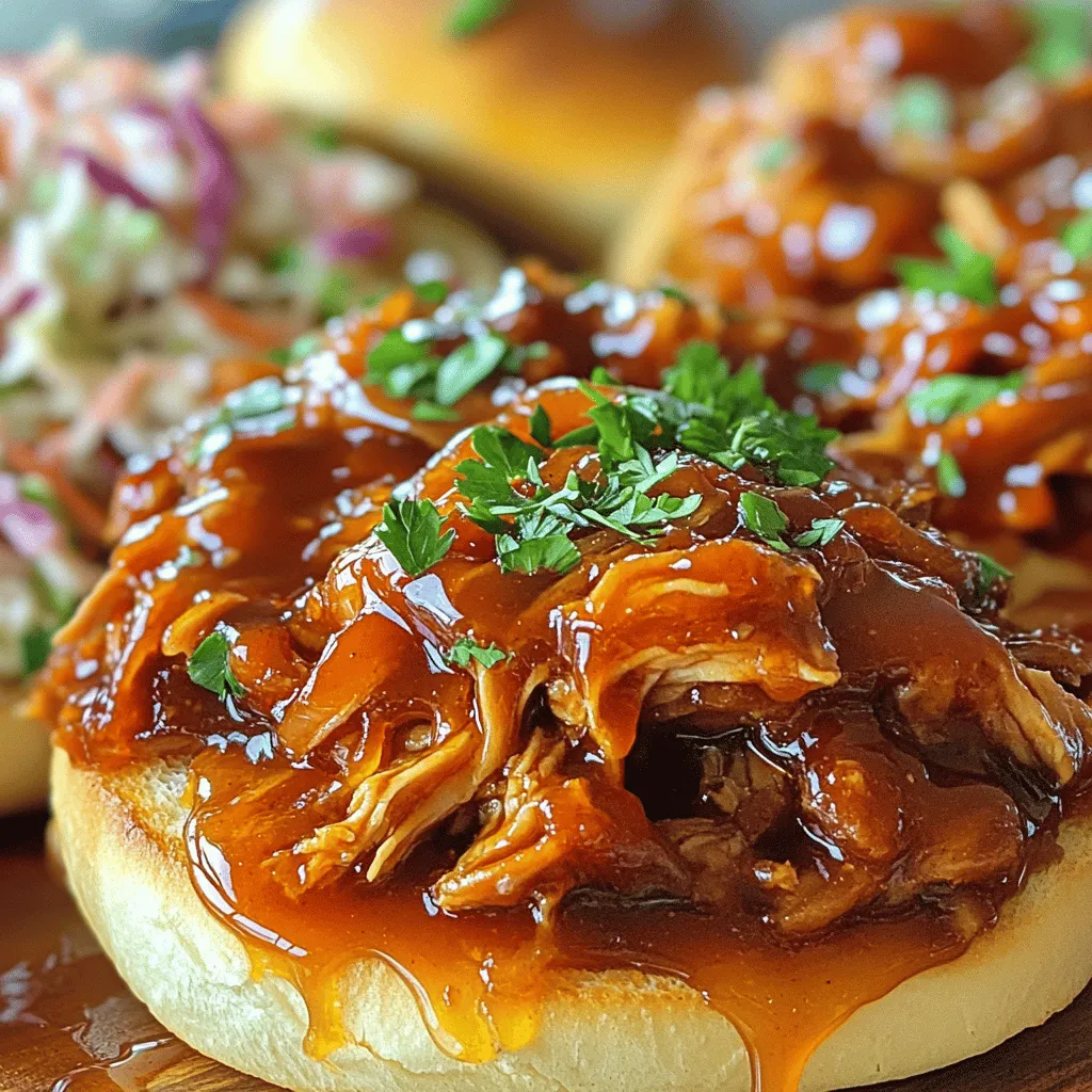 To make the best crockpot BBQ chicken, you need key ingredients. These ingredients work together to create a tasty meal. Here is what you need: - 4 boneless, skinless chicken breasts - 1 cup of your favorite BBQ sauce - 1/4 cup honey - 2 tablespoons apple cider vinegar - 1 tablespoon Worcestershire sauce - 1 teaspoon smoked paprika - 1 teaspoon garlic powder - 1 teaspoon onion powder - Salt and pepper to taste - Fresh parsley, chopped (for garnish) These ingredients bring out the flavor in the chicken and make it tender. Sometimes, I like to add more flavor to my BBQ chicken. Here are some optional ingredients you can try: - 1 teaspoon chili powder for some heat - 1 tablespoon mustard for a tangy twist - 1/2 cup diced onions for extra sweetness - 1/4 cup apple juice for a fruity note Feel free to mix and match these options to suit your taste. Choosing the right BBQ sauce can make a big difference. Here are some great options: - Classic tomato-based BBQ sauce for a traditional flavor - Spicy chipotle BBQ sauce for a kick - Honey mustard BBQ sauce for a sweet and tangy blend - Smoky BBQ sauce for a rich, deep taste Pick a sauce that you love. It can set the mood for the whole dish. For the full recipe, check out the details above. Start with a medium bowl. Combine the BBQ sauce, honey, apple cider vinegar, Worcestershire sauce, smoked paprika, garlic powder, onion powder, and salt and pepper. Whisk these ingredients together until smooth. This mix adds a sweet, tangy flavor to the chicken. You can taste it and adjust the seasoning if you want. Place the chicken breasts in a single layer at the bottom of the crockpot. Pour the BBQ sauce mixture evenly over the chicken. Make sure each piece is well-coated. This step ensures that every bite is full of flavor. Cover the crockpot with the lid. Set it to cook on low for 6 to 8 hours or on high for 3 to 4 hours. The chicken is ready when it is tender and shreds easily with a fork. When the cooking time is up, use two forks to shred the chicken right in the crockpot. Mix it with the sauce for full flavor. If the sauce is too thin, remove the lid and cook on high for another 30 minutes. Serve your BBQ chicken on toasted buns or over rice. Don’t forget to garnish it with fresh parsley for a pop of color. For more details, check out the Full Recipe. Shredding chicken is quick and easy. After cooking, take two forks. Use one fork to hold the chicken. With the other fork, pull apart the meat. It should come apart easily. If you want to save time, you can also use a hand mixer. Just place the chicken in a bowl and mix for a few seconds. This works well for large batches. To make your BBQ chicken even better, try adding spices. You can mix in more smoked paprika or a pinch of cayenne for heat. Fresh herbs, like cilantro or basil, can add brightness. If you love sweet tastes, add more honey or a splash of apple juice. These small changes can take your BBQ chicken to the next level. If your sauce is too runny, don’t worry! Just uncover the crockpot for the last 30 minutes of cooking. This lets some liquid evaporate, making the sauce thicker. If it’s too thick, you can add a bit of water or extra BBQ sauce. Stir well to combine. Finding the right consistency is key to a tasty meal. Check the Full Recipe for more details on how to balance flavors. {{image_4}} If you like heat, you can make spicy BBQ chicken. Start by adding cayenne pepper to the sauce. Just one teaspoon will add a kick. You can also use spicy BBQ sauce instead of the regular kind. For an extra layer of flavor, add some diced jalapeños. This will make your dish sizzle with excitement. BBQ chicken tacos are a fun twist on the classic dish. After cooking the chicken, shred it as usual. Then, warm up some soft tortillas. Fill each tortilla with shredded chicken and top with fresh veggies. Try adding crunchy cabbage, diced tomatoes, and avocado slices. A drizzle of extra BBQ sauce makes these tacos pop with flavor. You can easily swap chicken for other proteins. Try pork shoulder for a rich and tasty alternative. Cook it the same way as chicken. Beef brisket is another great choice, giving a hearty flavor. For a lighter option, use turkey breasts. Each protein will absorb the BBQ sauce, making every bite delicious. Check out the full recipe for more tips! Store your leftover BBQ chicken in an airtight container. Make sure the chicken cools to room temperature first. This helps keep it fresh longer. Use it within three to four days. If you want to save it for longer, consider freezing it. To reheat your BBQ chicken, you have a few options. The best way is to use the microwave. Place the chicken in a microwave-safe dish. Add a splash of BBQ sauce to keep it moist. Cover it with a lid or wrap. Heat it on medium power for 2-3 minutes. Stir halfway through to ensure even heating. You can also reheat it on the stove. Just warm it in a pan over low heat until hot. Freezing is great for long-term storage. First, let the chicken cool completely. Then, portion it into freezer bags. Squeeze out as much air as possible before sealing. Label the bags with the date. Your BBQ chicken will last for up to three months in the freezer. When you're ready to eat, thaw it in the fridge overnight. Reheat as mentioned above for the best taste. For the full recipe, check out the Ultimate Slow-Cooked BBQ Chicken. Cooking BBQ chicken in a crockpot takes about 6 to 8 hours on low. If you choose high heat, it will take around 3 to 4 hours. The chicken should be tender and shred easily with a fork when done. This slow cooking makes the flavors blend well. Yes, you can use frozen chicken breasts. However, the cooking time will be longer. It may take about 7 to 9 hours on low or 4 to 5 hours on high. Make sure the chicken reaches 165°F (75°C) to ensure it is safe to eat. BBQ chicken pairs well with many sides. Here are some tasty options: - Coleslaw - Corn on the cob - Baked beans - Garlic bread - Potato salad - Macaroni and cheese These sides add crunch, creaminess, or sweetness to your meal. Try them for a perfect family dinner. For the full recipe, check out the Ultimate Slow-Cooked BBQ Chicken. This blog post covered all you need for great Crockpot BBQ Chicken. We explored key ingredients, step-by-step cooking methods, and added tips for the best results. You learned how to add flavor and even how to store leftovers. With a few simple changes, you can customize this dish to fit your taste. Enjoy making this meal for friends and family. You’ll find it easy and rewarding. Try different sauces or protein options for variety. Your BBQ chicken adventure starts now!
