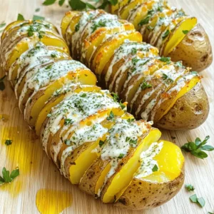- 4 medium-sized Yukon gold potatoes - 1/4 cup unsalted butter, softened - 4 cloves garlic, finely minced - 2 tablespoons fresh parsley, finely chopped - 1 tablespoon fresh thyme leaves, finely chopped - 1 teaspoon sea salt - 1/4 cup grated Parmesan cheese - Olive oil for drizzling To make Hasselback potatoes, start with the right ingredients. Yukon gold potatoes work best due to their creamy texture. The unsalted butter gives a rich base, while garlic adds great flavor. Fresh herbs like parsley and thyme bring life to the dish. You can use sea salt to enhance all the flavors. For a cheesy touch, add grated Parmesan. A drizzle of olive oil adds richness too. Remember, the right mix makes a huge difference. You can find the full recipe online for more details. - Preheat your oven to 425°F (220°C). - Line a baking sheet with parchment paper for easy cleanup. - Rinse each potato under cold water. Use a scrub brush to remove dirt. - Dry the potatoes with a kitchen towel to ensure they roast well. - Place a potato between two chopsticks or wooden spoons. This guides your cuts. - Slice the potato down the length, making cuts about 1/8 inch apart. - Be careful not to cut all the way through; the chopsticks prevent deep cuts. - In a bowl, mix softened butter with minced garlic, chopped parsley, thyme, salt, and pepper. - Stir until the mix is smooth and fragrant. - Spread a portion of the herb butter between the potato slices. - Use the rest to cover the tops of the potatoes for full flavor. - Arrange the potatoes on your baking sheet. - Drizzle olive oil over each potato, then sprinkle with Parmesan cheese if you want. - Bake in the preheated oven for 45 to 50 minutes. - Look for a crispy outside and fluffy inside. Baste halfway through for added flavor. - After baking, let the potatoes cool for a few minutes. - This step makes them safer to handle. - For a nice look, serve on a platter with extra herbs and a drizzle of olive oil. - These potatoes are the perfect side dish to enjoy! For Hasselback potatoes, slice thickness matters. Aim for slices about 1/8 inch thick. This thickness lets the butter and flavors seep in well. Keep the slices spaced evenly. Use chopsticks or wooden spoons to guide your cuts. This tool prevents slicing all the way through. When baking, set your oven to 425°F (220°C). Line your baking sheet with parchment paper for easy cleanup. Bake the potatoes for 45-50 minutes. This time gives you a crispy outside and a fluffy inside. Baste the potatoes with leftover herb butter halfway through. It adds extra flavor and moisture. Want to elevate your Hasselback potatoes? Try different herbs! Rosemary and sage work great with garlic. You can also mix in some smoked paprika for a nice kick. Adjust the seasoning to your taste. Add more salt or pepper if you like it spicier. Don’t forget to sprinkle some Parmesan cheese on top! It melts beautifully and gives a savory crust. You can also use other cheeses like cheddar or Gruyère for variety. For this recipe, you need a few kitchen tools. A sharp knife is key for slicing the potatoes. Use a cutting board to keep your workspace clean. A mixing bowl helps combine the herb butter. After cooking, clean your tools right away. Wash the knife and cutting board with hot, soapy water. This step helps keep your kitchen safe and tidy. Also, dry your tools well to prevent rust and maintain their quality. {{image_4}} Hasselback potatoes are great for many flavors. You can spice them up by adding chili flakes. This gives the potatoes a nice kick. If you love cheese, try different kinds. Cheddar, Gouda, or feta all work well. Choose your favorite cheese to create a rich taste. You can add more fun by using toppings. Adding cooked bacon bits gives a smoky taste. You can also mix in some veggies, like roasted peppers or spinach. Another option is to drizzle flavored oils on top. Garlic or herb-infused oils add extra flavor to your potatoes. You can cook Hasselback potatoes in various ways. Try making them in an air fryer for a crisp finish. The air fryer cooks them faster and keeps them tender inside. For a unique twist, grill the potatoes. Grilling gives them a smoky flavor that is hard to beat. You can find the full recipe to guide you through all these variations. Let your Hasselback potatoes cool before you store them. This step helps prevent moisture build-up. Place the cooled potatoes in a container that is airtight. A glass or plastic container works well. Avoid using aluminum foil, as it can trap moisture and make the potatoes soggy. To reheat leftover Hasselback potatoes, use the oven for best results. Preheat your oven to 350°F (175°C). Place the potatoes on a baking sheet and cover them with aluminum foil. This keeps them from drying out. Heat them for about 15-20 minutes. To keep the skin crispy, remove the foil for the last few minutes. You can freeze Hasselback potatoes, but they may lose some texture. To prepare for freezing, first let them cool completely. Wrap each potato tightly in plastic wrap. Then, place them in a freezer-safe bag. When you want to eat them, thaw in the fridge overnight. Reheat in the oven to restore some crispness. Hasselback potatoes are a fun way to prepare potatoes. They have thin slices cut into them, but not all the way through. This dish comes from Sweden and gets its name from a restaurant in Stockholm. The slices create a crispy outside, while the inside stays soft and fluffy. You can add herbs and butter to enhance their flavor, making them special. You can tell when they are done by looking at their color and texture. The outside should be golden and crispy. The inside should feel soft when pierced with a fork. Baking them for 45-50 minutes at 425°F (220°C) usually gives the best results. If they look brown and smell great, they are ready to eat. Yes, you can use many types of potatoes for Hasselback. Yukon gold potatoes are popular because they are creamy and hold their shape. You can also try red potatoes or even sweet potatoes. The key is to choose potatoes that are firm. This way, they won’t fall apart while baking. Customizing Hasselback potatoes is easy and fun. You can add herbs like rosemary or dill for a fresh taste. Try using different cheeses like cheddar or feta for a rich flavor. You can also sprinkle on some bacon bits or top with sour cream. The options are endless, so get creative! Hasselback potatoes go well with many dishes. They make a great side for roasted chicken or grilled steak. You can also serve them with fish or a hearty vegetable stew. Pairing them with a fresh salad adds a nice crunch. Enjoying them with your favorite main dish will make any meal special. Hasselback potatoes are a tasty and fun dish to make. We covered the main ingredients, like Yukon gold potatoes and garlic butter. I shared step-by-step instructions for cutting, baking, and serving. You learned tips for perfect texture and flavor. Exploring variations and storage options adds to their charm. Now you can impress your family or friends with this great recipe. So grab your potatoes and start cooking!