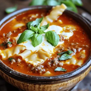 - 1 pound ground beef or Italian sausage - 1 medium onion, finely diced - 3 cloves garlic, minced - 1 (28-ounce) can crushed tomatoes - 4 cups chicken or vegetable broth - 8 ounces lasagna noodles, broken into bite-sized pieces For the main body of this soup, you will need a good protein source. Ground beef or Italian sausage works best, as it adds a rich flavor. I love using crushed tomatoes as the base. The sweetness balances the savory meat. Don't forget the lasagna noodles; breaking them into smaller pieces helps them cook evenly in the soup. - 1 cup ricotta cheese - 1 cup shredded mozzarella cheese, divided - 1/2 cup grated Parmesan cheese, divided Dairy plays a huge role in making this soup creamy and comforting. Ricotta gives a nice texture, while mozzarella and Parmesan add richness. I prefer to mix half of each cheese into the soup. Then, sprinkle the rest on top for a cheesy finish. - 2 teaspoons dried basil - 1 teaspoon dried oregano - 1 teaspoon red pepper flakes (optional, for a spicy kick) - 2 tablespoons olive oil - Salt and freshly cracked black pepper, to taste Herbs and spices are key to flavor. I use dried basil and oregano for a classic Italian taste. If you like heat, add red pepper flakes. Olive oil is great for sautéing the meat and veggies. Don't skip on salt and pepper; they bring all the flavors to life. For the full recipe, check out the Ultimate Lasagna Soup. In a large pot, heat 2 tablespoons of olive oil over medium heat. Add 1 pound of ground beef or Italian sausage. Cook until the meat is brown, breaking it apart with a spoon. If there is extra fat, drain it from the pot. Next, add 1 medium onion, finely diced, and 3 cloves of minced garlic. Cook for about 3 to 4 minutes. Stir often until the onions are soft and clear. Now, pour in 1 (28-ounce) can of crushed tomatoes and 4 cups of chicken or vegetable broth. Add 2 teaspoons of dried basil, 1 teaspoon of dried oregano, and 1 teaspoon of red pepper flakes for some heat, if you like. Season with salt and pepper. Stir well and let it simmer for about 10 minutes. Add 8 ounces of broken lasagna noodles to the pot. Keep cooking for 10 to 12 minutes. Stir occasionally until the noodles are tender, making sure they don’t stick. In a separate bowl, mix 1 cup of ricotta cheese with half a cup of shredded mozzarella and half a cup of grated Parmesan. Once the noodles are soft, gently stir this cheese mix into the soup. Ladle the soup into bowls. Top each serving with the remaining mozzarella and Parmesan cheese. Finally, add fresh basil leaves as a garnish. Enjoy your Ultimate Lasagna Soup! For the complete experience, check out the Full Recipe. To make your Ultimate Lasagna Soup taste just right, adjust the seasoning levels. Start with a pinch of salt and a sprinkle of pepper. Taste it as you go. This way, you can find the perfect balance for your palate. Another tip is to add a splash of cream for richness. This little addition makes the soup smooth and creamy. It elevates the flavors and adds a comforting touch. For the best texture, cook the noodles separately. If you add them directly to the soup, they may get mushy. Instead, boil them in a pot of water. Drain and then add them to the soup just before serving. Serve the soup immediately for the best texture. This keeps the noodles firm and the broth hot. If you let it sit too long, the noodles may soak up too much liquid. Preparing components in advance saves time. You can cook the meat and chop the onions ahead of time. Store them in the fridge. When you're ready to cook, just combine everything in one pot. When reheating, do it gently. Use low heat on the stove to warm it up. If it thickens too much, add a splash of broth to loosen it. This keeps the soup tasty and fresh. For the full recipe, visit the [Full Recipe]. {{image_4}} You can switch up the meat in this soup. Ground turkey or chicken works well. They add lean protein and keep it light. If you're vegetarian, try mushrooms or lentils. These options bring a hearty feel without meat. Mushrooms add umami flavor, while lentils offer a nice texture. Both are rich in nutrients and fill you up. You can use any of these meats or alternatives to suit your taste. Lasagna noodles are classic, but you can change them. For gluten-free options, look for gluten-free pasta. Many brands make great substitutes that taste just as good. Zoodles, or zucchini noodles, are another fun choice. They add a fresh twist and cut carbs. Just spiralize your zucchini and add it in the last few minutes of cooking. This helps keep them from getting too soft. Want to boost nutrition? Add spinach or kale to your soup. They cook down quickly and blend well with the flavors. You get extra vitamins without changing the taste much. Cheese choices can also vary. Instead of just mozzarella and Parmesan, try using ricotta or goat cheese. Each cheese brings its unique flavor, making your soup even better. Mix and match to find your perfect combination. For the full recipe, check out the Ultimate Lasagna Soup recipe. To keep your lasagna soup fresh, store leftovers in airtight containers. This helps prevent odors from mixing in the fridge. Always let the soup cool before sealing the container. Cooling it quickly keeps the soup safe to eat. You can freeze lasagna soup for later enjoyment. Just pour the cooled soup into freezer-safe containers. Leave some space at the top, as the soup will expand when it freezes. When you want to eat it, thaw the soup overnight in the fridge. Reheat it on the stove over low heat, stirring often. I recommend eating leftovers within three to four days. This keeps the flavors bright and tasty. If you notice any off smells or changes in color, it’s best to throw it out. Always trust your senses when checking for spoilage. Yes, you can make this soup ahead of time. I often prepare it a day before serving. The flavors blend better when you let it sit overnight. Just store it in the fridge in a sealed container. To make this soup vegetarian, swap the meat for mushrooms or lentils. These options add great texture and flavor. You can also boost the taste with more herbs and spices. Don’t forget to add plenty of veggies! You can use many cheeses in this soup. For ricotta, try using cottage cheese or cream cheese. For mozzarella, you can use provolone or fontina. Both options melt nicely and taste great in soup. If you want a thicker soup, try adding a cornstarch or flour slurry. Mix one tablespoon of cornstarch or flour with cold water, then stir it in the soup. You can also use less broth for a thicker consistency. This article covered how to make rich and delicious lasagna soup. We explored essential ingredients, like ground meat, cheeses, and spices. I shared step-by-step cooking instructions and helpful tips for perfect flavor and texture. You can also try unique variations and learn storage methods for leftovers. Enjoy creating your own lasagna soup! It's easy to customize and share with friends.