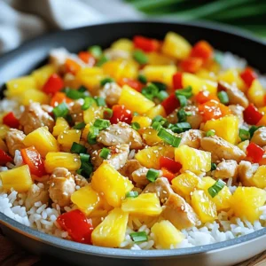 - 2 boneless, skinless chicken breasts, diced into bite-sized pieces - 1 cup long-grain white rice - 1 can (20 oz) pineapple chunks in juice, drained (reserve the juice for later use) - 1 medium bell pepper (red or yellow), diced - 1 medium onion, chopped - 2 cloves garlic, minced For the Pineapple Chicken and Rice Skillet, we start with fresh, quality ingredients. The chicken provides lean protein, while the rice serves as a hearty base. Pineapple adds sweetness and a tropical flair. I love using colorful bell peppers and onions to enhance both flavor and nutrition. - 1 cup chicken broth (homemade or low-sodium) - 2 tablespoons soy sauce (low-sodium recommended) - 1 tablespoon olive oil - 1 teaspoon fresh ginger, grated - Salt and black pepper to taste - Sliced green onions and toasted sesame seeds for garnish Seasonings make this dish pop. Soy sauce adds umami, while ginger gives a warm kick. I recommend low-sodium soy sauce to keep it balanced. For garnish, green onions and sesame seeds add both flavor and a nice touch for presentation. - Olive oil The cooking oil is simple but key. I choose olive oil for its light flavor and health benefits. It helps the chicken brown nicely and prevents sticking. For the full recipe, check out the details in the main article. This blend of ingredients creates a vibrant, tasty meal that is easy to make. Enjoy every bite! To start, heat olive oil in a large skillet over medium heat. Once the oil is hot, add the diced chicken. Season it with salt and black pepper. Cook the chicken for 5-7 minutes. Stir occasionally to ensure even cooking. It should look golden brown and be fully cooked. Next, add the chopped onion and diced bell pepper to the skillet. Toss in minced garlic too. Cook these for about 3-4 minutes. You want the onion to turn translucent and the bell pepper to soften. Stir to keep them from sticking to the pan. Now, it’s time to mix in the rice and pineapple. Stir in the grated ginger and the pineapple chunks. Pour back in the reserved pineapple juice. Mix everything well to coat the rice with flavor evenly. This step helps the rice absorb all the tasty juices. Pour in the chicken broth and soy sauce over the mixture. Gently stir to combine. Increase your heat to bring it all to a boil. Once boiling, reduce the heat to low. Cover the skillet and let it simmer for 15-20 minutes. This allows the rice to cook and soak up the liquid. After cooking, remove the skillet from the heat. Let it sit for 5 minutes. This resting time helps the flavors meld together. Afterward, fluff the rice gently with a fork. Taste the dish and adjust the seasoning if needed. Add salt, pepper, or soy sauce to suit your taste. For a full recipe, check out the complete details! To ensure even cooking, cut the chicken into similar-sized pieces. This helps them cook at the same rate. Heat the olive oil until it shimmers before adding the chicken. Stir frequently to prevent sticking. If the rice sticks to the pan, add a splash of chicken broth to loosen it. Cover the skillet while simmering; this traps steam and cooks the rice evenly. You can boost the dish's taste with a few extras. Try adding crushed red pepper for a spicy kick. Fresh herbs like cilantro or basil can add brightness. If you love heat, a dash of sriracha or chili sauce works well. You might also consider adding cashews or peanuts for texture. Mixing in other fruits, like mango or bell peppers, adds sweetness and color. This dish pairs well with simple sides. Serve it alongside a fresh green salad for crunch. Lime wedges add a zesty touch and brighten the flavors. You could also serve it with steamed broccoli or snap peas for extra veggies. For a cozy meal, consider pairing it with a light soup or a refreshing cucumber salad. Enjoy the vibrant colors and flavors! {{image_4}} You can swap chicken for shrimp, tofu, or pork in this dish. Shrimp cooks quickly and adds a nice ocean flavor. Tofu gives a plant-based twist, soaking up all the tasty juices. Pork adds a savory depth to the meal. Just remember to adjust cooking times so that all proteins are cooked perfectly. If you want to change the rice, try using brown rice or cauliflower rice. Brown rice adds more fiber and a nutty flavor. It will take longer to cook, so add extra water and time. Cauliflower rice is a great low-carb choice. It cooks fast and absorbs flavors well, making it light and fresh. Adding different fruits or vegetables can change the dish's taste. Consider mango, which brings sweetness and a tropical vibe. You can also add snap peas for crunch or carrots for color. Don’t be afraid to mix and match until you find your favorite flavor. The Full Recipe allows you to explore these options easily. To store leftovers, let the dish cool first. Place the Pineapple Chicken and Rice Skillet in an airtight container. Make sure to seal it well. This keeps the flavors fresh and tasty. Store it in the fridge for up to three days. When ready to eat, just heat it up on the stove or in the microwave. For freezing, use a freezer-safe container. Divide the dish into smaller portions. This makes it easy to reheat. Seal the containers tightly and label them with the date. You can freeze the skillet for up to three months. When you’re ready to eat, thaw it overnight in the fridge. Reheat it on low heat, adding a little chicken broth if needed. This keeps the rice from drying out. In the fridge, the Pineapple Chicken and Rice Skillet lasts about three days. If frozen, it can last up to three months. Always check for any strange smells or colors before eating. If it looks or smells off, it’s best to toss it. Enjoy your leftovers safely! For the full recipe, check out the [Full Recipe]. To reheat your Pineapple Chicken and Rice Skillet, use a skillet. Heat on medium-low. Add a splash of water or chicken broth. Stir often to keep it moist. You can also use a microwave. Place in a bowl, cover with a damp paper towel, and heat in short bursts. This keeps the rice fluffy and prevents drying out. Yes, you can prepare this dish ahead of time. Cook it fully, then let it cool. Store it in an airtight container in the fridge. It stays fresh for up to three days. When you are ready to eat, just reheat it using the methods above. This is a great meal prep idea! Pineapple Chicken and Rice Skillet pairs well with fresh salads. A simple green salad with a light vinaigrette works great. You can also serve it with steamed broccoli or snap peas for added crunch. As for drinks, try a light iced tea or sparkling water with lime. These options balance the dish's sweetness. This recipe is mild but can be adjusted. If you want more heat, add red pepper flakes or diced jalapeños during cooking. For less spice, simply skip those ingredients. The flavors from the pineapple and soy sauce shine through, so you can customize it to your taste. This blog post covered delicious Pineapple Chicken and Rice Skillet. You learned about the main ingredients, seasonings, and cooking essentials. I shared step-by-step instructions to make perfect chicken and rice. Tips for flavor and serving made it even better. We discussed fun variations, smart storage, and answered common questions. Try this dish to impress your family or friends. Enjoy your cooking and make it your own!
