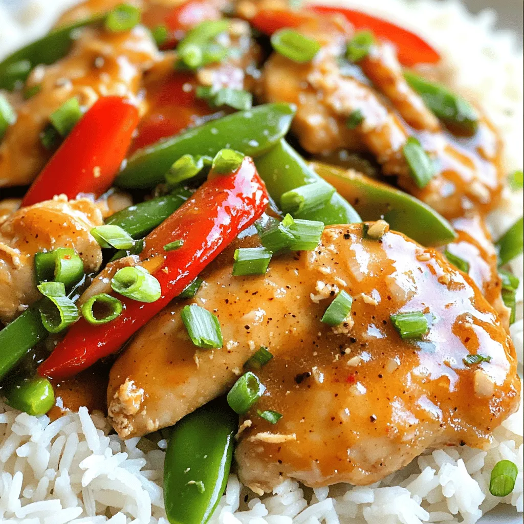 - 1 lb boneless, skinless chicken thighs - 2 tablespoons fresh ginger - 2 cloves garlic - 1 red bell pepper - 1 cup snap peas - 2 green onions - 3 tablespoons soy sauce - 1 tablespoon honey - 1 tablespoon sesame oil - 1 teaspoon red chili flakes - Salt and pepper to taste Gathering the right ingredients is key to a great dish. For this Spicy Ginger Chicken Stir-Fry, I recommend using fresh chicken thighs. They stay juicy and tender when cooked. Fresh ginger gives a warm kick and bright flavor. Minced garlic adds depth to the taste. Next, the veggies add color and crunch. I like red bell pepper for sweetness. Snap peas bring a nice snap. Green onions not only taste great but also add a fresh look. Now, let's talk about the marinade. Soy sauce brings umami. Honey adds a touch of sweetness. Sesame oil gives a nutty flavor. Red chili flakes make it spicy, so adjust to your liking. Season with salt and pepper to round it all out. This simple mix of ingredients makes a wonderful meal. For the full recipe, check out the details above. Enjoy cooking! - In a bowl, mix soy sauce, honey, sesame oil, minced ginger, minced garlic, and red chili flakes. - Whisk until blended. This creates a tasty marinade. - Place chicken strips in the marinade. Make sure they are well coated. - Cover the bowl and let it sit for 15 minutes at room temperature. - For a stronger flavor, let it marinate for up to 1 hour in the fridge. - Heat vegetable oil in a large skillet over medium-high heat. - Once the oil shimmers, add the chicken. Cook it for 5–7 minutes. - Stir the chicken occasionally until it turns golden brown and is fully cooked. - Remove the chicken and set it aside on a plate. - Now, add sliced red bell pepper and snap peas to the same skillet. - Stir-fry the vegetables for 3–4 minutes. They should be tender yet crunchy. - Return the cooked chicken to the skillet with the veggies. - Pour in the reserved marinade. Mix everything well. - Cook for an extra 2–3 minutes until the sauce thickens slightly. - Fold in the sliced green onions just before serving. - Season with salt and pepper to your taste. - Serve your spicy ginger chicken stir-fry over cooked jasmine rice. For fun, add extra green onions or sesame seeds on top. For the full recipe, be sure to check the ingredients above! - Choose the right pan: A large skillet or wok works best. This gives you plenty of space to toss the chicken and veggies. A non-stick surface helps prevent sticking and burning. - Maintain high heat: Keep the heat on high. This helps the chicken cook fast and stay juicy. High heat also gives vegetables a nice crunch. - Modify red chili flakes: Start with less if you prefer mild heat. You can always add more later. - Add fresh chilies if desired: Sliced fresh chilies can boost the heat. Try Thai bird’s eye chilies for a serious kick. - Experiment with additional spices: Try adding garlic powder or five-spice powder for extra depth. Each spice brings its own unique twist. - Use fresh herbs for garnish: Fresh cilantro or basil adds brightness. Sprinkle them on top just before serving for a fresh look and taste. For more information on this dish, check the Full Recipe. {{image_4}} You can change the protein in this dish. If you want a vegan option, substitute chicken with tofu. Tofu soaks up flavors well and adds a nice texture. Another option is to use shrimp or beef. Both cook quickly and pair perfectly with the ginger sauce. Switch up the veggies for more variety. Incorporate broccoli or carrots for color and crunch. They add nutrition and taste. Adding mushrooms gives the stir-fry a great texture. They absorb the sauce, making each bite delicious and hearty. Think about how you serve this dish. Pair it with quinoa or noodles for a filling meal. Both options complement the flavors well. A side salad can also work nicely. It adds freshness and balances the heat from the stir-fry. For the complete guide, check the Full Recipe. To store leftovers, let the stir-fry cool to room temperature. Place it in an airtight container. Make sure to eat it within three days for the best taste. Storing it properly keeps it fresh and tasty. Freezing stir-fry is easy. Divide it into single servings before placing it in freezer-safe bags. Remove as much air as possible to prevent freezer burn. It can last up to three months in the freezer. To reheat, thaw overnight in the fridge. Heat it in a pan over medium heat until hot. Cooking in batches saves time. Make a larger batch of stir-fry for the week. Portion it into containers for quick meals. This way, you have ready-to-eat meals for busy days. You can mix and match the stir-fry with different sides, like rice or noodles. Yes, you can make this stir-fry ahead of time. To meal prep, cook the chicken and veggies as usual. Let them cool before storing them in an airtight container. You can keep it in the fridge for up to three days. To reheat, simply warm it in a skillet over medium heat until hot. This method keeps the flavors fresh and makes dinner quick on busy nights. You can also cook the chicken and veggies in advance and mix them with the sauce right before serving. Stir-fry pairs well with many side dishes. Here are a few suggestions: - Cooked jasmine rice - Brown rice for a healthier option - Quinoa for extra protein - Noodles for a different texture - A simple cucumber salad for crunch - Steamed broccoli or bok choy for added veggies These sides will complement the flavors of the spicy ginger chicken stir-fry and create a balanced meal. You can use dried ginger, but fresh ginger has a brighter flavor. Fresh ginger gives a zesty and bold taste that dried ginger lacks. If you must use dried ginger, use only a small amount, as it is stronger. A good rule is to use one-fourth the amount of dried ginger. This way, you maintain the dish's flavor. Fresh ginger also adds texture, which makes the stir-fry more interesting. This stir-fry recipe combines tender chicken and fresh vegetables in a simple dish. You learned the key ingredients and step-by-step cooking tips. Remember, you can adjust the spice and even swap proteins or veggies. Meal prep helps you save time and enjoy this dish throughout the week. With the right techniques, your stir-fry will always taste great. Keep experimenting and enjoy this easy and healthy meal whenever you like.