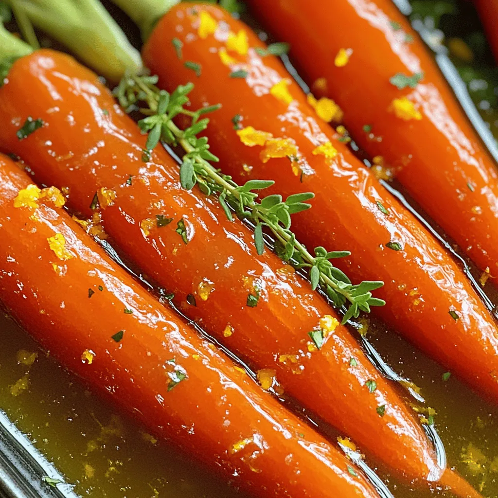 To make honey glazed holiday carrots, you'll need a few key ingredients that bring out the best flavors. Here’s what you should gather: - 1 pound baby carrots, peeled - 3 tablespoons honey - 2 tablespoons unsalted butter - 1 teaspoon fresh thyme leaves - 1/2 teaspoon ground ginger - Salt and freshly ground black pepper, to taste - Zest of 1 orange - 1 tablespoon freshly squeezed orange juice - Freshly chopped parsley for garnish These ingredients work together to create a sweet and savory dish that pairs well with any holiday meal. The honey adds a rich sweetness, while the thyme and ginger provide a warm, earthy depth. The orange zest and juice brighten the flavors, making each bite a delight. When choosing your carrots, look for firm baby carrots. They should be bright in color and free from blemishes. Fresh thyme is best for that aromatic touch, but if you only have dried thyme, use less, as it’s more potent. Gather these ingredients for a festive side dish that everyone will love. For the full recipe, follow the detailed instructions to bring this dish to life. Cooking the Carrots Start by filling a medium pot with water. Bring it to a rolling boil. Add the peeled baby carrots. Cook them for about five minutes. They should soften but still have a little crunch. Draining and Setting Aside Once done, drain the carrots in a colander. Let them sit for a moment to cool. Set them aside while you prepare the glaze. Combining Ingredients for the Glaze In a small bowl, mix the honey, fresh thyme leaves, and ground ginger. Add a pinch of salt and black pepper. Next, include the orange zest and juice. Mixing Until Smooth Stir the mixture well. You want it smooth and fragrant. This glaze will add a sweet and tangy touch to the carrots. Sautéing in Butter Heat a large skillet over medium heat. Add the unsalted butter and let it melt. Once shimmering, toss in the cooked carrots. Sauté them for about two to three minutes. They should turn a light golden color. Pouring and Tossing the Glaze Pour the honey glaze over the carrots. Ensure each carrot is coated. Gently toss the carrots to mix well with the glaze. Simmering for Flavor Absorption Let the carrots simmer in the glaze for five minutes. Stir occasionally. This helps the carrots absorb all the delicious flavors. They will become tender and shiny. For the full recipe, check out the details above! Cooking Time for Optimal Crunch To keep your carrots crunchy, cook them for only 5 minutes. This softens them just enough while still keeping that snap. After boiling, drain and set them aside. This step is key for a great texture. Adjusting Seasoning Once the carrots are glazed, taste them! You can add more salt or pepper to bring out the flavors. If you want a bit more sweetness, a drizzle of honey works wonders. Always remember to balance your flavors. Arranging for Serving For a beautiful display, place the glazed carrots in a shallow dish. Arrange them in a circular pattern or in rows. This makes your dish look inviting and colorful. Garnishing for Appeal Finish with a sprinkle of fresh parsley. This adds a pop of green and makes the dish look fresh. You can also add some extra orange zest on top. It gives a lovely color and aroma. Serving these carrots will impress your guests. For the full recipe, check out the Honey Glazed Holiday Carrots 🥕 section! {{image_4}} Alternatives for Honey If you want a different sweetener, try maple syrup. It gives a rich flavor. Agave nectar is another option. It is milder but still sweet. For a sugar-free choice, use a sugar substitute that measures like honey. Adding Spices or Herbs Mixing in spices can change the taste. Try adding cinnamon for warmth or nutmeg for a cozy vibe. Fresh herbs like rosemary or dill can add a nice twist. They bring a unique flavor to the carrots. Pairing with Holiday Main Dishes Honey glazed holiday carrots go well with many main dishes. They pair nicely with roasted turkey or ham. The sweet taste balances savory meats. You can also serve them next to a beef roast. This can impress your guests during dinner. Incorporating into a Holiday Platter For a festive look, add glazed carrots to a holiday platter. Mix them with other colorful veggies. Bright colors attract the eye. You can also include nuts or cranberries for crunch and flavor. This makes your dish stand out at any gathering. Check out the Full Recipe for more ideas! Store your honey glazed holiday carrots in an airtight container. This helps keep them fresh. Avoid using plastic wrap, as it may trap moisture. Instead, glass containers work best. These carrots stay fresh in the fridge for about 3 to 5 days. If you notice any change in smell or color, it's time to toss them. Always check before serving. To reheat the carrots, use a skillet on medium heat. Add a splash of water or broth to help steam them. This keeps the carrots moist and tasty. You can also use the microwave. Place the carrots in a microwave-safe bowl. Cover with a damp paper towel to keep the glaze intact. Heat in short bursts, stirring in between. This helps the glaze stay shiny and flavorful. For more details on making these delicious carrots, check out the Full Recipe. Honey glazed carrots last about 3 to 5 days in the fridge. Store them in an airtight container to keep them fresh. Signs of spoilage include a sour smell or mushy texture. If you notice these changes, it's best to toss them out. Yes, you can make honey glazed carrots ahead of time. Prepare them and let them cool, then store them in the fridge. When ready to eat, reheat them gently on the stove or in the microwave. Stir them often to ensure they heat evenly. This keeps the glaze from sticking too much. You can use frozen carrots, but cooking times will change. Frozen carrots need a bit longer to cook through. They might also be softer than fresh carrots, which can change the texture. They still taste great, but fresh carrots give a better crunch. In this article, we explored how to make delicious honey-glazed carrots with simple ingredients. You learned how to prepare, cook, and glaze the carrots for a tasty side dish. With helpful tips, variations, and storage info, you can enjoy this dish long after cooking. Remember, the right glaze makes all the difference. Don't hesitate to try new flavors or spices for your twist. Cooking can be fun and creative! Enjoy your next meal with these sweet, tasty carrots.