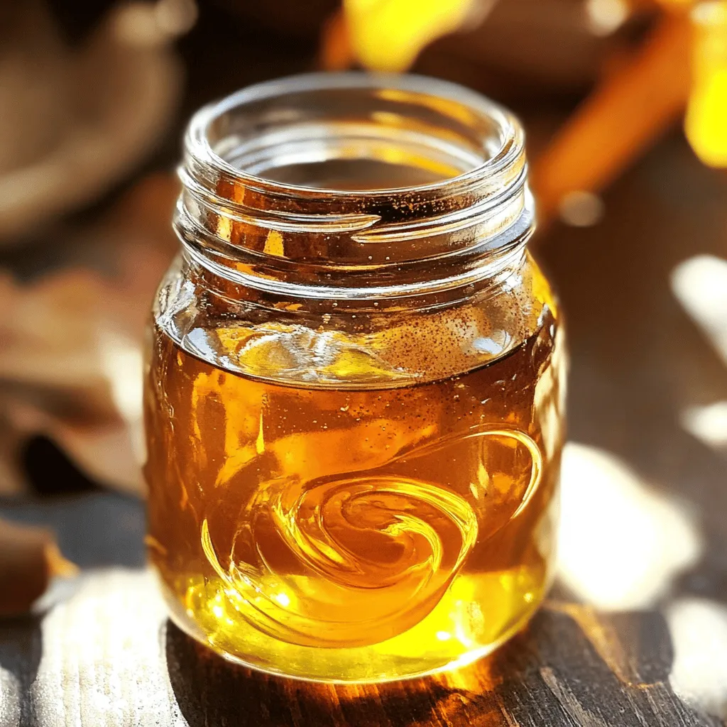 - 1 cup water - 1 cup brown sugar - 1/2 cup pure pumpkin puree - 1 teaspoon vanilla extract - 1 teaspoon ground cinnamon - 1/2 teaspoon ground nutmeg - 1/4 teaspoon ground ginger - 1/4 teaspoon ground allspice - Pinch of salt - You can use coconut sugar or maple syrup instead of brown sugar. - Try adding a bit of ground cloves for a warm kick. - For a different taste, use almond or hazelnut extract instead of vanilla. This recipe is simple and fun. You can customize it to fit your taste. I love to think of new ideas. Each spice adds its own twist to the syrup. The pumpkin puree makes it rich and creamy. You can make this syrup in just a few minutes! For the full recipe, check out the detailed steps. Start by pouring 1 cup of water and 1 cup of brown sugar into a medium saucepan. Place the pan over medium heat. Stir the mixture continuously. You want the brown sugar to dissolve fully. This step creates a simple syrup. Once the sugar dissolves, add 1/2 cup of pure pumpkin puree into the pan. Use a whisk to mix well. Your goal is a smooth and lump-free syrup. Next, add 1 teaspoon of vanilla extract, 1 teaspoon of ground cinnamon, 1/2 teaspoon of ground nutmeg, 1/4 teaspoon of ground ginger, 1/4 teaspoon of ground allspice, and a pinch of salt. Stir well to combine all the flavors. Now, bring the mixture to a gentle simmer. You should see small bubbles forming. Let it cook for about 5 to 7 minutes. Stir occasionally to ensure even cooking. This simmering thickens the syrup and enhances its flavor. After simmering, remove the saucepan from the heat. Let the syrup cool for a few minutes. Then, strain the syrup through a fine mesh sieve into a clean jar. This will remove any solid bits, leaving you with a smooth texture. Allow the syrup to cool to room temperature. Seal the jar with a lid and store it in the fridge. It stays fresh for up to 2 weeks. To get the best syrup, focus on consistency. Stir the mixture well while it cooks. This helps blend in the pumpkin and spices smoothly. If you want a thicker syrup, simmer it a bit longer. Just watch it closely so it doesn’t burn. You can add extra flavors, too. A pinch of clove can give your syrup a warm kick. A splash of maple syrup adds depth. Try different spices and see what you like best. You can change the sweetness to your taste. If you like it sweeter, add more brown sugar. Just remember, the more sugar, the thicker the syrup. For a spicier flavor, add more cinnamon or ginger. If you prefer milder flavors, reduce the spice amounts. Taste as you go. This way, you get the perfect blend for your palate. This syrup is very versatile. You can stir it into coffee or tea for a warm drink. It also tastes great on pancakes or waffles. Pour it over oatmeal for a tasty breakfast. In baking, add it to muffins or cakes for a hint of fall. You can mix it into whipped cream for a fun topping. The options are endless with pumpkin spice syrup, and it’s always a cozy choice. For the full recipe, check out the Homemade Pumpkin Spice Syrup section. {{image_4}} You can give your pumpkin spice syrup a fun twist. Consider adding cloves for warmth. Cloves have a strong flavor that pairs well with pumpkin. Just use a small pinch to avoid overpowering the mix. You might also try different pumpkin varieties. Each type brings its own taste. For instance, sugar pumpkins are sweeter, while pie pumpkins are creamier. Experimenting with these can change your syrup's flavor profile. If you want a lighter syrup, choose sugar-free options. Sweeteners like stevia or monk fruit work great. They keep the syrup sweet without added calories. You can also use erythritol, which has a similar taste to sugar. If you go this route, adjust the amount based on your taste. Remember that some sweeteners can taste different, so test a little first. Want to make your syrup unique? Try adding citrus zest or fresh herbs. Orange or lemon zest can brighten the flavor. You can also use rosemary or mint for an herbal twist. This gives your syrup a special touch for any holiday. For example, use peppermint for winter drinks or orange zest for spring treats. The possibilities are endless, and it’s fun to experiment! To keep your pumpkin spice syrup fresh, store it in an airtight jar. Glass jars work best. Make sure the cap fits tightly. This keeps air out and preserves flavor. The syrup lasts about two weeks in the refrigerator. Always check for any changes in smell or color before using. You can freeze pumpkin spice syrup if you want to save some for later. Pour the syrup into an ice cube tray. This way, you can use small amounts as needed. Once frozen, pop the cubes into a freezer-safe bag. For thawing, simply leave the cubes out at room temperature. You can also put them in the fridge overnight. It's important to know when your syrup has gone bad. If the syrup smells off or has changed color, do not use it. If you see any mold, throw it away right away. To maintain freshness, always use clean utensils when scooping syrup. This helps prevent bacteria from getting in. Homemade pumpkin spice syrup lasts about two weeks in the fridge. Make sure to store it in an airtight jar. Always check for signs of spoilage before using. Yes, you can use pumpkin spice syrup in baking. It adds flavor to cakes, muffins, and cookies. Just replace some sugar or liquid in your recipe with the syrup. Yes, pumpkin spice syrup is gluten-free. All the ingredients used are safe for people with gluten sensitivities. You can enjoy this syrup without worry. Absolutely! You can double or triple the recipe. Just keep the same proportions for each ingredient. Store the extra syrup in the fridge for later use. You can drizzle it on pancakes or waffles. Stir it into your coffee or tea for a tasty drink. It also works well in smoothies or as a topping for desserts. In this blog post, we explored how to make delicious pumpkin spice syrup with simple ingredients. We covered the main components, detailed instructions, and tips to enhance your recipe. You can customize the syrup with various spices and sweeteners, making it perfect for many drinks and recipes. Remember to store it properly and watch for spoilage signs. Enjoy using this syrup to add warm flavors to your favorite fall treats! Choose your favorite variations and get creative.