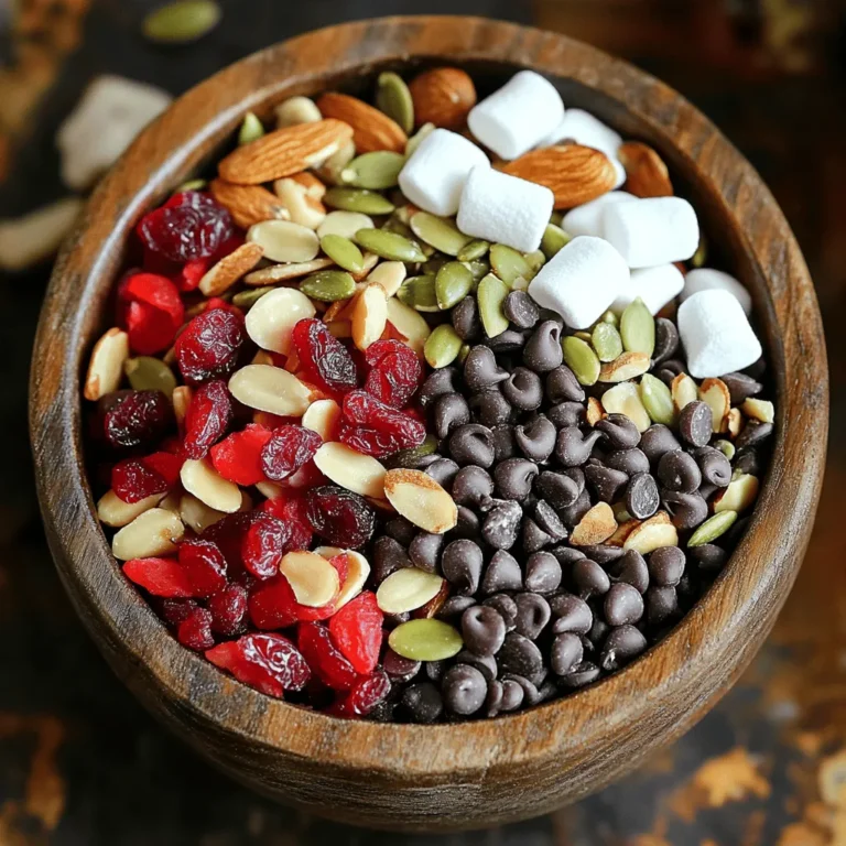 - 1 cup dark chocolate chips - 1/2 cup dried cranberries - 1/2 cup chopped almonds - 1/2 cup sunflower seeds - 1/4 cup pumpkin seeds - 1/2 teaspoon ground cinnamon - 1/4 teaspoon sea salt - 1/4 cup freeze-dried strawberries - 1/4 cup mini marshmallows Vampire Bite Trail Mix is a fun and tasty snack. It mixes sweet and salty flavors. The dark chocolate chips add rich flavor. Dried cranberries give a fruity punch. Each ingredient plays a big role in this mix. The nuts add crunch. Almonds and sunflower seeds bring healthy fats. Pumpkin seeds add a bit of earthiness, while the spices bring warmth. Cinnamon and sea salt balance the sweetness. When you add freeze-dried strawberries, you get a burst of berry goodness. Mini marshmallows add a touch of whimsy and softness. This mix is not just a treat; it’s a snack adventure. - Calories per serving: About 200 - Protein: 5g - Fat: 12g - Carbohydrates: 20g This mix has a good balance of nutrients. It provides energy for your day. The chocolate gives a quick sugar boost. The nuts and seeds help you feel full longer. Allergen information: Contains nuts and chocolate. Be careful if you have allergies. Always check labels to be safe. Try this trail mix for a spooky snack adventure. It's easy to make and fun to share! To make Vampire Bite Trail Mix, start by mixing the main ingredients. In a large bowl, add: - 1 cup dark chocolate chips - 1/2 cup dried cranberries - 1/2 cup chopped almonds - 1/2 cup sunflower seeds - 1/4 cup pumpkin seeds Use a wooden spoon or spatula to combine these ingredients well. This mix forms the base of your trail mix. Next, add some spices and flavors. Sprinkle in: - 1/2 teaspoon ground cinnamon - 1/4 teaspoon sea salt Gently fold the spices into the mixture. This step enhances the taste without breaking the crunchy nuts. Now it’s time to incorporate freeze-dried strawberries and mini marshmallows. Carefully fold in: - 1/4 cup freeze-dried strawberries - 1/4 cup mini marshmallows Be gentle here! You want to keep the marshmallows fluffy and light. After mixing, taste a small handful. Adjust the flavors if needed. You can add a bit more salt or cinnamon based on your preference. For serving ideas, consider using small mason jars. Decorate them with spooky labels for a fun look at your Halloween party. You can also use a decorative bowl to display the trail mix. For storage, transfer the mix to an airtight container. If you want single servings, use small resealable bags. This way, you can grab a snack on the go. Store the mix at room temperature for the best flavor. To make Vampire Bite Trail Mix just right, start by tasting as you mix. You can adjust flavors to suit your taste. If you want a sweeter bite, add more dried cranberries or mini marshmallows. For a nuttier taste, increase the chopped almonds. Also, think about texture. Adding pretzels or chocolate-covered raisins can create a fun crunch. Each bite should be a mix of chewy, crunchy, and sweet! Switching up ingredients can keep things fresh for other holidays. For instance, use white chocolate chips for a winter theme. You might swap out dried cranberries for dried apricots for a summer vibe. Adjust the sweetness by adding honey or maple syrup if you want a richer taste. Each new season can inspire a new mix. Vampire Bite Trail Mix is perfect for road trips or parties. Pack it in small bags for easy snacks on the go. It is also a fun treat to share during gatherings. Try pairing it with fresh fruit or yogurt for a healthy snack. This mix also works well as a topping for pancakes or ice cream. Enjoy the fun of sharing and snacking! {{image_4}} You can make Vampire Bite Trail Mix even more fun! Try adding flavored nuts or seeds. For example, maple-glazed almonds bring a sweet touch. Spicy pumpkin seeds can add some heat. Both will create a tasty balance. You may also switch up the chocolate. Dark chocolate is rich, but milk chocolate or white chocolate can work too. Yogurt-covered snacks also add a creamy, sweet bite. Mixing these options can make your snack unique! If you need gluten-free options, there are many ways to adapt. Choose gluten-free oats and check for gluten-free labels on nuts and seeds. For a vegan version, simply skip the chocolate chips or use dairy-free chocolate. You can also add dried fruits, like apricots or figs, to boost flavor. These changes keep the fun while meeting dietary needs. Halloween is the perfect time to get creative with this trail mix! Add spooky-shaped candies or candy eyes for a festive touch. You can even make a "blood" mix by adding red candies like gummy worms or red licorice. For kids, keep it sweet and fun. For adults, try adding a hint of sea salt or dark chocolate-covered espresso beans for a grown-up twist. Themed variations let everyone enjoy their own spooky snack adventure! To keep your Vampire Bite Trail Mix fresh, use an airtight container. This helps keep the mix crispy and tasty. If you want to grab a quick snack, use resealable bags. Portion control is easy this way, and you can take them on the go. Your trail mix will stay fresh for about one to two weeks at room temperature. If you want it to last longer, freezing is a great option. Just make sure it’s in a freezer-safe bag or container. It can last up to three months in the freezer. When you take the mix out of storage, it’s smart to control your portions. Grab a small cup to help with this. If the mix seems stale, refresh it in the oven at low heat for a few minutes. This brings back its crunch and flavor. Enjoy your spooky snack adventure! Vampire Bite Trail Mix can last about two weeks when stored well. I suggest keeping it in an airtight container. This keeps it fresh and crunchy. If you want it to last longer, think about freezing it. Just make sure to use a freezer-safe bag or container. Yes, you can easily make this trail mix nut-free! Swap out the chopped almonds with pumpkin seeds or more sunflower seeds. You can also use extra dried fruits like apricots or raisins. These substitutes keep the mix tasty and crunchy without nuts. There are many fun mix-ins for your Vampire Bite Trail Mix! Here are some ideas: - Add coconut flakes for a tropical twist. - Toss in some pretzel pieces for saltiness. - Use yogurt-covered raisins for extra sweetness. - Dried apples or banana chips can add chewy texture. These options will give your trail mix more flavors and textures! This blog post covered how to make Vampire Bite Trail Mix. You learned about the tasty ingredients, step-by-step instructions, and helpful tips. We explored different variations and storage methods, making it fun and simple for you to try. Overall, making your own trail mix is easy and rewarding. You can customize it to fit your taste. Enjoy your snack adventures with this mix!