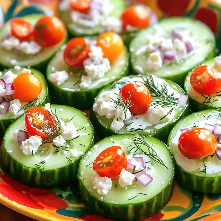 To make Minute Ranch Cucumber Bites, you need fresh and simple ingredients. Here is a list of what you will need: - 2 large cucumbers - 1 cup ranch dressing - 1/2 cup cherry tomatoes, halved - 1/4 cup finely chopped red onion - 1/4 cup crumbled feta cheese - 1 tablespoon fresh dill, finely chopped - Salt and pepper, to taste These ingredients come together to create a snack that is both fresh and tasty. The cucumbers bring a crisp texture, while the ranch dressing adds smoothness. The cherry tomatoes pop with flavor, and the feta cheese gives a nice saltiness. Fresh dill adds a fragrant touch. You can find the full recipe in the article, where I guide you step by step in making these bites. - Rinse and dry cucumbers: Start by rinsing the cucumbers under cold water. This helps remove dirt. After rinsing, pat them dry with a clean towel. - Cut cucumbers into thick rounds: Next, slice each cucumber into thick rounds. Aim for pieces about 1 inch thick. You will get around 16 to 20 rounds. - Mix ranch dressing with fresh dill: In a small bowl, combine the ranch dressing and finely chopped fresh dill. Stir it well. This mix adds a bright flavor to the bites. - Arrange cucumber on a platter: Take a serving platter and lay out the cucumber slices. Make sure they are in a single layer for a nice look. - Add ranch dressing, tomatoes, and red onions: Use a spoon or piping bag to add dill ranch dressing to each cucumber slice. Top each bite with a half cherry tomato and a sprinkle of finely chopped red onion. - Finish with feta cheese and seasoning: Crumble feta cheese on top of each cucumber slice. Finally, season lightly with salt and pepper to boost the taste. Enjoy these fresh and tasty snacks right away or chill them for 30 minutes to let the flavors blend. For the full recipe, check the section above. To make your Minute Ranch Cucumber Bites shine, focus on how they look. Use a bright, colorful platter. This enhances their fresh appeal. Add extra sprigs of dill on top for a pop of green. Arrange the bites in a circle or a fun pattern. This adds flair and makes them more inviting. - Garnishes to Enhance Flavor - A drizzle of balsamic glaze can add a sweet touch. - Crushed black pepper gives a nice kick. - Fresh herbs like parsley or basil can freshen the taste. You can make these bites even tastier by adding herbs. Consider using fresh basil or chives. These herbs bring a new layer of flavor. You can also swap the dill for something else if you prefer. - Optional Ingredients for Varied Taste - Add crispy bacon bits for a savory crunch. - Replace feta with goat cheese for a creamier bite. - Try adding sliced olives for a briny flavor. These tips and tricks will help you create a snack that everyone loves. For the complete preparation details, check out the Full Recipe. Enjoy your cooking! {{image_4}} You can change the ranch dressing to mix things up. Try using hummus for a creamy twist. Greek yogurt also works well; it adds a tangy taste. If you want a spicy kick, use sriracha sauce mixed with mayo. Each option gives your cucumber bites a fresh flavor. You don’t have to stick with cucumbers. Carrots or bell peppers make great substitutes. They add a nice crunch and color. You can also switch the cheese. Cream cheese provides a rich taste, while goat cheese gives a tangy flavor. These swaps allow you to customize the bites to your liking. For the full recipe, check out Minute Ranch Cucumber Bites 🥒. After making Minute Ranch Cucumber Bites, store any leftovers in the fridge. Use an airtight container to keep them fresh. If you don’t have a container, wrap them in plastic wrap. These bites stay good for about 2 to 3 days. The cucumbers may lose some crunch, but they will still taste great! You can make these cucumber bites ahead of time! To do this, prepare the cucumbers and the dressing separately. Keep the cucumbers in a cool place until you're ready to serve. This way, they stay fresh and crisp. Mix the dressing with the dill, but store it in a separate bowl. You can combine everything just before serving for the best flavor. If you follow these steps, your cucumber bites will be a hit! Minute Ranch Cucumber Bites stay fresh for about three days in the fridge. For best taste, store them in an airtight container. This keeps them crisp and tasty. Avoid stacking them too high to prevent squishing. If you want to keep them longer, store the ingredients separate. This way, your cucumbers stay crunchy. Yes, you can prepare these cucumber bites ahead of time. I suggest making the dressing and cutting the cucumbers in advance. Keep the dressing in the fridge until you are ready to serve. This helps keep the cucumbers fresh. Assemble the bites just before serving. This way, they stay nice and crisp. You can serve Minute Ranch Cucumber Bites with many dishes. They pair well with other appetizers like cheese and crackers. You could also enjoy them with fresh fruit or a light salad. For a fun twist, serve them with grilled meats or sandwiches. These bites can brighten any meal! These cucumber bites are easy to make and tasty. We covered the key ingredients, from cucumbers to feta cheese. You learned how to prepare the filling and assemble the bites. Also, I shared tips for serving and ways to change up the flavors. Enjoy these bites as a fresh snack or appetizer. They are perfect for gatherings or a quiet night in. Keep experimenting with new ingredients and flavors. You’ll find so many delicious ways to enjoy this dish!