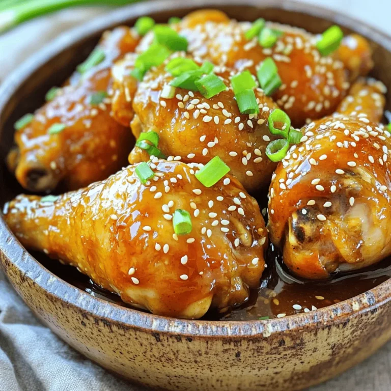 To make slow cooker honey garlic chicken drumsticks, you need: - 10 chicken drumsticks - 1/2 cup honey - 1/4 cup low-sodium soy sauce - 4 cloves garlic, finely minced - 1 tablespoon fresh ginger, freshly grated - 2 tablespoons apple cider vinegar - 1 teaspoon sesame oil - 1/2 teaspoon freshly ground black pepper You may already have these items in your pantry: - Honey - Low-sodium soy sauce - Garlic - Ginger - Apple cider vinegar - Sesame oil - Black pepper Boost the flavor and look of your dish with these garnishes: - 2 green onions, finely chopped - Sesame seeds To start, grab a medium mixing bowl. Add 1/2 cup of honey into the bowl. Next, pour in 1/4 cup of low-sodium soy sauce. Then, add 4 cloves of finely minced garlic and 1 tablespoon of freshly grated ginger. Stir in 2 tablespoons of apple cider vinegar and 1 teaspoon of sesame oil. For a touch of heat, include 1/2 teaspoon of red pepper flakes. Finally, sprinkle in 1/2 teaspoon of freshly ground black pepper. Whisk all these ingredients together until the sauce is smooth and well-mixed. This sauce is the heart of the dish, giving each bite a sweet and savory flavor. Now, let’s move on to the chicken. Take 10 chicken drumsticks and arrange them in the slow cooker. If space allows, try to place them in a single layer. This helps the chicken cook evenly. Once arranged, pour the honey garlic sauce over the drumsticks. Make sure each piece gets a generous coating. This sauce will soak into the chicken as it cooks, making it tender and tasty. With everything in the slow cooker, it’s time to set the cooking time. You have two options here. For a slow approach, set the cooker to low for 6 hours. If you’re short on time, set it to high for 3 hours. Either way, your chicken will be done when it is fully cooked and tender to the touch. When the timer goes off, carefully lift the drumsticks from the slow cooker using tongs. They will be hot and very tender, so handle them with care. Enjoy the wonderful aroma that fills your kitchen! To thicken the sauce, use a small saucepan. First, pour the leftover sauce from your slow cooker into it. Heat the sauce over medium heat. Let it simmer gently for 5 to 10 minutes. Stir it often until it thickens. This process makes the sauce rich and sticky. It coats the chicken drumsticks better. You can also add a cornstarch slurry for extra thickness. Just mix one tablespoon of cornstarch with two tablespoons of cold water. Stir it into the sauce while it simmers. For even cooking, arrange the drumsticks in a single layer. If your slow cooker is small, do not stack them. Stacking can cause some to cook unevenly. If you have to stack, rotate them halfway through cooking. This helps all pieces get equal heat. Also, make sure to coat each drumstick well with sauce. This helps them absorb the flavors fully. To enhance flavor, try adding a splash of citrus juice. Fresh lime or lemon juice brightens the dish. You can also add fresh herbs, like cilantro or parsley, before serving. For a spicy kick, increase the red pepper flakes. Or, add a dash of hot sauce to the sauce mix. Experimenting with different types of vinegar can also add depth. Try rice vinegar or balsamic for a twist. These small changes can elevate your honey garlic chicken drumsticks. {{image_4}} You can use different chicken parts in this recipe. Chicken thighs work great for their juicy texture. If you like white meat, use chicken breasts. Just remember to adjust the cooking time. Breasts cook faster, so check them after 2.5 hours on high. If you want a sweeter dish, add more honey. Start with an extra tablespoon and taste it. For some heat, add more red pepper flakes. You can also switch to a hot sauce for a different kick. Just be careful not to overpower the honey flavor. Feel free to be creative with your sauces. Teriyaki sauce can give a nice twist. You can also try barbecue sauce for a smoky flavor. Seasonings like garlic powder or onion powder can add depth. Experiment to find your favorite mix! To keep your honey garlic chicken drumsticks fresh, store them in an airtight container. Make sure they cool down to room temperature before you seal them. This helps prevent moisture buildup, which can make the chicken soggy. You can keep the leftovers in the fridge for up to three days. If you see any signs of spoilage, it’s best to toss them out. When it’s time to enjoy your leftovers, you can reheat them in a few ways. The oven works well. Preheat it to 350°F (175°C). Place the drumsticks on a baking sheet and heat for about 15-20 minutes. You can also use a microwave for a quicker option. Just place them on a microwave-safe plate. Heat them in short bursts, checking to avoid overheating. If you want to keep the sauce warm, use the stovetop on low. If you want to save your drumsticks for later, freezing is a great choice. Start by letting the chicken cool completely. Then, place them in a freezer-safe bag or container. Remove as much air as possible to prevent freezer burn. You can freeze them for up to three months. When you're ready to eat, thaw them in the fridge overnight. Reheat them as mentioned earlier to enjoy their tasty flavor. Yes, you can use frozen chicken drumsticks. Just remember to add extra cooking time. If you cook on low, aim for 7 to 8 hours. For high, target 4 to 5 hours. Always check that the chicken reaches 165°F for safety. To make this dish gluten-free, swap the low-sodium soy sauce for tamari. Tamari is a gluten-free soy sauce. You can also use coconut aminos as a tasty alternative. Both options will keep the flavor intact. Many sides go great with honey garlic chicken drumsticks. Here are a few ideas: - Steamed rice (white or brown) - Fresh green salad - Roasted vegetables - Mashed potatoes - Quinoa salad These sides balance the sweet and savory notes of the chicken. Enjoy mixing and matching for a full meal! This blog post covered all you need to make honey garlic chicken drumsticks. We discussed key ingredients and pantry staples, plus fun garnishes. I provided step-by-step instructions for making the sauce and cooking the chicken in a slow cooker. I shared tips to thicken the sauce and ensure even cooking. You learned about variations to customize flavor and texture. Finally, I included storage tips for leftovers and answered common questions. Now, you’re ready to cook a tasty meal everyone will enjoy!