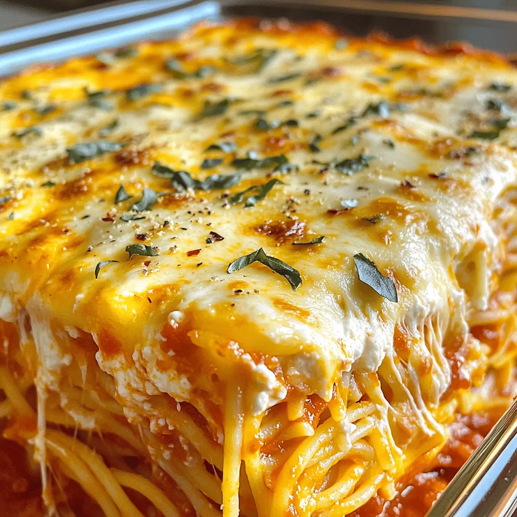 - 12 oz spaghetti - 8 oz cream cheese, softened - 1 cup mozzarella cheese, shredded - 1 cup ricotta cheese - 2 cups marinara sauce - 1/2 cup grated Parmesan cheese - 1/2 teaspoon garlic powder - 1/2 teaspoon onion powder - 2 tablespoons fresh basil, finely chopped - Salt and black pepper, to taste - 1/4 teaspoon red pepper flakes (optional) Each ingredient plays a key role in the dish. The spaghetti serves as the base. The cream cheese and ricotta add creaminess. The mozzarella gives a stretchy, cheesy texture. Marinara sauce adds flavor and moisture. Parmesan brings a salty, nutty touch. Use precise measurements for balance. - Spaghetti: Look for durum wheat pasta for the best texture. - Cheeses: Choose fresh cheeses for better taste. Avoid pre-shredded cheese; it often has additives. - Marinara Sauce: A good sauce can elevate your dish. Check for natural ingredients. - Herbs: Fresh basil has a brighter flavor than dried. Always smell fresh herbs to ensure quality. - Spices: Look for fresh spices for full flavor. Check the dates on the packaging. These tips help you select the best ingredients, ensuring your baked cream cheese spaghetti casserole turns out delicious every time. Preheat your oven to 350°F (175°C). This step is key for cooking your casserole evenly. While the oven heats up, fill a large pot with salted water. Bring it to a boil and add 12 oz of spaghetti. Cook for 8-10 minutes until it is al dente. Then, drain the spaghetti and set it aside. In a large bowl, add 8 oz of softened cream cheese and 1 cup of ricotta cheese. Mix them together until smooth. Then, add half of the 1 cup of shredded mozzarella cheese, 1/2 teaspoon garlic powder, 1/2 teaspoon onion powder, and 2 tablespoons of chopped fresh basil. Season with salt and pepper. Stir everything well to combine. Take a 9x13-inch baking dish and spread half of the 2 cups of marinara sauce on the bottom. Next, gently fold the drained spaghetti into the cheese mixture. Make sure each strand is well-coated. Layer this spaghetti and cheese mixture evenly over the marinara sauce. Pour the remaining marinara sauce on top of the spaghetti layer. Now, sprinkle the rest of the shredded mozzarella cheese and 1/2 cup of grated Parmesan cheese on top. If you want some heat, add 1/4 teaspoon of red pepper flakes. Cover the dish tightly with aluminum foil and place it in the oven. Bake for 25 minutes. After that, remove the foil and bake for another 15 minutes. You want the cheese to be melted and golden. Let the casserole rest for 5 minutes before serving. To cook spaghetti well, start with a large pot. Fill it with water and add salt. Bring the water to a boil. Add the spaghetti and cook for 8 to 10 minutes. The pasta should be al dente, meaning it is firm but not hard. Stir occasionally to prevent sticking. When done, drain it quickly and set aside. For the best cream cheese blend, make sure it is room temperature. This helps it mix easily with other ingredients. Use a large bowl and a sturdy spatula or mixer. First, combine cream cheese and ricotta until smooth. Then, add half of the mozzarella and spices. Mix gently to keep it fluffy. This will make the filling creamy and delicious. Serve your casserole hot from the oven. For a nice touch, use a large spoon to scoop servings. Place each portion on a plate. Sprinkle fresh basil or extra Parmesan on top. This adds color and flavor. For a fun twist, serve with garlic bread or a fresh side salad. {{image_4}} You can make this dish meat-free. Start by using extra veggies. Add bell peppers, zucchini, or spinach. These add flavor and color. You can mix in mushrooms for a hearty bite. This keeps the dish light while still being tasty. For a protein boost, use ground meat or chicken. Brown the meat before mixing it with the cheese mixture. Ground beef or turkey works well. Chicken adds a nice flavor too. Just ensure it is fully cooked before layering. This makes the casserole richer and more filling. You can easily make this dish gluten-free. Swap the spaghetti for gluten-free pasta. Look for rice or quinoa pasta options. These provide the same great taste and texture. Just cook them according to the package. This way, everyone can enjoy your casserole without worry. To store leftovers, let the casserole cool to room temperature. Once cool, transfer it to an airtight container. You can also keep it in the baking dish, covering it tightly with plastic wrap or foil. It stays fresh for up to three days in the fridge. When you want to reheat your casserole, preheat your oven to 350°F (175°C). If you stored it in the baking dish, cover it with foil to keep it moist. Heat for about 20 minutes or until warm. If you prefer, you can microwave individual portions for 2-3 minutes. Stir halfway through for even heating. Freezing is a great way to save this dish for later. To freeze, let it cool completely, then wrap it tightly in plastic wrap. Place it in a freezer-safe bag or container. You can freeze it for up to three months. To reheat from frozen, thaw it in the fridge overnight. Then bake at 350°F (175°C) for about 45 minutes, covered. This will help keep the texture and flavor intact. Yes, you can make this casserole ahead. Prepare it up to the baking step. Cover it well and store it in the fridge for up to 24 hours. When ready to bake, just add a few extra minutes to the cooking time. This makes it easy to serve a warm dish at dinner. You can use mascarpone cheese for a similar texture and taste. Greek yogurt is another option. It adds creaminess but with a tangy flavor. Sour cream also works well, though it will change the taste slightly. Choose what fits your taste best. To add heat, use more red pepper flakes. You can also add diced jalapeños or hot sauce to the cheese mixture. If you want a bolder flavor, try adding pepper jack cheese. Adjust the spice level to match your liking for a tasty kick. In this guide, we covered all you need for a perfect baked cream cheese spaghetti casserole. We explored the key ingredients, step-by-step instructions, and helpful tips. I shared tricks for cooking spaghetti and blending cream cheese well. You can also experiment with variations like vegetarian or gluten-free options. Finally, I provided storage info and answered common questions. Remember, with some practice, this comforting dish can be your go-to for many meals! Enjoy making it your own.