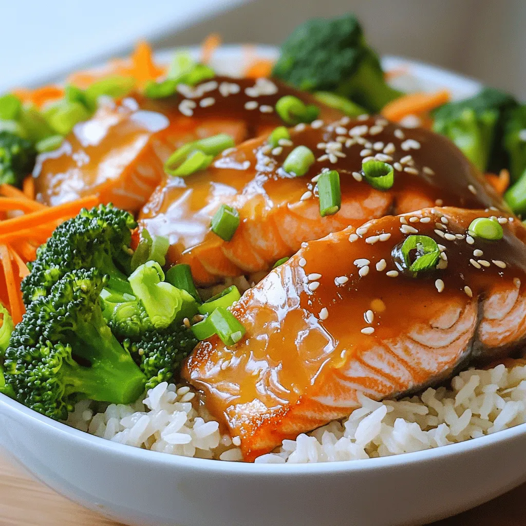 - 2 salmon fillets (approximately 6 ounces each) - 1/4 cup honey - 3 cloves of garlic, finely minced - 2 tablespoons soy sauce - 1 tablespoon fresh ginger, finely grated - 1 tablespoon sesame oil - 1 cup jasmine rice - 2 cups water or broth (chicken or vegetable) - 1 cup steamed broccoli florets - 1/2 cup shredded carrots - 1/4 cup green onions, thinly sliced - Sesame seeds for garnish - Salt and pepper to taste You need specific amounts for each item. Use 2 salmon fillets, about 6 ounces each. For the sauce, mix 1/4 cup honey, 3 minced garlic cloves, and 2 tablespoons soy sauce. Add 1 tablespoon of grated ginger and 1 tablespoon sesame oil. For the rice, 1 cup of jasmine rice needs 2 cups of water or broth. If you want to switch things up, you can use maple syrup instead of honey. You can also try tamari for a gluten-free option. For rice, brown rice works too, but cooking times will change. For a fresh look, add sliced green onions and sesame seeds on top. These give a nice crunch and enhance flavor. You can also consider adding avocado or lime wedges for extra richness and zest. To start, gather your ingredients for the marinade. You will need: - 1/4 cup honey - 3 cloves of garlic, finely minced - 2 tablespoons soy sauce - 1 tablespoon fresh ginger, finely grated - 1 tablespoon sesame oil Mix these items in a small bowl. Whisk them together until they blend well. This mix gives the salmon a sweet and savory flavor. Achieving a good balance is key here. Too much soy sauce can make it salty, while too little honey can make it bland. Aim for harmony in taste. Now, let's marinate the salmon. Take your two salmon fillets and place them in a shallow dish. Pour the marinade over the salmon. Make sure they are well-coated. Cover the dish with plastic wrap. Let it sit at room temperature for at least 15 minutes. If you have more time, refrigerate it for up to an hour. This extra time allows the flavors to soak in deeply. For the rice, combine 1 cup of jasmine rice with 2 cups of water or broth in a medium saucepan. Bring this mixture to a boil over high heat. Once it boils, lower the heat. Cover the pot and let it simmer for 15 minutes. Remove it from heat and let it sit for another 5 minutes. Fluff the rice with a fork before serving. For the salmon, heat a non-stick skillet over medium-high heat. Carefully remove the fillets from the marinade. Set the marinade aside for later. Place the salmon in the hot skillet. Cook for 5-6 minutes on each side. The salmon should turn golden and flake easily when done. While the salmon cooks, take the reserved marinade and pour it into a small saucepan. Heat it over medium heat until it simmers. Let it simmer for about 2-3 minutes. This reduces the sauce and thickens it for drizzling over the salmon. Always remember to handle raw salmon with care to avoid contamination. Now it’s time to build your bowls. Start with a base of fluffy jasmine rice. On top of the rice, add steamed broccoli florets and shredded carrots. Place a salmon fillet in each bowl. Drizzle the thickened marinade glaze over the entire dish to enhance the flavors. For the final touch, sprinkle sliced green onions on top. Add sesame seeds for crunch. These garnishes boost flavor and add color. You can also consider using a lemon wedge for a fresh look and aroma. Arranging the bowls in a colorful way makes the meal even more appealing. To cook salmon perfectly, start with fresh fillets. Fresh salmon has a bright color and a mild smell. You want to achieve a golden brown crust while keeping the inside tender. - Use a non-stick skillet to prevent sticking. - Cook on medium-high heat for even cooking. Check doneness by using a thermometer. The thickest part should reach 145°F (63°C). If you don't have a thermometer, look for the fish to flake easily with a fork. For convenience, use a rice cooker or an Instant Pot. These devices simplify the cooking process. - In a rice cooker, add 1 cup of jasmine rice and 1.5 cups of water. - For the Instant Pot, combine the same amount of rice and water. Cook on high pressure for 4 minutes, then let it naturally release. You can also try different rice types. Brown rice adds a nutty flavor, while sushi rice offers stickiness. To boost flavor, consider adding spices or toppings. - A sprinkle of cayenne pepper gives heat. - A dash of lime juice adds brightness. You can pair the dish with sauces like sriracha or a tangy yogurt sauce. These add a new twist and enhance the meal's overall taste. {{image_4}} If you want to change things up, try different proteins. Chicken is a great substitute. Use boneless chicken thighs or breasts. Cook them in the same marinade as the salmon. You will enjoy the same sweet and savory taste. Tofu is another option. Choose firm tofu for a nice texture. First, press the tofu to remove excess water. Then, cut it into cubes. Marinate the tofu just like the salmon. Sauté it in a hot pan until golden. Cooking times will differ: - Chicken: Cook for about 6-7 minutes per side. - Tofu: Cook for about 4-5 minutes per side. Adding different vegetables can make your bowl fresher. Broccoli is great, but you can also use snap peas or bell peppers. They add nice colors and crunch. Seasonal veggies are perfect for this dish. Try asparagus in spring or zucchini in summer. These choices will keep your meal exciting. You can steam or sauté these veggies. Just make sure they are tender but still bright. While the honey garlic glaze is tasty, you can play with flavors. A spicy honey glaze adds a kick. Mix in some chili flakes or sriracha to the marinade. Teriyaki sauce is also a fun choice. Just swap out the soy sauce for teriyaki. This will give your salmon a sweet and tangy twist. Feel free to experiment with flavors. Each sauce will add a new layer to your meal. To store your honey garlic salmon rice bowls, let them cool to room temperature first. Place them in airtight containers. This keeps the flavors fresh and prevents spills. Use glass or BPA-free plastic containers for best results. You can keep these bowls in the fridge for up to three days. When reheating, the goal is to keep the salmon tender and the rice fluffy. You can use a microwave or stovetop. If using a microwave, cover the container and heat in short bursts. Stir in between to heat evenly. If you prefer stovetop, add a splash of water in a pan and warm over low heat. This keeps the rice moist. Freezing is a great option for longer storage. You can freeze the salmon, rice, and veggies separately. Use freezer-safe bags or containers. Squeeze out as much air as possible to prevent freezer burn. The salmon can last up to three months, while rice and veggies are best used within two months. Always label your containers with the date. You should marinate salmon for at least 15 minutes. This gives it a nice flavor. You can marinate it for up to 1 hour in the fridge for deeper taste. Avoid marinating longer than that, as the fish can become too soft. Yes, you can prep this dish ahead. I recommend cooking the rice and salmon in advance. Store them separately in the fridge. When ready to eat, just reheat and assemble your bowls. This makes for a quick meal on busy nights. You can serve a simple salad or steamed vegetables with these bowls. A light cucumber salad pairs well. For drinks, try iced tea or a crisp white wine. These options enhance the meal without overpowering the flavors. Yes, this recipe can be gluten-free. Use gluten-free soy sauce instead of regular soy sauce. Check the labels on your ingredients to ensure they are free from gluten. This way, you can enjoy the dish without worry. To make this dish lighter, use less honey or a sugar substitute. You can also add more veggies, like spinach or bell peppers. Grilling the salmon instead of pan-frying can reduce fat. These adjustments keep the flavor while making it healthier. This blog post covers how to make tasty honey garlic salmon rice bowls. We discussed the key ingredients, the cooking steps, and variations for your taste. I shared tips for cooking salmon perfectly and how to assemble your dish nicely. Remember, you can customize with different proteins and vegetables. Follow the storage and reheating tips to enjoy leftovers. Dive in and try this recipe for a healthy meal that is full of flavor. You’ll love the results!