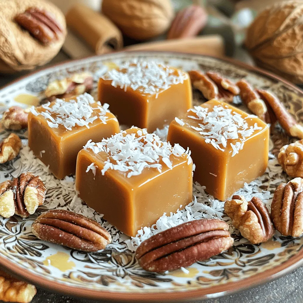 To make these tasty date caramels, you need a few key ingredients: - 1 cup Medjool dates, pitted - 1/4 cup creamy almond butter - 1/4 cup full-fat coconut milk - 1 teaspoon pure vanilla extract - 1/2 teaspoon sea salt - 1/4 cup chopped nuts (walnuts or pecans) - 1/4 cup unsweetened shredded coconut These ingredients work together to create a rich and sweet treat. Medjool dates give the caramels their natural sweetness. Almond butter adds creaminess and helps bind everything. Coconut milk makes the mix extra smooth and rich. You can also add these optional ingredients to take your caramels up a notch: - Extra chopped nuts for crunch - More shredded coconut for flavor - A sprinkle of sea salt on top for contrast These additions can make each bite even better. You can mix and match to find your favorite combination. Each ingredient in these date caramels has its own health benefits: - Medjool dates are high in fiber and natural sugars, giving you energy. - Almond butter provides healthy fats and protein, which can keep you full. - Coconut milk contains medium-chain triglycerides (MCTs), which may boost energy. - Vanilla extract offers antioxidants that can support health. - Sea salt balances flavors and enhances sweetness. - Chopped nuts add healthy fats, protein, and crunch. - Shredded coconut offers fiber and may support heart health. Together, these ingredients create a sweet snack that is not only delicious but also packed with nutrients. Enjoy making your date caramels! To start, soak your pitted Medjool dates in warm water. This step helps them soften. Let them soak for about 10 to 15 minutes. After that, drain the water and set the dates aside. Soft dates blend easier, making your caramels smooth. Next, add the softened dates to your food processor. Include the creamy almond butter, coconut milk, vanilla extract, and sea salt. Blend these ingredients until the mix turns smooth and creamy. You may need to stop and scrape the bowl’s sides. This ensures everything mixes well. Once your mixture is creamy, it’s time to add the fun stuff! Toss in the chopped nuts and shredded coconut. Gently fold these ingredients into your date mix. This step adds crunch and flavor to your caramels. Now, prepare your baking dish. Line an 8x8 inch dish with parchment paper. Leave some paper hanging over the edges for easy removal. Spread your date mixture into the dish. Use a spatula to flatten it. Press down firmly to compact the mixture well. After shaping, cover the dish with plastic wrap. Put it in the fridge for at least 2 hours. This time helps the mixture set. When ready, lift the caramels out using the parchment paper. Place them on a cutting board and slice into small squares or rectangles. For a special touch, roll each piece in extra shredded coconut. Enjoy your sweet, chewy snacks! Start with soft dates. Soaking them in warm water makes blending easy. Use Medjool dates, as they are sweet and chewy. Drain the dates well before blending. This keeps the texture right. In your food processor, add almond butter and coconut milk. The almond butter adds creaminess. Coconut milk makes everything smooth. Blend until the mix is well combined. Stop to scrape down the bowl. This ensures even mixing. Aim for a smooth and creamy texture. If the mixture seems too thick, add more coconut milk. A little goes a long way. You want it to hold together but not be too runny. When adding nuts and coconut, fold them in gently. This keeps the mixture thick and chunky. If you want a firmer caramel, press down hard when spreading in the dish. Chill it in the fridge for at least two hours. This helps it set nicely. Store your date caramels in an airtight container. This keeps them fresh longer. You can keep them in the fridge for about a week. If you want to save them longer, consider freezing. Wrap them well in parchment paper first. When you're ready to eat, let them thaw in the fridge. Always check for any signs of spoilage. If they look dry or hard, it's time to toss them out. {{image_4}} You can enjoy date caramels without nuts. Simply skip the nuts in the recipe. You can replace them with more shredded coconut for texture. This keeps your caramels creamy and yummy. If you want, add seeds like sunflower seeds or pumpkin seeds. These seeds add a nice crunch without using nuts. Want to mix things up? You can add flavors! Try adding a teaspoon of cinnamon for warmth. You can also use cocoa powder for a chocolate twist. For a tropical taste, add a bit of lime zest. Another option is to mix in a splash of coffee or espresso for a rich flavor. These small changes create a unique taste in every bite! Making these caramels vegan is easy. The base is already plant-based! Just be sure to use almond butter that is free from animal products. You can also use any plant-based milk you like. Almond milk or oat milk works well. If you want a sweeter flavor, try a splash of maple syrup instead of the vanilla. These swaps keep your caramels tasty and vegan-friendly. To keep your date caramels fresh, store them in an airtight container. This helps keep them moist and tasty. Place parchment paper between layers if stacking them. This prevents sticking and makes them easier to grab. You can freeze date caramels for later use. Wrap each piece in plastic wrap. Then, place them in a freezer-safe bag or container. They will last up to three months. When ready to eat, thaw them in the fridge overnight. Date caramels can last about one week in the fridge. Check for any changes in texture or smell. If they feel hard or smell off, it’s best to toss them. For the best taste, enjoy them fresh! Yes, you can use other dates. Medjool dates are sweet and soft, making them great for caramels. However, you can also use Deglet Noor dates. They are firmer and less sweet. If you use them, soak the dates longer in warm water. This helps them blend better. If the mixture is too sticky, try these tips. First, chill the mixture for 30 minutes. This makes it easier to handle. If it’s still sticky, dust your hands with a little shredded coconut or almond flour. This will help you shape the caramels without the mixture sticking to your hands. You will know the caramels are set when they feel firm to the touch. After chilling for at least 2 hours, gently press the mixture. If it holds its shape, it’s ready. You can also slice a small piece to check the texture. It should be chewy and not too soft. Date caramels are simple to make and can be delicious. We covered key ingredients and how they add flavor and nutrition. I shared step-by-step instructions to make the process easy. You learned tips for the best texture and how to store them. We also explored fun variations and answered common questions. These caramels are tasty treats for everyone, and you can customize them easily. Enjoy making and sharing these healthy snacks!