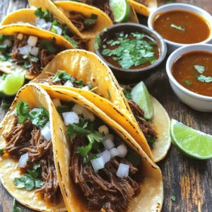 For perfect birria tacos, gather these key items: - 2 lbs beef chuck roast, cut into large chunks - 1 lb bone-in beef short ribs - 4 dried guajillo chilies - 3 dried ancho chilies - 2 tablespoons olive oil - 1 large onion, finely chopped - 4 cloves garlic, minced - 1 teaspoon ground cumin - 1 teaspoon dried oregano - 1/2 teaspoon freshly ground black pepper - 1 teaspoon sea salt (adjust more to taste) - 4 cups beef broth - 8 small corn tortillas - Fresh cilantro, chopped (for garnish) - Diced onions (for garnish) - Lime wedges (for serving) You will need a few tools to make these tacos: - A large pot or Dutch oven for cooking - A blender for the marinade - A skillet for toasting tortillas - A cutting board for shredding meat - Two forks for shredding Feel free to add your favorite touches: - Avocado slices for creaminess - Jalapeños for extra heat - Queso fresco for a cheesy twist - Sour cream for a cool contrast Start by taking four guajillo chilies and three ancho chilies. Remove the stems and seeds carefully. Heat a dry skillet over medium heat. Toast the chilies for two to three minutes. Keep an eye on them and stir. You want them fragrant and a bit dark. After toasting, put the chilies in a bowl and cover them with hot water. Let them soak for about 15 minutes. This step makes them soft and ready for blending. Grab a blender for this part. Add the soaked chilies, one chopped onion, and four minced garlic cloves. Don't forget one teaspoon of ground cumin and one teaspoon of dried oregano. Add half a teaspoon of black pepper and one teaspoon of sea salt. Pour in one cup of beef broth. Blend it all until smooth. This marinade will pack a punch! In a large pot or Dutch oven, heat two tablespoons of olive oil over medium heat. Add two pounds of beef chuck and one pound of bone-in beef short ribs. Sear the meat on all sides for about five to seven minutes. It should be nicely browned. Next, pour in the marinade you made. Add the rest of the beef broth, which is three cups. Bring the pot to a boil, then lower the heat to simmer. Cover it and let it cook for two to two and a half hours. The meat should become fork-tender. Once the meat cooks, take it out and place it on a cutting board. Use two forks to shred it into bite-sized pieces. This should be easy since the meat is tender. After shredding, return the meat to the pot. Let it soak in the rich broth for more flavor. Get a separate skillet and heat it over medium heat. Take each corn tortilla and toast it lightly, about 30 seconds on each side. The tortillas should warm up and be flexible. Now, it’s time to fill them! Take a warmed tortilla and add a generous amount of shredded birria meat. Top it with chopped onions and fresh cilantro. This adds a nice crunch and flavor. Serve the tacos with a side of the rich broth for dipping. Enjoy the tasty flavors! To make your meat flavorful, marinate it well. Use a mix of spices and chilies. Coat the beef chuck and ribs in the marinade. Cover the bowl with plastic wrap. Let it rest in the fridge for at least two hours, ideally overnight. This helps the flavors soak in. If you can, use fresh herbs for a brighter taste. To toast tortillas, heat a skillet over medium heat. Place one corn tortilla in the skillet. Toast for about 30 seconds on each side. You want them warm and soft, not crispy. This step makes them easy to fold. If you like, add a little oil for extra flavor. For a great look, arrange the tacos on a large platter. Place the tacos close together for a cozy feel. Add small bowls of broth for dipping. Garnish with lime wedges and fresh cilantro. This adds color and freshness. A well-presented dish makes the meal more inviting. {{image_4}} You can use various meats for birria tacos. Beef is the classic choice, but you can try lamb or goat. Each meat brings its own taste. If you prefer poultry, chicken works well too. Just adjust the cook time as needed. Chicken cooks faster than beef. If you want a plant-based option, use jackfruit or mushrooms. Jackfruit mimics the texture of meat. Shred it like you would beef. You can also use hearty veggies like eggplant or zucchini. Cook them in the same rich broth for great flavor. Toppings can make your birria tacos shine. Traditional choices include chopped onions and fresh cilantro. You can also add crumbled queso fresco for creaminess. Squeeze lime juice on top for a zesty kick. Serve with a side of spicy salsa for extra flavor. To keep your ingredients fresh, follow these tips: - Store the dried chilies in an airtight container. - Keep beef in the fridge, wrapped tightly. - Store any leftover marinade in a sealed jar. - Fresh cilantro should be kept in water, like a bouquet, in the fridge. For the best taste, refrigerate cooked birria meat: - Place it in a container and seal it well. - It lasts up to three days in the fridge. - For longer storage, freeze the meat in a freezer bag. - Frozen meat can last up to three months. - Store the broth separately in a jar for easy use. When you’re ready to enjoy leftovers: - For the meat, heat it in a pot over low heat. - Add a splash of broth to keep it moist. - For the broth, simmer it on the stove until hot. - Reheat tortillas in a skillet for a few seconds. - Assemble your tacos fresh for the best taste. Birria tacos are a tasty Mexican dish made from tender, shredded beef. The beef gets marinated in a mix of dried chilies, spices, and broth. Once cooked, you fill corn tortillas with the shredded beef and top them with onions and cilantro. You can dip these tacos into a rich broth called consommé for extra flavor. Making birria tacos takes about three hours in total. You spend about 20 minutes prepping the ingredients. The meat then cooks for two to two and a half hours to become tender. Marinating the meat for at least two hours helps develop great flavors. Yes, you can use chicken or pork for birria tacos. Each meat will give a different taste to the dish. For chicken, use thighs for more flavor. For pork, a shoulder cut works well. Adjust the cooking time based on the type of meat you choose. Birria tacos pair well with lime wedges, diced onions, and fresh cilantro. You can also serve them with rice, beans, or a light salad. A side of avocado or guacamole adds a nice creamy touch too. Don't forget the dipping consommé for extra flavor! You can find the full recipe for birria tacos above in this article. It includes all the ingredients and step-by-step instructions to help you make this delicious dish at home. Enjoy the cooking process and the tasty results! You learned about making delicious birria tacos today. We covered key ingredients, equipment, and how to customize your dish. I shared step-by-step instructions for perfect tacos. Tips helped you master marinade, tortillas, and presentation. We explored variations, from meats to vegetarian options. Lastly, we discussed storage and reheating. Now, you have the tools to create your own tasty birria tacos. Enjoy the flavors and impress your friends and family!