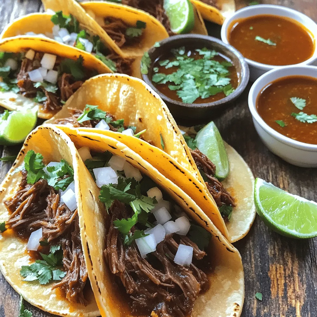 For perfect birria tacos, gather these key items: - 2 lbs beef chuck roast, cut into large chunks - 1 lb bone-in beef short ribs - 4 dried guajillo chilies - 3 dried ancho chilies - 2 tablespoons olive oil - 1 large onion, finely chopped - 4 cloves garlic, minced - 1 teaspoon ground cumin - 1 teaspoon dried oregano - 1/2 teaspoon freshly ground black pepper - 1 teaspoon sea salt (adjust more to taste) - 4 cups beef broth - 8 small corn tortillas - Fresh cilantro, chopped (for garnish) - Diced onions (for garnish) - Lime wedges (for serving) You will need a few tools to make these tacos: - A large pot or Dutch oven for cooking - A blender for the marinade - A skillet for toasting tortillas - A cutting board for shredding meat - Two forks for shredding Feel free to add your favorite touches: - Avocado slices for creaminess - Jalapeños for extra heat - Queso fresco for a cheesy twist - Sour cream for a cool contrast Start by taking four guajillo chilies and three ancho chilies. Remove the stems and seeds carefully. Heat a dry skillet over medium heat. Toast the chilies for two to three minutes. Keep an eye on them and stir. You want them fragrant and a bit dark. After toasting, put the chilies in a bowl and cover them with hot water. Let them soak for about 15 minutes. This step makes them soft and ready for blending. Grab a blender for this part. Add the soaked chilies, one chopped onion, and four minced garlic cloves. Don't forget one teaspoon of ground cumin and one teaspoon of dried oregano. Add half a teaspoon of black pepper and one teaspoon of sea salt. Pour in one cup of beef broth. Blend it all until smooth. This marinade will pack a punch! In a large pot or Dutch oven, heat two tablespoons of olive oil over medium heat. Add two pounds of beef chuck and one pound of bone-in beef short ribs. Sear the meat on all sides for about five to seven minutes. It should be nicely browned. Next, pour in the marinade you made. Add the rest of the beef broth, which is three cups. Bring the pot to a boil, then lower the heat to simmer. Cover it and let it cook for two to two and a half hours. The meat should become fork-tender. Once the meat cooks, take it out and place it on a cutting board. Use two forks to shred it into bite-sized pieces. This should be easy since the meat is tender. After shredding, return the meat to the pot. Let it soak in the rich broth for more flavor. Get a separate skillet and heat it over medium heat. Take each corn tortilla and toast it lightly, about 30 seconds on each side. The tortillas should warm up and be flexible. Now, it’s time to fill them! Take a warmed tortilla and add a generous amount of shredded birria meat. Top it with chopped onions and fresh cilantro. This adds a nice crunch and flavor. Serve the tacos with a side of the rich broth for dipping. Enjoy the tasty flavors! To make your meat flavorful, marinate it well. Use a mix of spices and chilies. Coat the beef chuck and ribs in the marinade. Cover the bowl with plastic wrap. Let it rest in the fridge for at least two hours, ideally overnight. This helps the flavors soak in. If you can, use fresh herbs for a brighter taste. To toast tortillas, heat a skillet over medium heat. Place one corn tortilla in the skillet. Toast for about 30 seconds on each side. You want them warm and soft, not crispy. This step makes them easy to fold. If you like, add a little oil for extra flavor. For a great look, arrange the tacos on a large platter. Place the tacos close together for a cozy feel. Add small bowls of broth for dipping. Garnish with lime wedges and fresh cilantro. This adds color and freshness. A well-presented dish makes the meal more inviting. {{image_4}} You can use various meats for birria tacos. Beef is the classic choice, but you can try lamb or goat. Each meat brings its own taste. If you prefer poultry, chicken works well too. Just adjust the cook time as needed. Chicken cooks faster than beef. If you want a plant-based option, use jackfruit or mushrooms. Jackfruit mimics the texture of meat. Shred it like you would beef. You can also use hearty veggies like eggplant or zucchini. Cook them in the same rich broth for great flavor. Toppings can make your birria tacos shine. Traditional choices include chopped onions and fresh cilantro. You can also add crumbled queso fresco for creaminess. Squeeze lime juice on top for a zesty kick. Serve with a side of spicy salsa for extra flavor. To keep your ingredients fresh, follow these tips: - Store the dried chilies in an airtight container. - Keep beef in the fridge, wrapped tightly. - Store any leftover marinade in a sealed jar. - Fresh cilantro should be kept in water, like a bouquet, in the fridge. For the best taste, refrigerate cooked birria meat: - Place it in a container and seal it well. - It lasts up to three days in the fridge. - For longer storage, freeze the meat in a freezer bag. - Frozen meat can last up to three months. - Store the broth separately in a jar for easy use. When you’re ready to enjoy leftovers: - For the meat, heat it in a pot over low heat. - Add a splash of broth to keep it moist. - For the broth, simmer it on the stove until hot. - Reheat tortillas in a skillet for a few seconds. - Assemble your tacos fresh for the best taste. Birria tacos are a tasty Mexican dish made from tender, shredded beef. The beef gets marinated in a mix of dried chilies, spices, and broth. Once cooked, you fill corn tortillas with the shredded beef and top them with onions and cilantro. You can dip these tacos into a rich broth called consommé for extra flavor. Making birria tacos takes about three hours in total. You spend about 20 minutes prepping the ingredients. The meat then cooks for two to two and a half hours to become tender. Marinating the meat for at least two hours helps develop great flavors. Yes, you can use chicken or pork for birria tacos. Each meat will give a different taste to the dish. For chicken, use thighs for more flavor. For pork, a shoulder cut works well. Adjust the cooking time based on the type of meat you choose. Birria tacos pair well with lime wedges, diced onions, and fresh cilantro. You can also serve them with rice, beans, or a light salad. A side of avocado or guacamole adds a nice creamy touch too. Don't forget the dipping consommé for extra flavor! You can find the full recipe for birria tacos above in this article. It includes all the ingredients and step-by-step instructions to help you make this delicious dish at home. Enjoy the cooking process and the tasty results! You learned about making delicious birria tacos today. We covered key ingredients, equipment, and how to customize your dish. I shared step-by-step instructions for perfect tacos. Tips helped you master marinade, tortillas, and presentation. We explored variations, from meats to vegetarian options. Lastly, we discussed storage and reheating. Now, you have the tools to create your own tasty birria tacos. Enjoy the flavors and impress your friends and family!