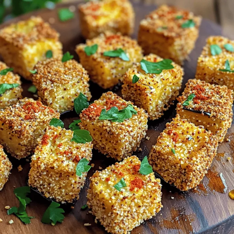 For tasty low-calorie air fryer eggplant, you need: - 1 medium eggplant, cut into 1-inch cubes - 1 tablespoon extra virgin olive oil - 1 teaspoon garlic powder - 1 teaspoon smoked paprika - ½ teaspoon sea salt - ½ teaspoon freshly cracked black pepper - ½ cup whole wheat bread crumbs These ingredients create a wonderful base. The eggplant provides a soft texture. The olive oil and spices add great flavor. The bread crumbs give a nice crunch. To make the eggplant even better, consider adding: - 2 tablespoons nutritional yeast Nutritional yeast adds a cheesy taste. It also boosts the umami flavor. This is perfect if you want a savory edge. For a fresh touch, you can garnish with: - Fresh parsley, finely chopped Garnishing with parsley adds color and freshness. It also enhances the dish's overall appeal. Consider serving with a dipping sauce like hummus for extra flavor. Start by preheating your air fryer to 375°F (190°C). This warms the air fryer, helping your eggplant bites cook evenly. It takes about 3 to 5 minutes. While it warms, gather your tools and ingredients. This makes your cooking process smooth and fun. In a large bowl, add the eggplant cubes. Pour in 1 tablespoon of extra virgin olive oil. Sprinkle 1 teaspoon of garlic powder, 1 teaspoon of smoked paprika, ½ teaspoon of sea salt, and ½ teaspoon of black pepper over the cubes. Mix well until every piece gets coated. In another bowl, combine ½ cup of whole wheat bread crumbs with 2 tablespoons of nutritional yeast. This mix gives the bites a tasty crunch. Take each eggplant cube and roll it in the breadcrumb mixture, pressing gently to stick. Make sure each piece is fully covered for the best flavor. Place the coated eggplant cubes in the air fryer basket. Keep them in a single layer. If your basket is small, cook in batches. Air fry them for 12-15 minutes. Halfway through, shake the basket to help them crisp up. They are done when golden brown and crispy on the outside. Carefully remove them from the air fryer and place them on a serving dish. Garnish with finely chopped fresh parsley for a pop of color. Enjoy your crispy eggplant bites as a healthy snack or appetizer! To achieve crispy eggplant bites, start with a good oil. I use extra virgin olive oil. It adds flavor and helps the crumbs stick. Make sure to coat each cube well with oil. This step is key for that crunchy texture. Also, preheat your air fryer. A hot fryer cooks the eggplant evenly and crisps it nicely. Soggy eggplant can ruin your bites. To avoid this, you must salt the eggplant first. Sprinkle sea salt on the cubes and let them sit for about 15 minutes. This step draws out excess moisture. After that, rinse and pat them dry. This process helps the eggplant stay firm and absorb less oil during cooking. Cooking times may vary based on your air fryer model. If your fryer runs hot, check the eggplant after 10 minutes. For cooler models, you may need the full 15 minutes. Always shake the basket halfway through. This action allows even cooking. Trust your eyes; look for that golden-brown color to ensure they are ready. {{image_4}} Want a kick? Add spice! Mix cayenne pepper or chili powder into your seasoning. Adjust the amount to your taste. Toss the eggplant with this mix along with the other spices. This will add heat and depth. The spicy bites are great as a snack or appetizer. Serve with a cooling dip, like yogurt or ranch. For a cheesy flavor, use nutritional yeast. Mix it with your breadcrumbs before coating the eggplant. Nutritional yeast adds a rich, umami taste without the extra calories. It’s perfect for those who love cheese but want to keep it light. Bake as usual, and enjoy the cheesy crunch. Herbs make everything better! Try adding dried herbs like oregano, thyme, or basil. Mix these into your seasoning blend. Fresh herbs like parsley or cilantro can also be added before serving. This will give your eggplant a fresh and fragrant taste. These bites pair well with any dipping sauce. To keep your leftover eggplant bites fresh, place them in a sealed container. Store them in the fridge for up to three days. This works best for quick snacks or meals. Make sure they cool down before sealing to avoid moisture buildup. If you want to save eggplant bites for later, freezing is a great option. First, let them cool completely. Next, arrange the bites in a single layer on a baking sheet. Freeze until solid, then transfer them to a freezer-safe bag. They can last for up to two months. This way, you can enjoy them anytime! To reheat and keep them crispy, use the air fryer again. Set it to 375°F (190°C) and cook for about 5-7 minutes. This method helps restore that crunchy texture. You can also use an oven if needed, but the air fryer is best for crispiness. Enjoy them like they are fresh out of the fryer! Yes, you can make this recipe gluten-free. Simply swap the whole wheat bread crumbs for gluten-free bread crumbs. Many brands offer great options that taste just as good. Always check labels to ensure they meet your needs. You have many tasty options for dipping sauces. Hummus is a great choice. It adds creaminess and flavor. A tangy yogurt dip also works well. You can mix yogurt with herbs or garlic for extra taste. Try a spicy sauce if you like heat. Each sauce will enhance the eggplant bites. To check if the eggplant is cooked, look for a golden brown color. The bites should feel crispy on the outside. You can also pierce them gently with a fork. If the fork goes in easily, they are done. Cooking time may vary, so keep an eye on them! This blog taught you about making low-calorie air fryer eggplant bites. We covered key ingredients, step-by-step cooking, tips for crispiness, fun variations, and storage tips. Remember, the right preparation means tasty bites every time. You can boost flavor with herbs or cheese, and sauces can add fun too. Feel free to experiment and make this recipe your own. Enjoy your crispy treats!