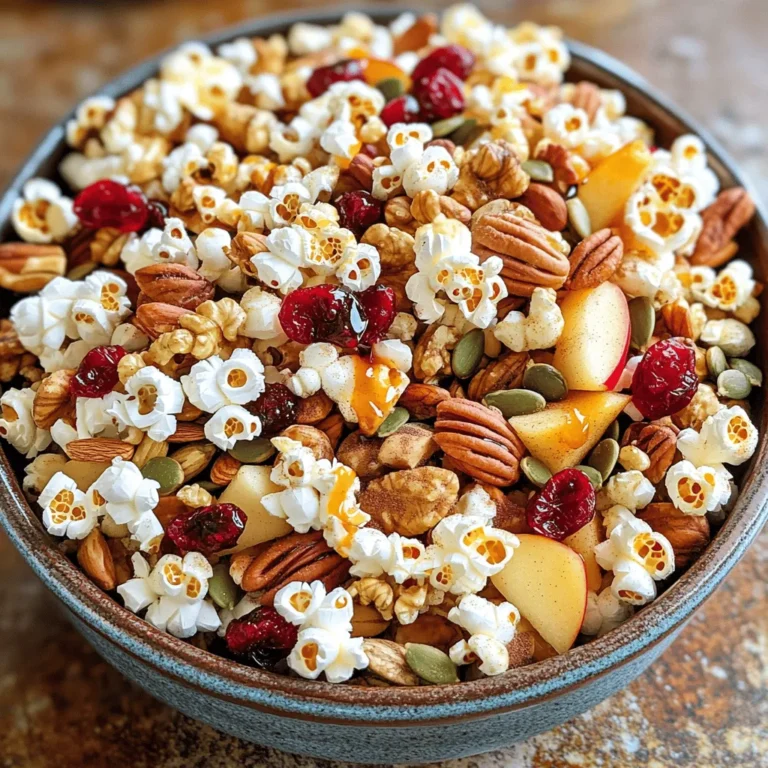 - 2 cups mixed nuts (walnuts, pecans, almonds) - 1 cup pumpkin seeds (pepitas) - 1 cup dried cranberries - 1 cup dried apple chunks - 1 cup popcorn (popped and lightly salted) - 1 teaspoon ground cinnamon - ½ teaspoon ground nutmeg - ¼ cup pure maple syrup - A pinch of sea salt You can easily change some ingredients. If you have nut allergies, use seeds like sunflower seeds or more pumpkin seeds. For sweeteners, try honey or agave syrup instead of maple syrup. Using fall ingredients gives you great health perks. Nuts are full of healthy fats and protein. Dried fruits offer fiber and vitamins. Pumpkin seeds are great for minerals. Eating with the season means you get the freshest flavors and nutrients. It also helps local farmers and reduces food waste. Enjoying seasonal food can make your meals richer in taste and health! 1. First, preheat your oven to 350°F (175°C). This is key for toasting the mix. 2. Next, grab a large mixing bowl. Add 2 cups of mixed nuts, 1 cup of pumpkin seeds, 1 cup of dried cranberries, and 1 cup of dried apple chunks. Stir gently to mix everything well. 1. In a small saucepan, warm ¼ cup of pure maple syrup. Add 1 teaspoon of ground cinnamon, ½ teaspoon of nutmeg, and a pinch of sea salt. Stir until warm and blended nicely. 2. Pour the warm syrup over the nut and fruit blend in your mixing bowl. Use a spatula to toss everything together. Make sure all pieces are coated evenly. 3. Spread the coated mix on a parchment-lined baking sheet. This helps with even toasting and easy cleanup. 4. Bake for 15 to 20 minutes. Stir halfway through to ensure even cooking. You want the nuts to turn golden brown and smell great. 1. Once the mix is toasted, take it out of the oven. Let it cool completely at room temperature. Cooling is crucial for getting that crunchy texture. 2. After cooling, add 1 cup of popped and lightly salted popcorn to the nut and fruit mixture. Toss gently to combine everything well. Enjoy your tasty Autumn Harvest Snack Mix! To get the best flavor in your Autumn Harvest Snack Mix, even coating is key. When you pour the warm syrup over the nuts and fruits, make sure to stir gently. This helps each piece get the tasty syrup. If you skip this, some nuts may taste plain. Toasting the mix boosts its flavor. Bake the snack mix in the oven at 350°F for 15-20 minutes. Stir halfway through to ensure even toasting. Look for a golden brown color. This will make the nuts crunchy and enhance their taste. When serving your snack mix, presentation matters. Use rustic bowls or clear jars for a cozy, autumn look. You can even add a sprinkle of cinnamon on top for a nice touch. Pair your snack mix with warm apple cider or herbal tea. These drinks match the fall flavors well. Guests will love this tasty combination! Make your mix unique by adding chocolate or coconut. A handful of dark chocolate chips or shredded coconut can add a fun twist. You can also adjust the spice levels. If you like more heat, try a pinch of cayenne pepper. For less spice, skip the nutmeg or reduce the cinnamon. Tailor the mix to match your taste! {{image_4}} You can make your Autumn Harvest Snack Mix sweet or savory. For a savory mix, try adding spices like paprika or garlic powder. These spices bring a warm taste that balances the sweetness of the dried fruits. You can also mix in some cheese, like cheddar or parmesan, for a rich flavor. Adding olives gives a nice salty bite. If you need gluten-free options, use gluten-free oats instead of popcorn. This keeps the crunch while supporting your diet. For a vegan twist, swap maple syrup with agave nectar. It offers similar sweetness without animal products. You can also use coconut nectar as a sweetener. Think about global flavors to spice up your mix. Add curry powder for an Indian flair or chili powder for a Mexican kick. You can even use dried fruits from different cultures, like mango or goji berries. These choices add unique tastes and seasonal flavors from around the world. Store your Autumn Harvest Snack Mix in an airtight container. This keeps it fresh and crunchy. A glass jar or a plastic container with a tight lid works great. Place it in a cool, dry place, away from sunlight. A pantry or a cupboard is perfect. Your snack mix stays fresh for up to two weeks. After that, it may lose its crunch. Signs of spoilage include a stale smell or a soft texture. If your mix feels gummy or sticky, it's time to toss it. Yes, you can freeze the snack mix! Freezing helps you save it for later. To freeze, put the mix in a freezer-safe bag. Squeeze out as much air as you can. When you want to eat it, take it out and let it thaw at room temperature. Enjoy it crunchy and fresh! Your Autumn Harvest Snack Mix will stay fresh for up to two weeks. Store it in an airtight container. Keep it in a cool, dry place. This way, it will stay crunchy and tasty. If you see any signs of spoilage, like a bad smell or soft texture, it is best to toss it. Yes, you can make this snack mix ahead of time. It is perfect for parties or busy days. Just follow the recipe and let it cool completely. Once cooled, store it in an airtight container. You can make it a few days in advance. The flavors will blend well, making it even yummier. If you want a different texture, you can skip popcorn. Try using puffed rice or crunchy cereal instead. Both will add a nice crunch. You could also use pretzel pieces for a salty twist. Just remember to adjust the salt in your mix if you add salty snacks. This blog post guides you to create a delicious Autumn Harvest Snack Mix. We covered the best ingredients and how to prepare them. You learned substitution ideas for dietary needs and the benefits of using seasonal ingredients. I shared helpful tips for perfecting your mix and suggested unique variations. Proper storage tips ensure your snack stays fresh. Enjoy making this mix as a cozy treat for fall. It's an easy way to celebrate the season with tasty flavors and healthy options. Try it out and let your creativity shine!