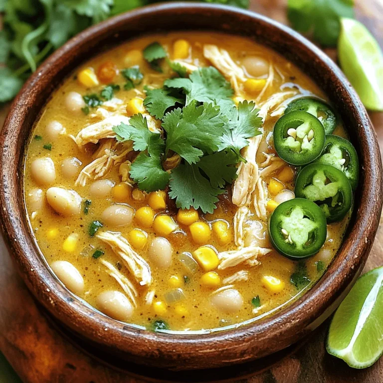 - 1.5 lbs boneless, skinless chicken breasts - 1 medium onion, finely chopped - 2 cloves garlic, minced - 1 can (15 oz) white beans, drained and rinsed - 1 can (15 oz) corn, drained - 1 can (4 oz) diced green chilies - 4 cups chicken broth - 1 teaspoon ground cumin - 1 teaspoon smoked paprika - ½ teaspoon ground coriander - Salt and ground black pepper to taste - 1 cup heavy cream or coconut cream This creamy white chicken chili is all about the right mix of ingredients. I start with the chicken at the bottom. It cooks slowly and stays moist that way. The onion and garlic add a nice kick. They mix well and fill your kitchen with a warm aroma. The white beans and corn add sweetness and texture. The green chilies give it a nice touch of heat without being too spicy. The broth is the base. It brings everything together. I use chicken broth for a rich flavor. The seasonings, like cumin and smoked paprika, add depth. They work together for a nice, balanced taste. Finally, I add cream. It makes the chili rich and creamy. You can use coconut cream if you want a lighter option. It still tastes great! Each ingredient plays a role in making this dish a favorite for many. Start by placing the chicken breasts at the bottom of your slow cooker. This layer is important for even cooking. Next, sprinkle the chopped onion and minced garlic over the chicken. This adds great flavor to the dish. Now, layer in the drained white beans, corn, and diced green chilies. This colorful mix makes the chili more appealing. Carefully pour the chicken broth on top of the layers. It helps cook everything evenly. Finally, add the ground cumin, smoked paprika, ground coriander, salt, and pepper. This mix of spices gives the chili its unique taste. Now it's time to cook! Cover the slow cooker and set it to low for 7-8 hours or high for 4-5 hours. Cooking on low helps the flavors blend well. The chicken should be tender enough to shred easily. Check after the time is up to ensure it's cooked through. After cooking, use tongs to take out the chicken breasts. Place them on a cutting board. Shred the chicken with two forks until fluffy. Return the shredded chicken to the slow cooker and stir it into the mix. Next, stir in the heavy cream or coconut cream. Let it warm for an extra 10-15 minutes on low, stirring now and then. Before serving, taste the chili. Adjust the seasoning by adding more salt and pepper if needed. Serve hot, garnished with chopped cilantro, and add jalapeños and lime wedges for a fresh touch. To boost the taste of your chili, consider adding spices. Try cayenne pepper for a kick. A dash of oregano or thyme can also add depth. If you like it spicy, slice fresh jalapeños and mix them in. They add heat and a fresh taste. When shredding chicken, use two forks. This method breaks apart the meat well. For creaminess, you can adjust the amount of heavy cream. Start with one cup, then add more if you want it richer. Coconut cream is a great choice for a lighter option. Garnish each bowl with fresh cilantro. It adds color and flavor. If you love heat, top with sliced jalapeños. Serve lime wedges on the side for a zesty touch. Pair your chili with crusty bread or a side salad for a full meal. {{image_4}} You can easily modify this recipe to fit your diet. If you want a dairy-free option, use coconut cream instead of heavy cream. It adds a nice, rich taste. Just swap one cup of heavy cream for one cup of coconut cream. For a vegetarian version, skip the chicken. Use two cans of beans instead. White beans work great, but you can mix it up. Try black beans or kidney beans for a different flavor. Sometimes you may not have all the ingredients. No worries! You can swap white beans for chickpeas or lentils. Each will give a unique taste and texture. If you want to change the corn, use frozen peas or diced bell peppers. They add color and sweetness. You can also adjust the spices. Add more cumin for a stronger flavor. Or, include a pinch of chili powder for a bit of heat. Adding local chili peppers can give this dish a fun twist. If you love spice, try using jalapeños or Anaheim peppers. They bring a nice kick without being too hot. You can also switch the meat. Instead of chicken, use turkey for a lighter option. Or, try shrimp for a seafood flair. This will change the flavor but keep it delicious! To store your creamy white chicken chili, let it cool down first. Place it in a clean, airtight container. This helps keep the flavors fresh. You can store it in the fridge for up to four days. However, it tastes best when you eat it within two days. If you want to keep the chili longer, freezing is a great option. First, let it cool completely. Then, scoop it into freezer-safe bags or containers. Leave some space for the chili to expand. You can freeze it for up to three months. To thaw, move it to the fridge overnight. This keeps it from losing flavor and texture. When you’re ready to eat the chili, reheat it gently. The best method is to use a pot on the stove. Heat it over medium-low heat, stirring often. This way, it warms evenly without overcooking. If you use a microwave, do it in short bursts. Stir after each burst to avoid hot spots. Enjoy your meal again without losing that creamy goodness! To add spice, try these options: - Add sliced jalapeños to the mix. - Use hot diced green chilies instead of mild ones. - Mix in some cayenne pepper or chili powder. These suggestions help bring heat without taking over the dish. Yes, you can! Prepare the chili up to the cooking step. - Store the uncooked ingredients in the fridge for up to a day. - You can also freeze them for later use. When ready, just cook in the slow cooker. This makes meal prep easy. For a complete meal, consider these pairings: - Serve with warm, crusty bread or cornbread. - Top the chili with shredded cheese or sour cream. - Fresh lime wedges add a zesty touch. - Cilantro and sliced jalapeños are great for garnishing. Yes, you can use frozen chicken breasts. - Just place them in the slow cooker without thawing. - Increase the cooking time by about an hour. This way, you still get tender chicken without extra steps. This blog post covered making a simple and delicious Slow Cooker Creamy White Chicken Chili. We went over the key ingredients, step-by-step cooking instructions, and helpful tips. You learned about flavor enhancements, dietary variations, and storage methods. Remember, cooking can be flexible. Adjust spices and ingredients to suit your taste or needs. Enjoy your chili with your favorite sides for a satisfying meal that warms you up! Happy cooking!
