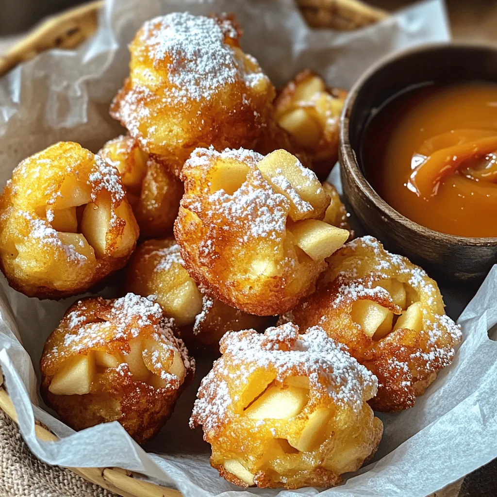 - 2 medium apples (preferably Granny Smith or Honeycrisp) - 1 cup all-purpose flour - 1/2 cup granulated sugar - 1 teaspoon baking powder - 1/2 teaspoon ground cinnamon - 1/4 teaspoon ground nutmeg - 1/2 teaspoon kosher salt - 1/2 cup milk (whole or 2%) - 1 large egg - 1 teaspoon pure vanilla extract - Vegetable oil (for frying) - Powdered sugar (for dusting) Gathering the right ingredients is key to making great apple fritter bites. Start with two medium apples. Granny Smith or Honeycrisp works best. These apples add a nice tartness and crunch. Next, you will need one cup of all-purpose flour. This gives the bites their structure. Add half a cup of granulated sugar for sweetness. Now, let’s look at the essential baking components. You need one teaspoon of baking powder to help the bites rise. A half teaspoon of ground cinnamon and a quarter teaspoon of ground nutmeg adds warmth and flavor. Finally, a half teaspoon of kosher salt balances the sweetness. For the wet ingredients, grab half a cup of milk. Whole or 2% milk adds richness. Crack one large egg into a bowl and whisk it. Add one teaspoon of pure vanilla extract for a lovely aroma. You will also need vegetable oil for frying. Lastly, powdered sugar dusts the bites to make them look and taste amazing. With these ingredients ready, you are set to create irresistible apple fritter bites that everyone will love! Start by whisking together your dry ingredients. In a large bowl, mix: - 1 cup all-purpose flour - 1/2 cup granulated sugar - 1 teaspoon baking powder - 1/2 teaspoon ground cinnamon - 1/4 teaspoon ground nutmeg - 1/2 teaspoon kosher salt Make sure these are well combined. This mix gives your fritter bites a nice flavor and texture. In another bowl, whisk together your wet ingredients. You will need: - 1 large egg - 1/2 cup milk (whole or 2% for extra creaminess) - 1 teaspoon pure vanilla extract Whisk until everything is smooth. This step ensures your fritter bites are moist and flavorful. Now, it’s time to combine the two mixtures. Gradually pour the wet mix into the dry mix. Stir gently until they are just combined. A few lumps are okay. Next, carefully fold in: - 2 medium apples, peeled and diced into small cubes Make sure each apple piece is coated in batter for even bites. Heat vegetable oil in a heavy pot over medium heat. Aim for about 350°F (175°C). To test, drop in a small spoonful of batter. If it sizzles, you’re ready! Using a small scoop or spoon, drop bite-sized balls of batter into the hot oil. Fry in small batches to avoid crowding. Cook for about 2-3 minutes on each side until golden brown. Once fried, use a slotted spoon to lift them out. Place them on a paper towel-lined plate to soak up extra oil. While still warm, dust lightly with powdered sugar for a sweet finish. Enjoy these delightful bites warm for the best taste! To get light and fluffy apple fritter bites, avoid overmixing the batter. When you combine the wet and dry ingredients, mix just until you see no more dry flour. A few small lumps are okay. This method keeps the bites airy and tender. Testing the oil temperature is key. Before you fry, drop a small spoon of batter into the oil. If it sizzles and rises, your oil is ready. If it sinks or does not bubble, wait a bit longer. Proper oil temperature gives you a crispy outside and soft inside. Serve your warm apple fritter bites with a side of warm caramel sauce or maple syrup. This adds a sweet touch that everyone will love. You can also dust them with powdered sugar for a beautiful finish. Enjoy them fresh with friends or family for a delightful treat. {{image_4}} You can make your apple fritter bites even sweeter! Just add chocolate chips or caramel bits to the batter. This extra touch gives a rich flavor and a fun surprise in every bite. Kids love chocolate, and caramel adds a nice gooeyness. Try it out next time for a sweet twist! Want to mix things up? You can use pears or peaches instead of apples. Both fruits bring a different taste and texture. Pears are juicy and sweet, while peaches add a lovely aroma. This way, you can enjoy a variety of flavors in your fritter bites! If you need a gluten-free treat, you can swap the all-purpose flour for a gluten-free flour blend. Many blends work well in this recipe, so you’ll still get that fluffy texture. Make sure to check the label for baking tips to get the best results. Enjoy your fritters without worry! Store your apple fritter bites in an airtight container. Keep them at room temperature for up to 2 days. This keeps them soft and tasty. If you let them sit out, they may get stale quickly. For longer storage, freeze your cooked apple fritter bites. Place them in a single layer on a baking sheet. Once frozen, transfer them to a freezer-safe bag. This method keeps them fresh for up to 2 months. To enjoy your fritter bites again, reheat them in the oven. Preheat the oven to 350°F (175°C). Place the bites on a baking sheet and heat for about 10 minutes. This restores their crispiness. Avoid microwaving, as it makes them soggy. - Follow the detailed step-by-step instructions provided above. Start by mixing your dry ingredients. Then whisk the wet ones and combine them. Don’t forget to fold in the diced apples! - Yes, you can prepare the batter ahead but fry them fresh for best results. This keeps them crispy and warm. - Granny Smith and Honeycrisp are recommended for their tartness and firmness. They hold up well when cooked and add great flavor. - The oil is ready when it reaches 350°F (175°C) or when a drop of batter sizzles instantly. This ensures a perfect fry each time. Making apple fritter bites is easy and fun. You learned about key ingredients, from apples to spices. I shared straightforward steps from mixing to frying. Use my tips to get the best texture and taste. You can even try variations with other fruits or flavors. Remember, fresh is always best, but storage options keep them tasty longer. Enjoy making these bites for yourself and others. They are sure to impress!