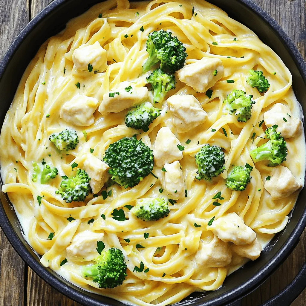- 2 tablespoons extra virgin olive oil - 1 pound boneless, skinless chicken breast - Sea salt and freshly cracked black pepper - 3 cloves fresh garlic - 4 cups rich chicken broth - 12 ounces fettuccine pasta - 1 cup heavy whipping cream - 1 cup freshly grated Parmesan cheese - 1 cup broccoli florets (optional) One-Pot Chicken Alfredo needs simple, fresh ingredients. The base starts with olive oil, chicken, salt, and pepper. This creates a rich flavor. You also need garlic, chicken broth, and fettuccine pasta. The broth adds depth, while pasta gives texture. For creaminess, use heavy whipping cream and freshly grated Parmesan. This makes the dish velvety. Broccoli is a great optional add-in for color and nutrition. This dish is quick and easy. You can find all ingredients at your local store. Choose high-quality items for the best taste. First, heat 2 tablespoons of extra virgin olive oil in a large pot. Use medium heat until the oil shimmers. Next, season 1 pound of diced chicken breast with sea salt and black pepper. Add the chicken to the pot and cook for 5-7 minutes. Stir occasionally until the chicken turns golden brown. Once browned, take the chicken out and set it aside on a plate. In the same pot, add 3 cloves of minced garlic. Sauté the garlic for about 1 minute. Stir constantly until it smells great and turns light gold. Be careful not to burn the garlic. Now, pour in 4 cups of rich chicken broth. Bring this mixture to a boil. This adds depth and flavor to your meal. Add 12 ounces of fettuccine pasta to the boiling broth. Cook the pasta according to the package instructions. This usually takes about 8-10 minutes for that perfect al dente texture. If you like broccoli, add 1 cup of florets during the last 3 minutes of cooking time. This keeps the broccoli tender but still crisp. When the pasta is al dente, lower the heat. Pour in 1 cup of heavy whipping cream and 1 cup of freshly grated Parmesan cheese. Stir it all together until the sauce is smooth and creamy. This is where the magic happens! Finally, return the browned chicken to the pot. Stir everything to combine well. Allow it to simmer for 2-3 minutes. This lets all the flavors meld together beautifully. Your One-Pot Chicken Alfredo is now ready to enjoy! To make your chicken shine, season it well. Use sea salt and freshly cracked black pepper. This simple step really boosts the taste. For extra flavor, try adding herbs like thyme or oregano while cooking the chicken. To enhance the creaminess of the sauce, use heavy whipping cream. It gives a rich and smooth texture. Stir in freshly grated Parmesan cheese at the end. This makes the sauce even creamier and adds depth. If you want more flavor, add a splash of lemon juice. It brightens the dish and balances the creaminess. For a stunning presentation, serve your Alfredo in wide, shallow bowls. This style shows off the creamy sauce and chicken. Add a sprinkle of extra Parmesan on top. A drizzle of olive oil enhances the look and taste. Finish with a sprig of fresh parsley for color. Pair your One-Pot Chicken Alfredo with simple side dishes. A crisp green salad works well. Garlic bread is another great choice for a comforting meal. These sides complement the rich flavors of the Alfredo. Choose a large, heavy-bottomed pot for this recipe. It helps cook the chicken evenly and prevents sticking. A Dutch oven is a great option, as it retains heat well. You will also need basic kitchen tools. A slotted spoon helps remove the chicken easily. A sharp knife and cutting board make prep quick and safe. Using a whisk to blend the sauce can simplify the process, making it smooth and creamy. {{image_4}} You can swap out the chicken for other proteins. Shrimp or tofu work great. Both add a nice twist to the dish. For a healthier cream, use Greek yogurt or cashew cream. Both options add creaminess without too many calories. Feel free to add more veggies! Spinach, peas, or bell peppers mix well with chicken Alfredo. These veggies add color and nutrients. To balance flavors, add a pinch of salt or a splash of lemon juice. This really brightens the dish. If you're gluten-free, choose gluten-free pasta. Many brands offer great options that taste good. For a vegan version, use plant-based cream and nutritional yeast instead of cheese. This keeps the creamy texture and flavor without animal products. To store your One-Pot Chicken Alfredo leftovers, let the dish cool first. Place it in a container that seals well. Glass containers work great, as they do not stain and keep food fresh. You can also use plastic containers if they are BPA-free. Make sure to cover it tightly to keep out air. When you reheat your Alfredo, you want to keep it creamy. Use a pot on low heat for best results. Add a splash of chicken broth or cream to help it rehydrate. Stir it gently as it heats. You can also use the microwave, but be careful not to overheat it. In the fridge, your Chicken Alfredo can last for about three days. If you want to save it longer, consider freezing it. In the freezer, it can last for up to two months. Just remember that freezing may change the texture a bit, so it might not be as creamy. To thaw, place it in the fridge overnight before reheating. To make One-Pot Chicken Alfredo creamy, start with heavy whipping cream. This rich ingredient gives the sauce its velvety texture. As you stir in the cream and Parmesan cheese, ensure you mix well. This helps create a smooth sauce without lumps. - Use freshly grated Parmesan for the best flavor. - Stir constantly as the cream heats up. - Lower the heat to prevent boiling after adding cream. Yes, you can use other types of pasta. Fettuccine is the classic choice, but many options exist. You could try penne, rotini, or even gluten-free pasta if needed. Just adjust the cooking time based on the pasta you select. - Penne is great for holding sauce. - Rotini adds fun shapes to your dish. - Gluten-free pasta works well for dietary needs. To adjust the recipe for more servings, scale the ingredients up. If you want to serve six, increase the chicken to 1.5 pounds. You should also add 1.5 cups of heavy cream and 1.5 cups of Parmesan cheese. - Keep the same cooking method. - Make sure to use a larger pot. - Taste as you go to balance flavors. Yes, you can make this dish ahead of time. Cook the chicken and pasta, then mix them with the sauce. Let it cool before storing in the fridge. When ready to eat, reheat it on low heat to warm it through. - Store leftovers in airtight containers. - Reheat slowly to keep it creamy. - Add a splash of cream while reheating for freshness. This blog post guides you through making a delicious one-pot chicken Alfredo. We covered main ingredients like chicken and pasta, and how to create a creamy sauce. I shared easy steps and handy tips for flavor and storage. Remember, you can tweak the recipe with different ingredients or veggies. This dish is flexible, tasty, and great for meal prep. So get cooking and enjoy your delightful meal!