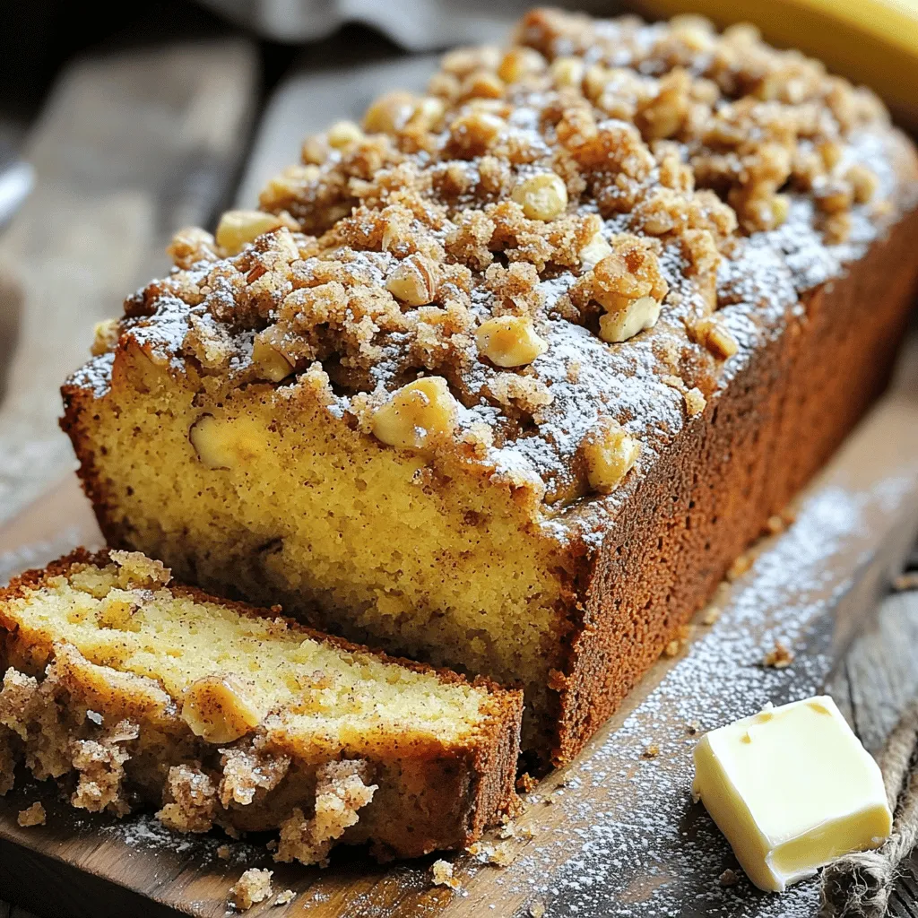 To make the best Cinnamon Crumble Banana Bread, you need these simple ingredients: - 3 ripe bananas, thoroughly mashed - 1/3 cup coconut oil, melted - 1/2 cup packed brown sugar - 1/4 cup granulated sugar - 2 large eggs, at room temperature - 1 teaspoon pure vanilla extract - 1 teaspoon baking soda - 1/2 teaspoon salt - 1 1/2 cups all-purpose flour - 1 teaspoon ground cinnamon - 1/2 cup chopped nuts (walnuts or pecans) for added crunch - For the crumble topping: - 1/4 cup all-purpose flour - 1/4 cup packed brown sugar - 1/2 teaspoon ground cinnamon - 2 tablespoons cold butter, cubed These ingredients work together to create a moist, flavorful bread with a delightful crumble on top. The ripe bananas give it sweetness and moisture. Coconut oil adds a nice richness. The sugars create a perfect balance of flavors. The eggs help bind everything together. Vanilla adds a warm, inviting aroma. Baking soda helps the bread rise. Salt enhances all the flavors. Flour provides structure. Ground cinnamon gives that warm, cozy taste, and nuts add a nice crunch. The crumble topping adds a sweet, crispy finish. Gather these items before you start, and you’ll be ready to bake something amazing! First, we need to preheat the oven to 350°F (175°C). This helps the bread bake evenly. Next, grab a 9x5-inch loaf pan. Coat it with cooking spray or butter. Make sure the pan is well-greased to help the bread come out easily later. In a large mixing bowl, take three ripe bananas and mash them well. You want them smooth, with no lumps. Then, pour in 1/3 cup of melted coconut oil. Mix until everything is blended. Add 1/2 cup of packed brown sugar and 1/4 cup of granulated sugar. Stir until the sugars dissolve. Next, crack in two large eggs, one at a time. Add 1 teaspoon of pure vanilla extract. Beat this mixture until it looks light and fluffy. Now, sprinkle 1 teaspoon of baking soda and 1/2 teaspoon of salt over the wet mix. Stir well to combine. Gradually, add 1 1/2 cups of all-purpose flour. Fold it in gently. Be careful not to overmix, as this can make the bread tough. Finally, add 1 teaspoon of ground cinnamon and 1/2 cup of chopped nuts. Fold these in until they are evenly mixed throughout the batter. For the crumble topping, grab a small bowl. Combine 1/4 cup of all-purpose flour, 1/4 cup of packed brown sugar, and 1/2 teaspoon of ground cinnamon. Add 2 tablespoons of cold, cubed butter. Use your fingers or a pastry cutter to mix until it looks crumbly. The texture should be similar to coarse crumbs. Next, pour the banana bread batter into your prepared loaf pan. Smooth the top with a spatula. Evenly sprinkle the crumble topping over the batter. Make sure to cover the batter well. Place the pan in the preheated oven. Bake for 55-65 minutes. Check for doneness by inserting a toothpick. It should come out clean with a few moist crumbs. The top should be golden brown. Once done, let the bread cool in the pan for about 10 minutes. After that, carefully transfer it to a wire rack to cool completely. This step is important for the bread's texture. When ready to serve, slice the banana bread. Enjoy it warm with a dusting of powdered sugar or an extra sprinkle of cinnamon. For a nice touch, arrange the slices on a wooden board and serve with butter. This will make your banana bread even more delightful! Use ripe bananas for the best taste. They should be brown with spots. This means they are sweet and soft. Overripe bananas work best for baking. They mash easily and add flavor. If they are too green, the bread won't be as sweet. Mix your batter gently. Overmixing can make the bread tough. When you add flour, fold it in slowly. Stop mixing as soon as you see no dry flour. This keeps your bread light and fluffy. Add chopped nuts for a nice crunch. Walnuts or pecans work well. They give a richer taste and texture. Mix them into the batter before baking. This spreads the nutty flavor throughout the bread. Preheat your oven to 350°F (175°C). This ensures even baking. Grease your loaf pan well. It helps the bread come out easily. Bake for 55-65 minutes. Check it with a toothpick; it should come out clean. Let it cool in the pan for a bit before moving it. This helps keep the shape. {{image_4}} You can add chocolate chips to the batter for a sweet twist. Use about 1/2 cup of semi-sweet or dark chocolate chips. Fold them in gently before pouring the batter into the loaf pan. The chocolate melts and adds a rich flavor to each slice. To make this bread gluten-free, swap the all-purpose flour for a gluten-free blend. Look for a blend that works cup-for-cup. This change keeps the texture light and fluffy. Your banana bread will be just as tasty, and everyone can enjoy it. If you want to change the nuts, try almonds, pecans, or hazelnuts. Each type offers a unique flavor and crunch. Chopped nuts add texture and taste. Just use 1/2 cup of your favorite nuts, and fold them into the batter. For a flavor boost, try adding a pinch of nutmeg or a splash of vanilla bean paste. Nutmeg gives a warm spice note, and vanilla bean adds richness. Adjust the amount based on your taste. These simple changes can elevate your banana bread even more. To keep your cinnamon crumble banana bread fresh, wrap it tightly. Use plastic wrap or foil. You can also store it in an airtight container. Place it at room temperature for up to three days. If you want to keep it longer, the fridge is an option, but it may dry out. Adding a slice of bread inside the container helps keep it moist. Freezing is a great way to save this tasty treat. First, let the banana bread cool completely. Then, wrap it in plastic wrap tightly. Cover it with aluminum foil for extra protection. Label it with the date. You can freeze it for up to three months. When you are ready to eat, simply thaw it in the fridge overnight. To enjoy your banana bread warm, preheat your oven to 350°F. Slice the bread and place it on a baking sheet. Heat for about 10 minutes. If you want a quick option, use your microwave. Heat each slice for about 15-20 seconds. Just be careful not to overheat, or it might get tough. Enjoy the warm, cozy flavors! You can tell the banana bread is done when a toothpick comes out clean. Insert it in the center of the loaf. If it has a few moist crumbs, that’s okay! The top should be golden brown. This usually takes about 55 to 65 minutes in the oven. Yes, you can make this banana bread without eggs. Use a flaxseed meal instead. Mix one tablespoon of flaxseed meal with three tablespoons of water. Let it sit for a few minutes until it thickens. This will help bind the ingredients together. If you need a substitute for coconut oil, use unsalted butter or vegetable oil. Both options will work well and keep the bread moist. You can also use olive oil if you want a bit of flavor. Banana bread lasts about 3 to 4 days at room temperature. Keep it in an airtight container to help it stay fresh. If you want it to last longer, you can freeze it for up to three months. Absolutely! Frozen bananas work great in this recipe. Just thaw them first and drain any excess liquid. They will be very soft, which makes them easy to mash. This adds extra sweetness to your banana bread. This blog covers all you need to know for great banana bread. We explored the ingredients, from ripe bananas to chopped nuts. I shared step-by-step instructions to ensure perfect results. You learned tips to enhance flavor and avoid common mistakes. We also discussed tasty variations and best storage methods. Now, you can bake your banana bread with confidence and creativity. Enjoy the process and share your delicious creation with others!