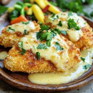 - 4 boneless, skinless chicken breasts - 1 cup breadcrumbs (panko preferred for extra crunch) - 1 cup grated Parmesan cheese - 2 large eggs, beaten - ½ cup all-purpose flour - 3 tablespoons olive oil - 1 cup heavy cream - 3 cloves garlic, minced - 1 teaspoon garlic powder - ½ teaspoon paprika - Salt and black pepper, to taste - 1 teaspoon Italian seasoning - Fresh parsley, finely chopped (for garnish) The key to making crispy Parmesan chicken lies in the ingredients. You want to use high-quality chicken breasts for the best flavor. I love panko breadcrumbs because they give a nice crunch. The Parmesan cheese adds rich flavor, making each bite special. Using fresh garlic is a must for the cream sauce. It brings warmth and depth. And don’t forget the Italian seasoning. It ties everything together. For garnishing, chopped parsley adds color and freshness. It makes the dish look even more appetizing. Each ingredient plays a role in creating this delightful meal. You can always adjust the seasonings to match your taste. Enjoy the process of cooking and have fun experimenting! To start, preheat your oven to 400°F (200°C). Take each chicken breast and place it between two pieces of plastic wrap. Use a meat mallet or a rolling pin to gently pound the chicken. Aim for an even thickness. This step makes the chicken tender and juicy. Next, set up your breading station with three shallow dishes. In the first dish, add the all-purpose flour. The second dish holds the beaten eggs. In the third dish, mix the breadcrumbs, grated Parmesan, garlic powder, paprika, salt, and black pepper. Mix well to spread the seasonings. Now, let’s cook! Heat olive oil in a large oven-safe skillet over medium heat. Once hot, add the breaded chicken breasts. Cook each side for about 3-4 minutes. Look for a golden brown color. After browning, transfer the skillet to your preheated oven. Bake for 10-12 minutes until the chicken hits 165°F (74°C) inside. While the chicken bakes, let’s make the sauce. In a separate saucepan, melt a bit of butter over medium heat. Add the minced garlic and sauté for 1 minute until you smell the garlic. Pour in the heavy cream and add the Italian seasoning. Stir well and let it simmer gently. Cook for around 5 minutes until slightly thickened. Season with salt and pepper to taste. Once the chicken is done, carefully take the skillet out of the oven. Spoon the creamy garlic sauce over each chicken breast. For a lovely presentation, place the chicken on a large plate. Let the sauce flow over the sides. Garnish with finely chopped parsley for a pop of color. This dish goes great with steamed veggies or a light salad. Enjoy! To get that crunchy coating, use panko breadcrumbs. They add a great texture. Make sure to coat the chicken well. Press the breadcrumbs firmly onto the chicken. This helps the coating stick better. Fry the chicken in hot oil for a golden crust. Don't crowd the pan; give each piece room to cook evenly. Start by pounding the chicken to even thickness. This helps it cook evenly and stay juicy. Use medium heat when frying. Too high heat can burn the coating before the chicken cooks through. Once golden, finish cooking in the oven. This method helps keep the chicken moist inside. Always check that the internal temperature hits 165°F for safe eating. Start with fresh garlic; it makes a big difference. Sauté the garlic until fragrant but not brown. Brown garlic can taste bitter. Add the heavy cream and Italian seasoning next. This mix gives the sauce a rich flavor. Let it simmer to thicken. Adjust the seasoning with salt and pepper to taste. For a twist, try adding a squeeze of lemon for brightness. {{image_4}} You can play with the cheese in this dish. Instead of Parmesan, try mozzarella for a melty twist. It gives a softer bite. Grana Padano also works well. This cheese has a similar flavor to Parmesan but is milder. For a bolder taste, consider using aged Gouda or even feta. These cheeses add a unique flair to your chicken. The garlic cream sauce is rich, but you can switch it up. A lemon butter sauce adds bright flavor. Simply melt butter with fresh lemon juice and zest. For a spicy kick, try a sriracha cream sauce. Mix sriracha with sour cream or Greek yogurt for a creamy dip. You could also use a pesto sauce for a fresh, herby taste. Each sauce will change how the dish feels. If you're looking for healthier options, consider using chicken thighs. They are juicier and full of flavor. For a gluten-free version, use almond flour instead of all-purpose flour. It gives a nice crunch too. If dairy is a concern, replace heavy cream with coconut cream. It will add a hint of sweetness. These swaps help everyone enjoy this tasty dish, no matter their diet. To keep your Crispy Parmesan Chicken fresh, store it in an airtight container. Place the cooled chicken in the container with the garlic cream sauce. This helps maintain its flavor and prevents it from drying out. You can keep it in the fridge for up to three days. If you want to store it longer, consider freezing. When you're ready to enjoy your leftovers, preheat your oven to 350°F (175°C). Place the chicken with the sauce in a baking dish. Cover it with foil to prevent drying. Heat for about 20-25 minutes or until it's warmed through. You can also use a microwave if you're in a rush. Heat it in short bursts, checking often to avoid overcooking. To freeze your chicken, first ensure it has cooled completely. Wrap each piece tightly in plastic wrap, then place them in a freezer bag. Remove as much air as possible to prevent freezer burn. You can freeze it for up to three months. When you're ready to eat, thaw it in the fridge overnight before reheating. This method keeps your chicken tasty and juicy. You can serve Crispy Parmesan Chicken with many sides. Here are some great options: - Steamed vegetables like broccoli or green beans - A light salad with mixed greens and vinaigrette - Garlic bread for a tasty addition - Mashed potatoes or rice for a filling plate These sides will balance the rich flavors of the chicken and sauce. Yes, you can prepare this dish ahead of time. You can bread the chicken and store it in the fridge for a few hours. This allows the breading to set and helps it stick better. You can also make the garlic cream sauce in advance. Just reheat it gently before serving. The best way to check if chicken is done is by using a meat thermometer. Insert it into the thickest part of the chicken. It should read 165°F (74°C). If you don’t have a thermometer, cut into the chicken. The juices should run clear, and the meat should be white, not pink. Yes, you can make this dish gluten-free. Use gluten-free breadcrumbs instead of regular ones. You can also swap the all-purpose flour for a gluten-free flour blend. These changes will keep the crispy texture while meeting gluten-free needs. Absolutely! Chicken thighs work well in this recipe. They have more fat, which makes them juicy and flavorful. Just be sure to adjust the cooking time. Thighs may take a bit longer to cook through, so check for that same 165°F (74°C) internal temperature. This blog covered all you need for Crispy Parmesan Chicken. We explored key ingredients and step-by-step cooking. You learned how to achieve crispy, juicy chicken and make a tasty garlic cream sauce. I shared tips for variations and how to store your leftovers too. Crispy Parmesan Chicken is simple, delicious, and fun to make. Enjoy experimenting with flavors and techniques!