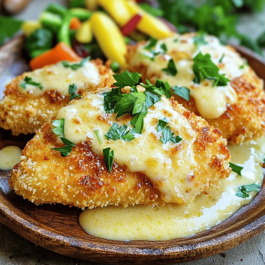 - 4 boneless, skinless chicken breasts - 1 cup breadcrumbs (panko preferred for extra crunch) - 1 cup grated Parmesan cheese - 2 large eggs, beaten - ½ cup all-purpose flour - 3 tablespoons olive oil - 1 cup heavy cream - 3 cloves garlic, minced - 1 teaspoon garlic powder - ½ teaspoon paprika - Salt and black pepper, to taste - 1 teaspoon Italian seasoning - Fresh parsley, finely chopped (for garnish) The key to making crispy Parmesan chicken lies in the ingredients. You want to use high-quality chicken breasts for the best flavor. I love panko breadcrumbs because they give a nice crunch. The Parmesan cheese adds rich flavor, making each bite special. Using fresh garlic is a must for the cream sauce. It brings warmth and depth. And don’t forget the Italian seasoning. It ties everything together. For garnishing, chopped parsley adds color and freshness. It makes the dish look even more appetizing. Each ingredient plays a role in creating this delightful meal. You can always adjust the seasonings to match your taste. Enjoy the process of cooking and have fun experimenting! To start, preheat your oven to 400°F (200°C). Take each chicken breast and place it between two pieces of plastic wrap. Use a meat mallet or a rolling pin to gently pound the chicken. Aim for an even thickness. This step makes the chicken tender and juicy. Next, set up your breading station with three shallow dishes. In the first dish, add the all-purpose flour. The second dish holds the beaten eggs. In the third dish, mix the breadcrumbs, grated Parmesan, garlic powder, paprika, salt, and black pepper. Mix well to spread the seasonings. Now, let’s cook! Heat olive oil in a large oven-safe skillet over medium heat. Once hot, add the breaded chicken breasts. Cook each side for about 3-4 minutes. Look for a golden brown color. After browning, transfer the skillet to your preheated oven. Bake for 10-12 minutes until the chicken hits 165°F (74°C) inside. While the chicken bakes, let’s make the sauce. In a separate saucepan, melt a bit of butter over medium heat. Add the minced garlic and sauté for 1 minute until you smell the garlic. Pour in the heavy cream and add the Italian seasoning. Stir well and let it simmer gently. Cook for around 5 minutes until slightly thickened. Season with salt and pepper to taste. Once the chicken is done, carefully take the skillet out of the oven. Spoon the creamy garlic sauce over each chicken breast. For a lovely presentation, place the chicken on a large plate. Let the sauce flow over the sides. Garnish with finely chopped parsley for a pop of color. This dish goes great with steamed veggies or a light salad. Enjoy! To get that crunchy coating, use panko breadcrumbs. They add a great texture. Make sure to coat the chicken well. Press the breadcrumbs firmly onto the chicken. This helps the coating stick better. Fry the chicken in hot oil for a golden crust. Don't crowd the pan; give each piece room to cook evenly. Start by pounding the chicken to even thickness. This helps it cook evenly and stay juicy. Use medium heat when frying. Too high heat can burn the coating before the chicken cooks through. Once golden, finish cooking in the oven. This method helps keep the chicken moist inside. Always check that the internal temperature hits 165°F for safe eating. Start with fresh garlic; it makes a big difference. Sauté the garlic until fragrant but not brown. Brown garlic can taste bitter. Add the heavy cream and Italian seasoning next. This mix gives the sauce a rich flavor. Let it simmer to thicken. Adjust the seasoning with salt and pepper to taste. For a twist, try adding a squeeze of lemon for brightness. {{image_4}} You can play with the cheese in this dish. Instead of Parmesan, try mozzarella for a melty twist. It gives a softer bite. Grana Padano also works well. This cheese has a similar flavor to Parmesan but is milder. For a bolder taste, consider using aged Gouda or even feta. These cheeses add a unique flair to your chicken. The garlic cream sauce is rich, but you can switch it up. A lemon butter sauce adds bright flavor. Simply melt butter with fresh lemon juice and zest. For a spicy kick, try a sriracha cream sauce. Mix sriracha with sour cream or Greek yogurt for a creamy dip. You could also use a pesto sauce for a fresh, herby taste. Each sauce will change how the dish feels. If you're looking for healthier options, consider using chicken thighs. They are juicier and full of flavor. For a gluten-free version, use almond flour instead of all-purpose flour. It gives a nice crunch too. If dairy is a concern, replace heavy cream with coconut cream. It will add a hint of sweetness. These swaps help everyone enjoy this tasty dish, no matter their diet. To keep your Crispy Parmesan Chicken fresh, store it in an airtight container. Place the cooled chicken in the container with the garlic cream sauce. This helps maintain its flavor and prevents it from drying out. You can keep it in the fridge for up to three days. If you want to store it longer, consider freezing. When you're ready to enjoy your leftovers, preheat your oven to 350°F (175°C). Place the chicken with the sauce in a baking dish. Cover it with foil to prevent drying. Heat for about 20-25 minutes or until it's warmed through. You can also use a microwave if you're in a rush. Heat it in short bursts, checking often to avoid overcooking. To freeze your chicken, first ensure it has cooled completely. Wrap each piece tightly in plastic wrap, then place them in a freezer bag. Remove as much air as possible to prevent freezer burn. You can freeze it for up to three months. When you're ready to eat, thaw it in the fridge overnight before reheating. This method keeps your chicken tasty and juicy. You can serve Crispy Parmesan Chicken with many sides. Here are some great options: - Steamed vegetables like broccoli or green beans - A light salad with mixed greens and vinaigrette - Garlic bread for a tasty addition - Mashed potatoes or rice for a filling plate These sides will balance the rich flavors of the chicken and sauce. Yes, you can prepare this dish ahead of time. You can bread the chicken and store it in the fridge for a few hours. This allows the breading to set and helps it stick better. You can also make the garlic cream sauce in advance. Just reheat it gently before serving. The best way to check if chicken is done is by using a meat thermometer. Insert it into the thickest part of the chicken. It should read 165°F (74°C). If you don’t have a thermometer, cut into the chicken. The juices should run clear, and the meat should be white, not pink. Yes, you can make this dish gluten-free. Use gluten-free breadcrumbs instead of regular ones. You can also swap the all-purpose flour for a gluten-free flour blend. These changes will keep the crispy texture while meeting gluten-free needs. Absolutely! Chicken thighs work well in this recipe. They have more fat, which makes them juicy and flavorful. Just be sure to adjust the cooking time. Thighs may take a bit longer to cook through, so check for that same 165°F (74°C) internal temperature. This blog covered all you need for Crispy Parmesan Chicken. We explored key ingredients and step-by-step cooking. You learned how to achieve crispy, juicy chicken and make a tasty garlic cream sauce. I shared tips for variations and how to store your leftovers too. Crispy Parmesan Chicken is simple, delicious, and fun to make. Enjoy experimenting with flavors and techniques!