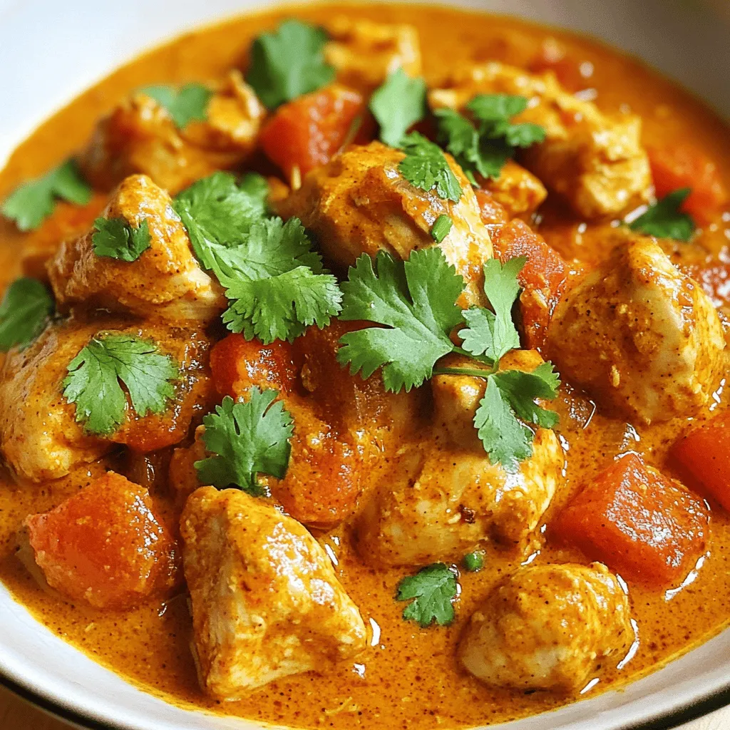 - Chicken and Marinade components - 500g chicken breast, cut into bite-sized pieces - 200g plain yogurt - 2 tablespoons fresh lemon juice - 2 tablespoons garam masala - 1 teaspoon ground cumin - 1 teaspoon ground coriander - 1 teaspoon turmeric powder - 1 teaspoon chili powder - Aromatics and Cooking Essentials - 3 tablespoons vegetable oil - 1 medium onion, finely chopped - 4 cloves of garlic, minced - 1-inch piece of ginger, freshly grated - 1 can (400g) diced tomatoes, drained - 200ml coconut milk - Salt, to taste - Optional Garnishes - Fresh coriander leaves, chopped, for garnish When making this Chicken Tikka Masala, it’s important to focus on the ingredients. The chicken and marinade will give the dish its core flavor. The yogurt, spices, and lemon juice tenderize the chicken and add depth. The aromatics, like onion, garlic, and ginger, create a rich base when sautéed. Finally, coconut milk adds creaminess and balances the spices. Don't skip the fresh coriander as it adds a lovely touch! First, grab a mixing bowl. Combine 200g of plain yogurt, 2 tablespoons of fresh lemon juice, 2 tablespoons of garam masala, 1 teaspoon of ground cumin, 1 teaspoon of ground coriander, 1 teaspoon of turmeric powder, and 1 teaspoon of chili powder. Mix everything until smooth. This marinade will add lots of flavor to your chicken. Now, take 500g of chicken breast and cut it into bite-sized pieces. Add these pieces to your marinade, making sure each piece gets coated well. Cover the bowl with plastic wrap and chill it in the fridge for at least 1 hour. If you have time, let it sit overnight. This helps the chicken soak up all the tasty flavors. Heat 3 tablespoons of vegetable oil in a large skillet over medium heat. Add 1 finely chopped onion and sauté it for about 5-7 minutes. You want the onion to soften and turn golden brown. Next, add 4 minced garlic cloves and a 1-inch piece of freshly grated ginger. Cook for another 2-3 minutes until fragrant. Then, add the marinated chicken along with the marinade to the pan. Cook for 10-12 minutes, stirring occasionally, until the chicken is tender and slightly browned. Pour in 1 can (400g) of drained diced tomatoes and let the mixture simmer. Cook for 5-7 minutes until the sauce thickens a bit. Next, stir in 200ml of coconut milk and season with salt to taste. Allow everything to simmer for an additional 5 minutes, mixing well. Finally, taste your Chicken Tikka Masala. Adjust the seasoning if needed. Serve it hot over steamed rice or with naan. Garnish with freshly chopped coriander leaves for that extra touch! Gordon Ramsay emphasizes strong flavors and perfect cooking. Here are some key techniques: - Searing: Sear the chicken for a nice crust. This adds flavor. - Layering Flavors: Add garlic and ginger after onions. This builds depth. - Simmering: Let the dish simmer to meld flavors and thicken the sauce. Marination is crucial for great taste. Here’s how to do it right: - Use plain yogurt and spices for the marinade. This tenderizes the chicken. - Marinate for at least one hour. For best results, marinate overnight. - Make sure each piece is coated well. This ensures even flavor throughout. Presentation matters. Here are tips for serving: - Serve the dish over steamed rice or with warm naan. - Use a bright plate to make the colors pop. - Garnish with freshly chopped coriander leaves for a fresh look. - Consider adding lime wedges on the side for extra zing. {{image_4}} You can swap chicken for many proteins. Try using shrimp or firm tofu. Both options cook well with the same spices. If you're a beef lover, use tender cuts like sirloin. Adjust cooking times for each protein to ensure they cook properly. To make a vegetarian version, replace chicken with chickpeas or paneer. Both add great texture. For a vegan twist, use coconut yogurt instead of dairy yogurt. This keeps the creamy texture and flavor. You can also add vegetables like bell peppers or zucchini for more nutrients. If you like it spicy, add extra chili powder or fresh chilies. For a milder dish, reduce the chili powder or omit it entirely. You can also add a bit of sugar to balance spicy flavors. Taste as you go to find your perfect heat level. After enjoying Chicken Tikka Masala, let the leftovers cool down. Place them in an airtight container. Make sure to store them in the fridge. They can stay fresh for up to 3 days this way. To reheat, scoop out the chicken and sauce into a pot. Heat it on medium heat, stirring often. You can also use the microwave. Heat in short bursts of 1 minute, stirring in between. Ensure it is hot all the way through before serving. You can freeze Chicken Tikka Masala for later. Place cooled leftovers in a freezer-safe container. It can last for up to 3 months in the freezer. To thaw, move it to the fridge overnight before reheating. The best way to marinate chicken is to use yogurt and spices. In this recipe, I mix plain yogurt with lemon juice and spices like garam masala, cumin, and chili powder. This blend tenderizes the chicken and infuses it with great flavor. Make sure to coat each piece well. Cover the bowl and chill it in the fridge. For best results, marinate overnight. This allows the flavors to soak in deeply. Yes, you can make Chicken Tikka Masala ahead of time. Prepare the dish up to the point of adding coconut milk. Cool it down and store it in the fridge. It will stay fresh for about three days. When ready to serve, reheat it gently on the stove. Add the coconut milk at this stage for a creamy finish. This method saves time on busy days. To make a healthier Chicken Tikka Masala, use skinless chicken breast and low-fat yogurt. This change cuts down on fat. You can also add more vegetables like bell peppers or spinach. These additions boost nutrients and fiber. Reduce the amount of oil used for cooking, or try grilling the chicken instead of sautéing. These swaps keep the dish flavorful while making it lighter. In this article, we covered how to make Chicken Tikka Masala. We talked about the key ingredients, cooking steps, and pro tips inspired by Gordon Ramsay. You learned how to store and reheat leftovers too. Remember, marinating chicken boosts its flavor, and you can adapt the dish for different diets. Experiment with spices and proteins to find what you love. Enjoy your cooking journey, and have fun creating unique versions of this classic dish!