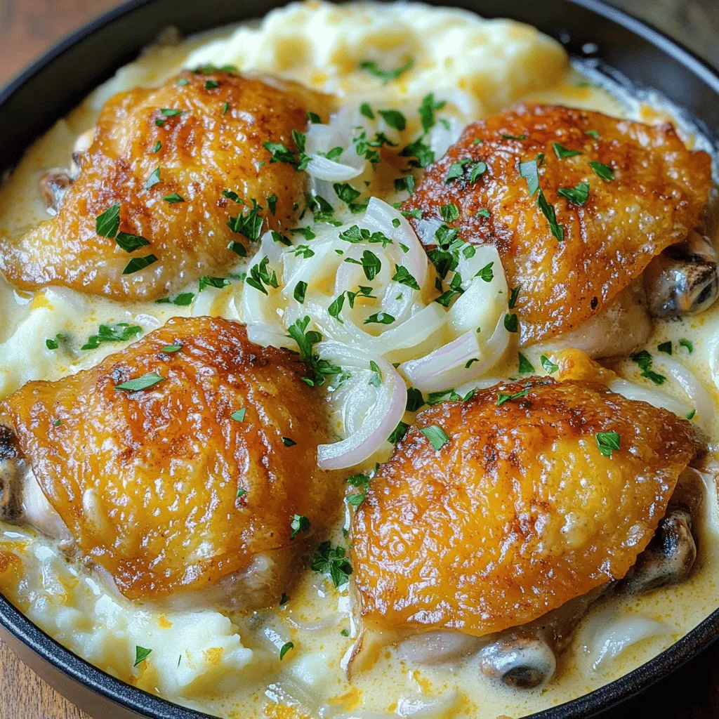 - 4 chicken thighs, skin-on and bone-in - 1 teaspoon salt - 1/2 teaspoon black pepper - 1 teaspoon garlic powder - 1 teaspoon onion powder For Southern Smothered Chicken, I use chicken thighs. They stay juicy and tender. I season them with salt, black pepper, garlic powder, and onion powder. The blend brings out the chicken's natural flavor. - 2 tablespoons vegetable oil - 1 medium onion, thinly sliced - 3 cloves garlic, minced I heat vegetable oil in a skillet. The oil should shimmer but not smoke. Thinly sliced onions go in first. I sauté them until they soften. Then, I add minced garlic. This combo creates a fragrant base for my dish. - 1 cup chicken broth - 1 cup heavy cream - 1 teaspoon smoked paprika - 1 tablespoon Worcestershire sauce - 1/2 teaspoon cayenne pepper (optional, for heat) I pour chicken broth and heavy cream into the skillet. This forms the rich, creamy sauce. Smoked paprika adds depth, while Worcestershire sauce gives a savory kick. If you like heat, cayenne pepper works well here. This sauce is the heart of the dish, tying everything together. Start by patting the chicken thighs dry with paper towels. This step is key. Moist chicken won't brown well. Next, season both sides with salt, black pepper, garlic powder, and onion powder. Be generous; this adds great flavor to the dish. Heat two tablespoons of vegetable oil in a large skillet over medium-high heat. Once the oil shimmers, add the chicken thighs skin-side down. Sear them for about 6-7 minutes. You want a golden-brown crust. Flip the thighs and cook the other side for another 4-5 minutes. Remove the chicken and set it aside. In the same skillet, lower the heat to medium. Add the thinly sliced onion and sauté for about 5 minutes. The onions should turn soft and fragrant. Then, stir in the minced garlic, cooking for 1 more minute. The garlic should be lightly golden. Carefully pour in the chicken broth and heavy cream, stirring to mix. Add smoked paprika, Worcestershire sauce, and cayenne pepper if you like heat. Scrape the bottom of the skillet for extra flavor. Return the seared chicken thighs to the skillet, skin-side up. Spoon some sauce over the top to soak in flavor. Lower the heat and cover the skillet. Let it simmer for 25-30 minutes. The chicken should reach an internal temperature of 165°F (75°C). If you want a thicker sauce, remove the chicken after cooking. Raise the heat to medium-high and let the sauce boil for 5-10 minutes. Stir often to prevent sticking. To get that golden-brown skin, start with a hot skillet. Heat your vegetable oil over medium-high heat. Pat the chicken dry to remove moisture. This helps the skin crisp up. Place the chicken thighs skin-side down. Sear for 6-7 minutes without moving them. Flip and cook for another 4-5 minutes. You want a nice crust that adds flavor. If you like a thick sauce, remove the chicken after cooking. Raise the heat to medium-high. Let the sauce boil gently for 5-10 minutes. Stir often to avoid sticking. If you prefer a lighter sauce, skip this step. Add a bit more chicken broth for a thinner texture. Balance is key to your sauce! Want to spice things up? Consider adding different herbs or spices. Fresh thyme adds earthiness. Oregano can give a nice twist. For heat, add more cayenne pepper. Smoked paprika gives a deep flavor. Experiment with what you like best. Every change can make your dish unique! {{image_4}} You can switch up the meat if you want. Try using chicken breasts or drumsticks. For a veggie twist, use firm tofu or tempeh. These swaps still give you that comforting flavor. Southern smothered chicken varies across regions. In Louisiana, they use Cajun spices for heat, while in Georgia, they often add a touch of sweetness with honey or sugar. Each area has unique flavors that reflect its culture. Serve smothered chicken with classic sides. Creamy mashed potatoes are a favorite. Fluffy rice also pairs well, soaking up the rich sauce. Don’t forget collard greens or cornbread to complete the meal. These sides make every bite a delight! To keep your Southern smothered chicken fresh, place it in an airtight container. Make sure it’s cooled to room temperature first. Store it in the fridge for up to three days. This way, the chicken stays juicy, and the sauce retains its rich flavor. Label the container with the date to track freshness. If you want to keep it longer, freezing is a great option. Use freezer-safe containers or bags to store your chicken. Make sure to remove as much air as possible to prevent freezer burn. You can freeze the dish for up to three months. When you’re ready to enjoy it, just thaw it in the fridge overnight. To reheat, gently warm the chicken on the stove over low heat. Add a splash of chicken broth or cream to keep the sauce creamy. Stir often to prevent sticking and ensure even heating. You can also reheat in the microwave, but cover it with a microwave-safe lid to keep moisture in. Aim for a warm temperature of at least 165°F (75°C) before serving. Southern Smothered Chicken is a rich and hearty dish. It features chicken thighs cooked in a creamy sauce. This dish holds deep roots in Southern cooking. It reflects the comfort and warmth of home-cooked meals. Families often enjoy it during gatherings. The sauce brings together flavors like garlic, onion, and smoked paprika. Each bite offers a taste of tradition. Yes, you can use boneless chicken. Boneless thighs or breasts work well. However, cooking times will differ. Boneless cuts cook faster than bone-in. Adjust the cooking time to avoid overcooking. Aim for an internal temperature of 165°F (75°C). This ensures the chicken is safe to eat and juicy. Cook chicken thighs for 25-30 minutes on low heat. This allows them to become tender and fully cooked. Always check the internal temperature. The chicken should reach 165°F (75°C) for safety. If you use boneless chicken, reduce the time by about 10 minutes. This way, the meat stays moist and flavorful. Southern Smothered Chicken pairs nicely with many sides. Popular choices include creamy mashed potatoes or fluffy rice. These sides soak up the rich sauce. You can also serve it with collard greens or green beans. Cornbread is another great option. It adds a sweet touch to the meal. Each side complements the chicken's flavors perfectly. This blog post explored the delightful journey of making Southern Smothered Chicken. We looked at key ingredients like chicken thighs, seasoning, and sauce components. I shared step-by-step instructions — from preparing and searing the chicken to making and simmering the sauce. We also discussed helpful tips, fun variations, and storage advice. Enjoying this dish can feel like a warm hug. Remember to get creative with flavors and pairings. With practice, you’ll master this Southern classic and impress everyone at your table. Happy cooking!