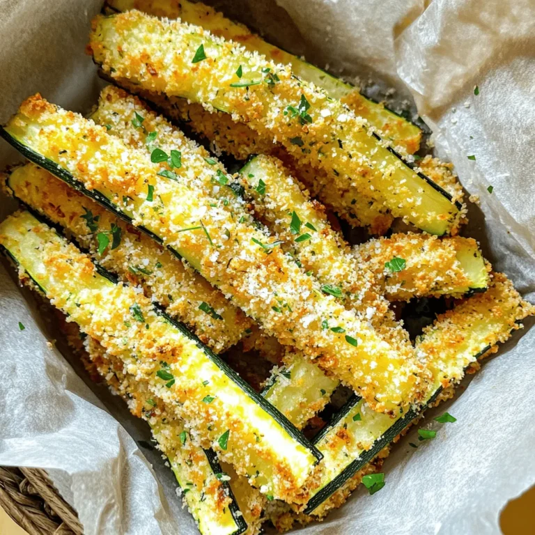 To make Air Fryer Garlic Parmesan Zucchini Fries, you need a few simple items. Here’s what you will need: - 2 medium zucchinis, cut into fry-shaped sticks (about 1/4 inch thick) - 1/2 cup all-purpose flour - 2 large eggs, beaten until well combined - 1 cup breadcrumbs (preferably panko for an extra crunch) - 1/2 cup grated Parmesan cheese - 2 teaspoons garlic powder - 1 teaspoon onion powder - 1 teaspoon dried Italian herbs (like oregano, basil, and thyme) - Salt and freshly ground black pepper, to taste - Olive oil spray for crisping Each ingredient plays a key role in flavor and texture. The zucchini forms the base, and the flour helps the coating stick. The eggs bind everything together, while panko breadcrumbs add that delightful crunch. Parmesan cheese brings a rich, savory note, and the spices elevate the taste profile. When selecting zucchini, look for firm ones without blemishes. Fresh ingredients make a big difference in flavor. Also, consider using organic options if possible, as they often taste better and are better for the environment. Start by washing the zucchinis well. This step is key to cleaning off dirt. Next, slice the zucchinis into fry-shaped sticks. Aim for about 1/4 inch thick. Uniform sizing makes sure they cook evenly. If some pieces are thicker, they may not crisp up right. Now, let’s create a breading station. You need three shallow bowls. In the first bowl, put the all-purpose flour. In the second bowl, pour in the beaten eggs. In the third bowl, mix panko breadcrumbs, grated Parmesan cheese, garlic powder, onion powder, and Italian herbs. Don't forget to add salt and pepper. This setup helps you coat the zucchini easily. Take one zucchini fry and dredge it in the flour. Shake off any extra flour. Next, dip it into the beaten eggs, letting the excess egg drip off. Finally, press it into the breadcrumb mixture, making sure it’s well coated. This step is important for a good crunch. Place the coated fries on a cooling rack or plate. While you finish breading, preheat the air fryer. Set it to 400°F (200°C) and let it heat for about 5 minutes. Preheating helps the fries get crispy. A hot air fryer cooks the zucchini quickly and evenly. Lightly spray the air fryer basket with olive oil. This step prevents sticking. Carefully place the breaded zucchini fries in the basket. Arrange them in a single layer without touching. This allows hot air to circulate, giving you the best crispiness. If you have too many, cook in batches. Cook the zucchini fries at 400°F (200°C) for 10-12 minutes. Halfway through, flip them for even cooking. For an extra crunch, lightly spray them with olive oil again. This helps achieve that golden brown color that makes them so tasty. Once the fries are crispy and golden, take them out of the air fryer. Serve them hot with your favorite dipping sauce. Marinara and ranch work great! For a nice touch, serve them in a basket lined with parchment paper. Sprinkle extra Parmesan cheese and fresh herbs on top right before serving. This makes your dish look inviting and delicious! To get that perfect crunch, use panko breadcrumbs. They are light and airy. This texture helps create a crispier fry. If you want even more crunch, adjust your cooking time. Try adding a couple of minutes if they are not crispy enough. If you need a gluten-free option, use almond flour instead of regular flour. For the breadcrumbs, look for gluten-free panko. If you want a dairy-free version, skip the Parmesan cheese. You can try nutritional yeast for a cheesy flavor without dairy. One big mistake is overcrowding the air fryer. If you pile the fries on top of each other, they won’t cook evenly. Always arrange them in a single layer. Another mistake is skipping the preheating step. Preheating helps achieve that crisp texture we all love. Don’t skip it! {{image_4}} You can easily change the taste of your zucchini fries. Adding spices or herbs can make a big difference. Try chili powder or smoked paprika for a kick. Fresh herbs like thyme or rosemary can bring a nice touch too. You can also switch up the cheese. Instead of Parmesan, consider using cheddar or feta. Cheddar gives a sharp taste, while feta adds a creamy twist. Mix and match to find what you love best. Your air fryer can handle more than just zucchini. Eggplant and squash are great options. Cut them into fry shapes, just like zucchini. Make sure they are similar in size for even cooking. When using different veggies, you may need to adjust cooking times. Eggplant might take a few extra minutes to cook. Keep an eye on them to avoid burning. If you don’t have an air fryer, you can bake these fries. Preheat your oven to 425°F (220°C). Place the fries on a baking sheet lined with parchment paper. Make sure they are in a single layer for even baking. Bake for about 20-25 minutes. Flip them halfway through to ensure they brown nicely. You might not get the same crunch, but they will still taste amazing! To keep your leftover zucchini fries fresh, store them in the fridge. Use an airtight container to prevent moisture loss. I recommend glass containers as they help maintain crispness better than plastic ones. Make sure to cool them completely before sealing. To reheat, I suggest using the air fryer for the best texture. Set it to 350°F (175°C) and heat for about 5 minutes. This method restores their crunch. If you use the oven, preheat it to 350°F (175°C). Spread the fries on a baking sheet and heat for about 10 minutes. You can freeze zucchini fries before cooking. Arrange them in a single layer on a baking sheet and freeze until solid. Transfer them to a freezer bag for up to three months. For reheating, cook directly from frozen in the air fryer at 400°F (200°C) for about 12-15 minutes. If frozen after cooking, thaw in the fridge overnight before reheating. Yes, you can make these zucchini fries ahead of time. Prepare the fries and coat them as directed. Place them in a single layer on a baking sheet. Cover and store them in the fridge for up to a day. This keeps them fresh. When ready to cook, just pop them in the air fryer. You may need to add a minute or two to the cooking time if they are cold. To make the zucchini fries spicier, add spices like cayenne pepper or chili powder to the breadcrumb mix. You can also dip the fries in a spicy sauce before breading. Another option is to serve them with a hot sauce on the side. This gives you control over the heat level. Zucchini fries go well with many dipping sauces. Popular options include marinara, ranch, or garlic aioli. You can also try a spicy yogurt sauce or even a creamy blue cheese dip. For a homemade sauce, mix Greek yogurt with lemon juice, garlic, and a pinch of salt for a quick dip. Yes, you can use different air fryer models. Just ensure that you follow the same temperature and time settings. Some air fryers may cook faster or slower, so check the fries a minute or two early. If your air fryer has a smaller basket, cook in batches to avoid overcrowding. This helps the fries stay crispy. In this post, we explored a simple recipe for crispy air fryer zucchini fries. We discussed the necessary ingredients, step-by-step instructions, and tips for success. You learned about variations, storage options, and answered common questions. These fries are a tasty and healthy option. Enjoy experimenting with flavors and dips! With just a few ingredients, you can make a satisfying snack. Happy cooking and enjoy your delicious zucchini fries!