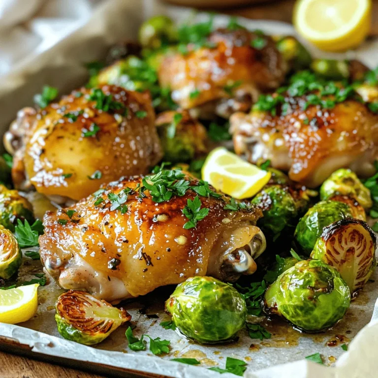 - 4 boneless, skinless chicken thighs - 1 pound Brussels sprouts, trimmed and halved - 6 tablespoons unsalted butter, melted - 6 cloves garlic, minced Chicken thighs are tender and juicy. They soak up flavors well. Brussels sprouts add a lovely crunch and earthy taste. Garlic and butter create a rich sauce that ties everything together. - 1 tablespoon fresh rosemary, finely chopped (or 1 teaspoon dried) - 1 tablespoon fresh thyme leaves (or 1 teaspoon dried) - Salt and freshly ground black pepper to taste - 1 lemon, zested and juiced Fresh herbs like rosemary and thyme bring a bright taste to the dish. Salt and black pepper enhance the flavors and balance the richness. Lemon zest and juice add a fresh, tangy note that cuts through the butter. - Fresh parsley, chopped (for garnish) Adding fresh parsley on top gives a pop of color. It also adds a hint of freshness that brightens every bite. You can choose to skip the garnish, but it makes the dish look appealing. Set your oven to 400°F (200°C). This temperature helps cook the chicken and Brussels sprouts evenly. To make cleanup easy, line a large sheet pan with parchment paper. This way, you can focus on the fun of cooking without worrying about scrubbing later. In a small mixing bowl, whisk together the melted butter, minced garlic, chopped rosemary, thyme leaves, lemon zest, and lemon juice. This mixture is the star of the dish. Let it sit for a few minutes. This allows the flavors to meld and create a rich, savory sauce. Trim the ends of the Brussels sprouts and cut them in half. Place them on one side of the sheet pan. Drizzle with olive oil and season with salt and pepper. Toss them well to ensure each sprout gets a tasty coating. This step brings out their natural sweetness. On the other side of the sheet pan, lay out the chicken thighs. Season both sides with salt and pepper. This adds depth to the flavor. Make sure they have enough space for even cooking. Pour the garlic butter mixture over both the chicken and Brussels sprouts. Use a spoon to make sure everything is nicely coated. This will infuse every bite with that delicious garlic flavor. Place the sheet pan in your preheated oven. Bake for 25-30 minutes. The chicken should reach an internal temperature of 165°F (75°C), and the Brussels sprouts should be tender and slightly golden. For a crispy finish, turn on the broiler for 2-3 minutes. This will give a nice brown color to both the chicken and veggies. After baking, take the pan out of the oven. Let the dish rest for a few minutes. This step is important because it allows the juices to settle in the chicken. It makes every bite juicy and flavorful. To ensure the chicken cooks just right, check its doneness. Use a meat thermometer to find the internal temperature. The chicken should reach 165°F (75°C). If you don’t have a thermometer, cut into the thickest part. The meat should be white, not pink. Brussels sprouts might need some care too. If you want them soft, bake for the same time as the chicken. If you like them a bit crunchy, take them out five minutes early. This way, they stay tender and sweet. You can boost flavor with extra herbs. Try adding oregano or thyme to the garlic butter. A pinch of red pepper flakes gives a nice kick too. For a zesty twist, add some lemon juice right before serving. If you have leftover garlic butter, store it in a jar in the fridge. It keeps well for about a week. You can also freeze it in ice cube trays. This way, you can use it for future meals. This dish pairs well with sides like rice or crusty bread. A fresh salad adds a nice crunch and balances the meal. Try serving it with a simple green salad or roasted potatoes. For a rustic look, serve right from the sheet pan. Add a sprinkle of fresh parsley on top. Lemon wedges around the dish add color and a burst of flavor. This makes for a beautiful presentation that impresses your guests. {{image_4}} You can use chicken breast or thighs in this recipe. Chicken thighs provide rich flavor and tenderness. If you prefer a leaner option, chicken breast works well too. You may also substitute with turkey or pork. Turkey breast can be a great swap, giving you a similar taste. Pork tenderloin offers a unique twist while staying juicy. Feel free to add other vegetables as well. Carrots, green beans, or even sweet potatoes can work beautifully. Just cut them to the same size as Brussels sprouts for even cooking. When using different veggies, you might need to adjust the seasonings. Some vegetables, like carrots, can use a bit more salt or a splash of balsamic vinegar for extra flavor. If you need gluten-free options, this dish is easy to adapt. All the main ingredients are naturally gluten-free. You can also make it dairy-free. Just replace the butter with a plant-based alternative like olive oil or coconut oil. This keeps the dish tasty while meeting your dietary needs. To keep your Garlic Butter Chicken and Brussels Sprouts fresh, use airtight containers. Glass or plastic containers work well. Store leftovers in the fridge for up to three days. When reheating, use the oven for best results. Preheat your oven to 350°F (175°C). Place the chicken and Brussels sprouts on a baking sheet. Heat for about 15-20 minutes until warm. This keeps the chicken juicy and the sprouts crispy. You can freeze this dish! Allow it to cool completely before packing. Use freezer-safe containers or bags. It lasts up to three months in the freezer. To reheat, thaw in the fridge overnight. Warm in the oven at 350°F (175°C) until heated through. Yes, you can use frozen chicken. Make sure to thaw it fully before cooking. Place the chicken in the fridge overnight for safe thawing. If you forget, you can use the microwave's defrost setting. Just remember, cooking from frozen may add about 10 to 15 minutes to your baking time. Always check the chicken's internal temperature to ensure it reaches 165°F. To check if the chicken is fully cooked, use a meat thermometer. Insert it in the thickest part of the thigh. The internal temperature should be at least 165°F. If you don’t have a thermometer, cut into the chicken. The juices should run clear, and there should be no pink inside. This ensures your chicken is safe and tasty. Yes, you can make this dish ahead of time. You can prep the chicken and Brussels sprouts a day in advance. Store them in the fridge in an airtight container. When you are ready to cook, just follow the baking steps. If you want to save time, you can also bake it, let it cool, and then reheat it later. Garlic butter chicken pairs well with many sides. You can serve it with rice or quinoa for a filling meal. A fresh salad adds nice crunch and color. Roasted potatoes or a warm loaf of bread are also great options. Don’t forget to add some lemon wedges for a zesty kick! This blog post covered a delicious garlic butter chicken dish with Brussels sprouts. We explored main ingredients like chicken thighs, garlic, and butter, plus fresh herbs that boost flavor. You learned step-by-step instructions, tips for perfecting cook time, and variations to fit your needs. Don't forget to store leftovers properly. Enjoy making this dish while experimenting with flavors and sides! Your kitchen is now ready for a tasty meal that will impress anyone.