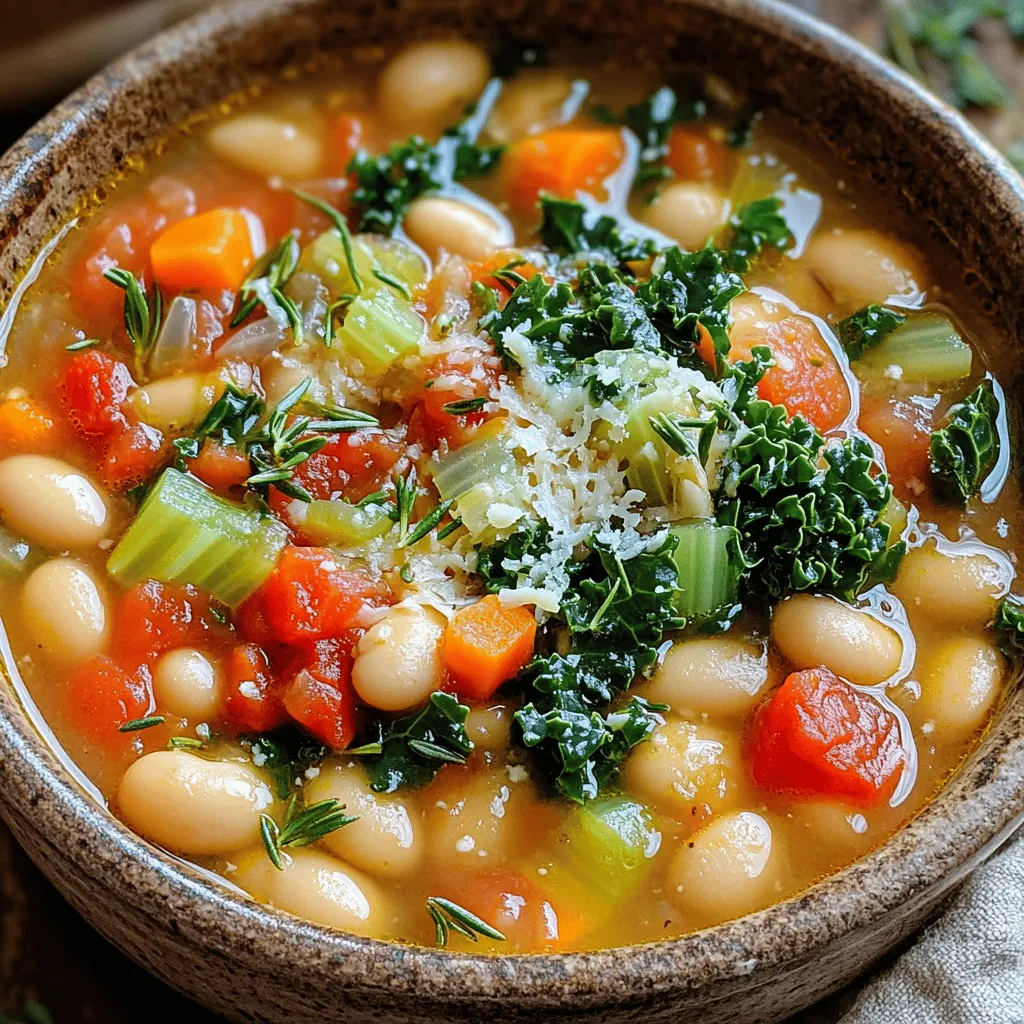 - Dried Cannellini Beans: Use 2 cups of these beans. Rinse and soak them overnight. - Fresh Vegetables: You will need 1 large onion, 3 cloves garlic, 2 medium carrots, and 2 celery stalks. Dice them small for easy cooking. - Herbs and Spices: Add 1 tablespoon of fresh rosemary and 1 tablespoon of fresh thyme. These give the stew a nice aroma. - Vegetable Broth: Use 4 cups of low-sodium vegetable broth. This adds depth to the stew. - Olive Oil: Add 1 tablespoon of extra virgin olive oil. It helps sauté the veggies and adds flavor. - Lemon Juice: Squeeze the juice of 1 fresh lemon into the stew. This brightens the taste. - Grated Parmesan Cheese: For serving, sprinkle some cheese on top. It gives a rich finish. - Fresh Rosemary for Garnish: A sprig of fresh rosemary adds a nice touch. It makes the dish look appealing and adds smell. Start by rinsing the dried cannellini beans well. Place them in a bowl and cover them with cool water. Let them soak overnight. This helps them become soft and tender when cooked. After soaking, drain the beans and set them aside. Next, prepare your vegetables. Dice one large onion into small pieces. Mince three cloves of garlic into a paste. Then, chop two medium carrots and two celery stalks into small cubes. This will add great flavor and texture to the stew. In a medium skillet, heat one tablespoon of olive oil over medium heat. When the oil shimmers, add the diced onion. Cook until it turns translucent, about three to four minutes. Then, add the minced garlic, diced carrots, and celery. Sauté this mix for five to seven minutes. You want the vegetables to be tender and aromatic. Now, transfer your sautéed vegetables to the slow cooker. Add the soaked cannellini beans, one can of diced tomatoes with juice, and four cups of vegetable broth. Toss in two cups of chopped kale, one tablespoon of fresh rosemary, and one tablespoon of fresh thyme. Don’t forget to season with salt and freshly ground black pepper. Stir everything well to combine. Cover the slow cooker with its lid. Set it to low heat for six to eight hours. If you’re short on time, you can set it to high for three to four hours. The stew is ready when the beans are tender and creamy. After cooking, squeeze the juice of one fresh lemon into the stew. Stir the mixture well to blend the flavors. Taste the stew and adjust the salt and pepper if needed. This will brighten the dish. When serving, ladle the stew into bowls. For extra flavor, you can top it with grated Parmesan cheese. This adds a rich, savory touch. Serve it in rustic bowls for a cozy feel. You can even add a sprig of fresh rosemary on top for a nice look. Enjoy your hearty comfort dish! Ensuring Beans Maintain Shape To keep your beans intact, soak them overnight. This helps them absorb water and soften. Drain them well before cooking. Rinsing them also removes any dust. This small step makes a big difference. Flavor Enhancements For a deeper taste, I recommend sautéing the onion and garlic. This brings out their natural sweetness. Adding fresh herbs like rosemary and thyme boosts the flavor too. Don’t skip the squeeze of lemon juice at the end. It adds brightness to the stew. Prepping Ingredients Ahead Chop your veggies the night before. Store them in an airtight container. It saves time on cooking day. You can also soak the beans in the morning if you plan to cook later. Using Pre-Cooked Beans If you’re short on time, use canned beans. Just rinse them well before adding to the stew. This cuts cooking time down significantly. You can enjoy your hearty meal in less than half the time! Serving in Rustic Bowls Serve your stew in rustic bowls. It makes the dish feel warm and inviting. A simple bowl can elevate the meal. The cozy look fits perfectly with the stew’s hearty nature. Garnishing with Fresh Herbs Top each bowl with fresh herbs. A sprinkle of rosemary or thyme adds color. It also enhances the aroma. This little touch makes your dish look fancy and appealing. {{image_4}} Using different beans can change this stew's texture and flavor. You can use navy beans or great northern beans as great substitutes for cannellini beans. They provide a nice creaminess and hold their shape well during cooking. These beans also soak up the flavors of the broth, making each bite delightful. Adding protein options can make this stew heartier. Cooked sausage, shredded chicken, or diced ham can add a savory touch. You can brown the meat before adding it to the slow cooker. For a vegetarian option, try adding cubed tofu or tempeh for added protein. To make a vegan version, skip the Parmesan cheese and use vegetable broth. Most ingredients in this stew are already vegan-friendly. If you want a gluten-free dish, ensure your broth is labeled gluten-free. The stew is naturally gluten-free without any bread or pasta. Adjusting for spice level is easy. If you like heat, add red pepper flakes or diced jalapeños. For a milder dish, stick to the original recipe without adding any spicy elements. You can also try adding a dash of smoked paprika for a warm flavor without the heat. Incorporating seasonal vegetables can boost the stew's freshness. In spring, add asparagus or peas for a bright touch. In fall, consider adding butternut squash or sweet potatoes. These veggies will cook nicely and add sweetness to the dish. Modifying herbs for unique flavor can elevate your stew. Try using fresh basil or parsley in place of rosemary and thyme for a different taste. Each herb brings its own personality, so feel free to mix and match based on what you have on hand. After making Slow Cooker Tuscan White Bean Stew, you will want to store leftovers properly. Let the stew cool to room temperature first. Then, divide it into smaller portions. This helps it cool down faster and makes it easier to reheat later. I recommend using airtight containers to keep it fresh. Glass containers or BPA-free plastic ones work well. If you want to save the stew for later, freezing is a great option. To freeze the stew, first, let it cool completely. Pour it into freezer-safe bags or containers. Make sure to leave some space at the top, as the stew will expand when frozen. When you're ready to eat, thaw it in the fridge overnight. You can also use the microwave for quick thawing. Reheat it on low heat on the stove, stirring often until hot. How long does the stew last in the fridge? If stored in the fridge, your stew can last about 4 to 5 days. Just make sure to check for signs of spoilage. Look out for a sour smell, discoloration, or mold. If you notice any of these, it’s best to throw it away. Proper storage helps keep your stew safe and tasty for days to come. Yes, you can use canned beans. Just rinse and drain them well. Use about three cans for this recipe. This saves time since they are already cooked. Add them to the stew in the last hour of cooking. This keeps them from getting too soft. To make the stew thicker, mash some beans. You can use a fork or a potato masher. Stir the mashed beans back into the stew. Another way is to let it cook longer with the lid off. This helps the liquid reduce. This stew pairs well with crusty bread. A side salad also adds freshness. You can serve it with a sprinkle of grated Parmesan cheese on top. A drizzle of olive oil enhances the flavor too. Yes, you can. Just soak the beans overnight as usual. In a large pot, sauté the vegetables first. Then add the beans, broth, and tomatoes. Let it simmer for about 1 to 1.5 hours until the beans are tender. Stir occasionally to prevent sticking. To make more servings, double the recipe. Use four cups of dried beans and increase the veggies too. Be sure to add more broth as well. Adjusting seasoning is important, so taste as you go. This way, everyone gets a hearty bowl! This blog post showed you how to make a tasty Slow Cooker Tuscan White Bean Stew. We covered key ingredients like dried cannellini beans, fresh veggies, and flavorful herbs. I shared step-by-step instructions for preparation and cooking. You learned tips for perfecting your stew, along with variations and storage advice. Now you’re ready to create a delicious meal. Enjoy making this stew with your own twists and flavors!