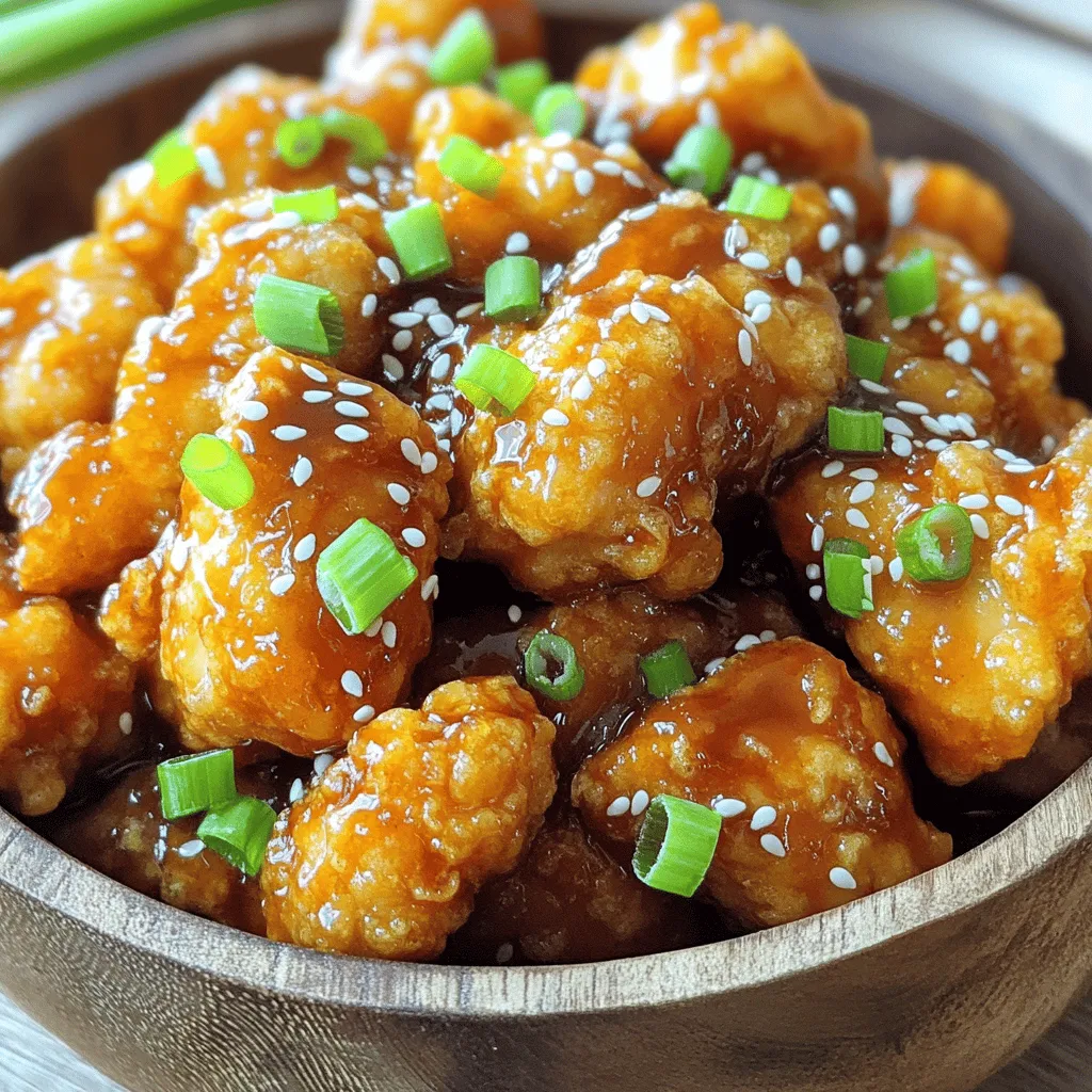 - 1 pound boneless, skinless chicken thighs, diced into bite-sized pieces - 1/2 cup all-purpose flour - 1/2 cup cornstarch - 1 teaspoon baking powder - 1 teaspoon garlic powder - 1/2 teaspoon salt - 1/4 teaspoon freshly ground black pepper - 1 large egg, beaten - 1/4 cup freshly squeezed orange juice - 1/4 cup low-sodium soy sauce - 2 tablespoons honey - 1 teaspoon freshly grated ginger - 1 teaspoon sesame oil - 1 tablespoon green onion, finely chopped - Sesame seeds Gathering these ingredients is a key step to making this dish shine. Boneless chicken thighs give you juicy bites. The dry coating mix, made from flour and cornstarch, adds crunch. Seasonings like garlic powder, salt, and pepper bring out great flavors. You need a wet marinade too. This includes a beaten egg, fresh orange juice, soy sauce, honey, ginger, and sesame oil. Together, they form a flavorful base that coats the chicken, making it taste amazing. For garnishing, green onion and sesame seeds add a pop of color and extra crunch. With these ingredients ready, you are set to create a dish full of bold flavors. In a medium bowl, I whisk together the dry ingredients. I use 1/2 cup of all-purpose flour, 1/2 cup of cornstarch, 1 teaspoon of baking powder, 1 teaspoon of garlic powder, 1/2 teaspoon of salt, and 1/4 teaspoon of black pepper. Make sure it is all mixed well. This dry mixture helps the chicken get that crispy texture we all love. Next, I grab another bowl to prepare the wet mixture. I mix 1 large beaten egg, 1/4 cup of freshly squeezed orange juice, 1/4 cup of low-sodium soy sauce, 2 tablespoons of honey, 1 teaspoon of grated ginger, and 1 teaspoon of sesame oil. I stir until it is smooth. This blend adds flavor and juiciness to the chicken. Now, I add the diced chicken thighs to the wet mixture. I make sure each piece is fully coated in the marinade. Then, I sprinkle the dry mixture over the chicken. I use my hands to toss the chicken. I want each piece to be well-covered, forming a thick, crunchy layer. I preheat my air fryer to 400°F. This takes about 5 minutes. After preheating, I place the coated chicken in the air fryer basket. It is important not to overcrowd it. I cook the chicken in batches if needed. I air fry the chicken for 12 to 15 minutes, flipping halfway through. The chicken should be golden brown and crispy outside. While the chicken cooks, I prepare the orange sauce. I simmer the remaining orange juice, soy sauce, and honey in a small saucepan over medium heat. I let it cook for about 5 minutes until it thickens a bit. This sauce gives the chicken its signature flavor. Once the chicken is done, I transfer it to a large bowl. I drizzle the thickened sauce over the hot chicken. I toss it gently to coat each piece. For serving, I plate the chicken and garnish it with chopped green onions and a sprinkle of sesame seeds. It looks vibrant and delicious! To get the best crunch, cook the chicken in batches. Overcrowding the air fryer can trap steam. This makes the chicken soggy instead of crispy. Spread the chicken pieces out in a single layer. This allows hot air to flow around each piece, giving you that perfect crisp. Want to jazz up the flavor? Try adding spices like paprika or cayenne pepper for heat. You can also switch up the sauce. Use teriyaki or sweet chili for a new twist. If you like a tangy taste, squeeze in more orange juice or add lime juice. These swaps can bring a fun twist to your meal. Cook the chicken for 12 to 15 minutes. Halfway through, flip the pieces to ensure even cooking. Check the doneness by cutting a piece in half. If the center is still pink, cook for a few more minutes. Adjust the time based on your air fryer’s heat level. Each fryer is a bit different, so keep an eye on it! {{image_4}} You can switch out chicken for other proteins. Chicken breast works well, but tofu is a great choice for a plant-based meal. Tofu absorbs flavors nicely. Shrimp also adds a nice touch. Simply adjust the cooking time as needed. Shrimp cooks faster, so watch it closely. For tofu, press it first to remove excess moisture. This helps it crisp up better in the air fryer. If you want to change the flavor, try using lemon or lime. Lemon juice gives a bright, zesty taste. Lime adds a nice tropical twist. Both citrus fruits work well with the soy sauce and honey. You can use the same amount as orange juice in the recipe. This keeps the balance of flavors intact. Making this recipe gluten-free is easy. Just replace all-purpose flour with a gluten-free blend. Also, use tamari instead of soy sauce for a gluten-free option. Cornstarch is already gluten-free, so you can use that as is. These simple swaps will keep your dish tasty while meeting dietary needs. Enjoy the same crispy texture without worry! To keep your leftover crispy orange chicken fresh, store it in an airtight container. Make sure to let it cool down before sealing it. Place it in the fridge within two hours of cooking. This will help maintain its flavor and texture. Your chicken should stay good for about three days. If you want to enjoy it later, follow these steps for best results. To keep the chicken crispy when reheating, use your air fryer. Set it to 350°F (175°C). Place the chicken in a single layer and heat for about 5-7 minutes. This method helps to revive that crunchy outside. You can also use an oven if you don’t have an air fryer. Just make sure to cover it loosely with foil to avoid drying it out. If you want to save your crispy orange chicken for later, freezing is a good choice. First, let it cool completely. Then, wrap each piece in plastic wrap, and place them in a freezer-safe bag. Remove as much air as you can before sealing. This helps prevent freezer burn. When you're ready to enjoy it, thaw in the fridge overnight before reheating. This method keeps the chicken tasty and ready for your next meal. To get crispy chicken, follow these key tips: - Use cornstarch: This helps make the chicken crunchier. - Don't overcrowd: Cook in batches for better air flow. - Flip halfway: This ensures even cooking and crispiness. - Preheat the air fryer: This helps achieve that golden brown color. - Use dry coating: A thick layer of the dry mixture gives the chicken a great crunch. Yes, you can use frozen chicken! Here’s how: - Thaw first: Let the chicken thaw in the fridge overnight. - Pat dry: Make sure to dry the chicken with paper towels before coating. - Adjust cooking time: Frozen chicken may need a few extra minutes to cook. Here are some tasty side dishes to pair with your chicken: - Steamed rice: A classic choice that soaks up the sauce. - Stir-fried veggies: Broccoli, bell peppers, or snap peas add color and crunch. - Noodles: Soy sauce or sesame noodles work well. - Salad: A light green salad adds freshness and balance. Crispy orange chicken stays fresh for about: - 3 to 4 days in the fridge. - Store in an airtight container to keep it tasty. - Reheat in the air fryer for best crispiness. You learned how to make crispy orange chicken with easy steps and tasty ingredients. We covered the right mixtures and cooking tips to ensure perfect crunch. Remember to store leftovers correctly and reheat them to keep that crispiness. Feel free to try different proteins and flavors to suit your taste. Cooking should be fun and rewarding. Enjoy your meal, share it with friends, and explore new recipes!