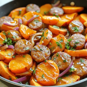 - 1 lb sweet Italian chicken sausage, sliced into bite-sized pieces - 2 medium sweet potatoes, peeled and cut into 1-inch cubes - 4 cloves garlic, finely minced - 1 medium red onion, chopped - 1 tablespoon honey - 2 tablespoons soy sauce (or tamari) - 1 tablespoon extra virgin olive oil - 1 teaspoon smoked paprika - ½ teaspoon ground black pepper - ¼ teaspoon sea salt - Fresh parsley, finely chopped When I prepare Honey Garlic Sausage and Sweet Potatoes, I start with fresh ingredients. Sweet Italian chicken sausage gives a rich flavor. Sweet potatoes add sweetness and color. Garlic brings a strong aroma, while red onion adds a nice crunch. The sauce is where the magic happens. Honey balances the savory notes. Soy sauce, or tamari for a gluten-free option, adds depth. Extra virgin olive oil keeps everything moist. Smoked paprika offers warmth, and black pepper and sea salt enhance all the flavors. Finally, fresh parsley brightens the dish. It adds a pop of color and freshness. This combination of ingredients creates a flavor burst that’s hard to resist. Start by heating olive oil in a large skillet over medium heat. Once the oil is hot, add the sweet potato cubes. Sprinkle them with sea salt and smoked paprika. Cook the sweet potatoes for about 10-15 minutes. Stir them occasionally. You want them to become fork-tender and develop a golden-brown crust. Once they are ready, transfer them to a plate and set aside. In the same skillet, add the sliced sweet Italian chicken sausage. Sauté it over medium-high heat for 5-7 minutes. Turn the sausage pieces occasionally. Cook until they turn a nice golden-brown and are cooked through. This adds great flavor to the dish and keeps the sausage juicy. Now, toss in the chopped red onion. Sauté this for about 3-4 minutes until it softens and turns translucent. Next, add the minced garlic and cook for another minute. This will release a wonderful smell. After this, return the sweet potatoes to the skillet. Drizzle honey and soy sauce over the mixture. Gently stir everything together until well combined. Let the skillet mixture cook for another 3-5 minutes. This step allows the flavors to meld together beautifully. To check if it’s done, taste a piece of sweet potato. It should be soft and flavorful. Once everything is ready, sprinkle freshly chopped parsley on top for color. Serve hot and enjoy the burst of flavors! - Recommended cooking temperatures: Always cook the sweet potatoes over medium heat. This ensures they cook evenly and become tender. The sausage should be cooked over medium-high heat, helping them brown nicely. - How to prevent overcooking ingredients: Keep a close watch on the sweet potatoes while they cook. Stir them often to prevent sticking. If you notice they are browning too fast, reduce the heat. For the sausage, cook just until golden brown but not dry. - Suggestions for additional spices: Consider adding a pinch of cayenne pepper for heat. A dash of thyme or rosemary can boost the dish's aroma. - Optional ingredients for added flavor: Try adding bell peppers or zucchini for extra veggies. You can also use maple syrup instead of honey for a different sweetness. - Presentation ideas: Serve the dish in the skillet for a rustic look. You can also place it on a colorful platter and sprinkle fresh parsley on top for a vibrant touch. - Pairing options with sides or breads: This dish pairs well with crusty bread or a fresh green salad. A side of roasted Brussels sprouts can also complement the flavors nicely. {{image_4}} You can change the sausage to suit your taste. Try Italian turkey sausage for a leaner option. Chicken sausage adds a nice touch without being too heavy. If you want a kick, use spicy sausage. For vegetables, sweet potatoes shine, but others can work too. Carrots add sweetness. Bell peppers bring crunch and color. Even zucchini can be tasty when sautéed. Each choice changes the dish's overall flavor. To make this dish gluten-free, swap soy sauce for tamari. It keeps the same taste while being safe for gluten-free diets. Check for gluten-free sausages too, as many brands offer this option. For a vegetarian or vegan version, skip the sausage. Use veggie sausage or even chickpeas for protein. You can add more veggies like spinach or mushrooms for extra flavor and texture. Just adjust cooking times as needed. Honey comes in many forms. You can try wildflower honey for a floral note. Clover honey gives a milder sweetness. Maple syrup can also be a fun twist, adding a different kind of sweetness. Experiment with sauces and toppings. A splash of hot sauce can add heat. For a tangy twist, try a drizzle of balsamic glaze. Adding toasted nuts like pecans or walnuts can give a crunch and deeper flavor. To keep your Honey Garlic Sausage and Sweet Potatoes fresh, cool them first. Use airtight containers for storage. This method locks in flavor and moisture. When stored properly, the dish lasts up to three days in the fridge. Always let it cool to room temperature before sealing it. If you want to save leftovers, freezing works well. Divide the dish into smaller portions. Place them in freezer-safe bags or containers. Make sure to remove as much air as possible. This helps prevent freezer burn. You can freeze the meal for up to three months. When ready to eat, let it thaw in the fridge overnight. To reheat, use a skillet or microwave. For the skillet, heat over medium-low. Add a splash of water to keep it moist. Stir occasionally for even heating. In the microwave, use a microwave-safe dish. Heat in short bursts, stirring in between. Aim for about 2-3 minutes. Always check that the dish is hot throughout, reaching at least 165°F. This way, your meal stays tasty and safe to eat. It takes about 10 minutes to prep and 30 minutes to cook. You will spend 10 minutes on sweet potatoes and 20 minutes on sausage and onions. The total time is around 40 minutes. Yes, you can use other sausages. Italian sausage adds great flavor. Turkey or pork sausage works well too. If you want a kick, try spicy sausage. You can serve this dish with a fresh salad or steamed veggies. A side of rice or crusty bread pairs nicely. You might also enjoy it with roasted Brussels sprouts for added crunch. To spice it up, add red pepper flakes or chopped jalapeños. You can mix in a dash of hot sauce or use spicy sausage. These ingredients will give your dish a nice heat boost. This recipe for Honey Garlic Sausage and Sweet Potatoes combines tasty ingredients with simple cooking steps. We discussed how to prepare the sweet potatoes and cook the sausage to perfection. The right seasonings, like smoked paprika, enhance the flavors. You can also adjust the recipe with different ingredients or dietary needs. Enjoy experimenting with colors and flavors in this dish. The joy of cooking comes from trying new things. You’ll love the outcome!