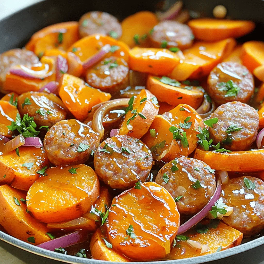- 1 lb sweet Italian chicken sausage, sliced into bite-sized pieces - 2 medium sweet potatoes, peeled and cut into 1-inch cubes - 4 cloves garlic, finely minced - 1 medium red onion, chopped - 1 tablespoon honey - 2 tablespoons soy sauce (or tamari) - 1 tablespoon extra virgin olive oil - 1 teaspoon smoked paprika - ½ teaspoon ground black pepper - ¼ teaspoon sea salt - Fresh parsley, finely chopped When I prepare Honey Garlic Sausage and Sweet Potatoes, I start with fresh ingredients. Sweet Italian chicken sausage gives a rich flavor. Sweet potatoes add sweetness and color. Garlic brings a strong aroma, while red onion adds a nice crunch. The sauce is where the magic happens. Honey balances the savory notes. Soy sauce, or tamari for a gluten-free option, adds depth. Extra virgin olive oil keeps everything moist. Smoked paprika offers warmth, and black pepper and sea salt enhance all the flavors. Finally, fresh parsley brightens the dish. It adds a pop of color and freshness. This combination of ingredients creates a flavor burst that’s hard to resist. Start by heating olive oil in a large skillet over medium heat. Once the oil is hot, add the sweet potato cubes. Sprinkle them with sea salt and smoked paprika. Cook the sweet potatoes for about 10-15 minutes. Stir them occasionally. You want them to become fork-tender and develop a golden-brown crust. Once they are ready, transfer them to a plate and set aside. In the same skillet, add the sliced sweet Italian chicken sausage. Sauté it over medium-high heat for 5-7 minutes. Turn the sausage pieces occasionally. Cook until they turn a nice golden-brown and are cooked through. This adds great flavor to the dish and keeps the sausage juicy. Now, toss in the chopped red onion. Sauté this for about 3-4 minutes until it softens and turns translucent. Next, add the minced garlic and cook for another minute. This will release a wonderful smell. After this, return the sweet potatoes to the skillet. Drizzle honey and soy sauce over the mixture. Gently stir everything together until well combined. Let the skillet mixture cook for another 3-5 minutes. This step allows the flavors to meld together beautifully. To check if it’s done, taste a piece of sweet potato. It should be soft and flavorful. Once everything is ready, sprinkle freshly chopped parsley on top for color. Serve hot and enjoy the burst of flavors! - Recommended cooking temperatures: Always cook the sweet potatoes over medium heat. This ensures they cook evenly and become tender. The sausage should be cooked over medium-high heat, helping them brown nicely. - How to prevent overcooking ingredients: Keep a close watch on the sweet potatoes while they cook. Stir them often to prevent sticking. If you notice they are browning too fast, reduce the heat. For the sausage, cook just until golden brown but not dry. - Suggestions for additional spices: Consider adding a pinch of cayenne pepper for heat. A dash of thyme or rosemary can boost the dish's aroma. - Optional ingredients for added flavor: Try adding bell peppers or zucchini for extra veggies. You can also use maple syrup instead of honey for a different sweetness. - Presentation ideas: Serve the dish in the skillet for a rustic look. You can also place it on a colorful platter and sprinkle fresh parsley on top for a vibrant touch. - Pairing options with sides or breads: This dish pairs well with crusty bread or a fresh green salad. A side of roasted Brussels sprouts can also complement the flavors nicely. {{image_4}} You can change the sausage to suit your taste. Try Italian turkey sausage for a leaner option. Chicken sausage adds a nice touch without being too heavy. If you want a kick, use spicy sausage. For vegetables, sweet potatoes shine, but others can work too. Carrots add sweetness. Bell peppers bring crunch and color. Even zucchini can be tasty when sautéed. Each choice changes the dish's overall flavor. To make this dish gluten-free, swap soy sauce for tamari. It keeps the same taste while being safe for gluten-free diets. Check for gluten-free sausages too, as many brands offer this option. For a vegetarian or vegan version, skip the sausage. Use veggie sausage or even chickpeas for protein. You can add more veggies like spinach or mushrooms for extra flavor and texture. Just adjust cooking times as needed. Honey comes in many forms. You can try wildflower honey for a floral note. Clover honey gives a milder sweetness. Maple syrup can also be a fun twist, adding a different kind of sweetness. Experiment with sauces and toppings. A splash of hot sauce can add heat. For a tangy twist, try a drizzle of balsamic glaze. Adding toasted nuts like pecans or walnuts can give a crunch and deeper flavor. To keep your Honey Garlic Sausage and Sweet Potatoes fresh, cool them first. Use airtight containers for storage. This method locks in flavor and moisture. When stored properly, the dish lasts up to three days in the fridge. Always let it cool to room temperature before sealing it. If you want to save leftovers, freezing works well. Divide the dish into smaller portions. Place them in freezer-safe bags or containers. Make sure to remove as much air as possible. This helps prevent freezer burn. You can freeze the meal for up to three months. When ready to eat, let it thaw in the fridge overnight. To reheat, use a skillet or microwave. For the skillet, heat over medium-low. Add a splash of water to keep it moist. Stir occasionally for even heating. In the microwave, use a microwave-safe dish. Heat in short bursts, stirring in between. Aim for about 2-3 minutes. Always check that the dish is hot throughout, reaching at least 165°F. This way, your meal stays tasty and safe to eat. It takes about 10 minutes to prep and 30 minutes to cook. You will spend 10 minutes on sweet potatoes and 20 minutes on sausage and onions. The total time is around 40 minutes. Yes, you can use other sausages. Italian sausage adds great flavor. Turkey or pork sausage works well too. If you want a kick, try spicy sausage. You can serve this dish with a fresh salad or steamed veggies. A side of rice or crusty bread pairs nicely. You might also enjoy it with roasted Brussels sprouts for added crunch. To spice it up, add red pepper flakes or chopped jalapeños. You can mix in a dash of hot sauce or use spicy sausage. These ingredients will give your dish a nice heat boost. This recipe for Honey Garlic Sausage and Sweet Potatoes combines tasty ingredients with simple cooking steps. We discussed how to prepare the sweet potatoes and cook the sausage to perfection. The right seasonings, like smoked paprika, enhance the flavors. You can also adjust the recipe with different ingredients or dietary needs. Enjoy experimenting with colors and flavors in this dish. The joy of cooking comes from trying new things. You’ll love the outcome!