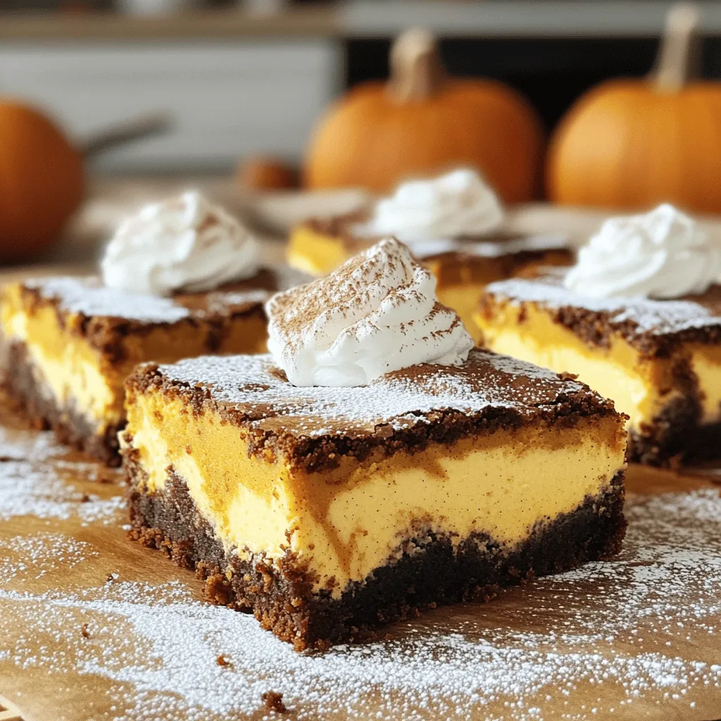 - 1 cup unsalted butter, melted - 2 cups granulated sugar - 4 large eggs - 1 teaspoon pure vanilla extract - 1 cup all-purpose flour - 1/2 cup unsweetened cocoa powder - 1/2 teaspoon fine sea salt - 1/2 teaspoon baking powder - 8 oz cream cheese, softened to room temperature - 1/2 cup granulated sugar - 1/2 cup canned pumpkin puree (not pie filling) - 1 teaspoon pure vanilla extract - 1 teaspoon pumpkin pie spice - 2 large eggs - 9x13 inch baking pan - Mixing bowls - Whisk or wooden spoon - Sifter - Spatula - Electric mixer - Knife or toothpick - Wire rack Gathering fresh ingredients is key. I love using quality butter and pure vanilla extract. It makes all the difference in flavor. For the pumpkin cheesecake layer, make sure your cream cheese is soft. This helps it blend smoothly. A good mixer saves time and effort. Having a sturdy spatula makes spreading the layers easy. Lastly, a wire rack is great for cooling. Enjoy your baking! First, preheat your oven to 350°F (175°C). This step is key to getting the right texture. Next, grab a 9x13 inch baking pan. You can use cooking spray to grease the pan. If you prefer, line it with parchment paper. Leave some paper hanging over the edges. This makes it easy to lift out the bars later. In a large mixing bowl, combine 1 cup of melted butter and 2 cups of granulated sugar. Stir them together well until they look shiny. Add 4 large eggs one by one. Whisk each egg in fully before adding the next. This helps create a smooth batter. Mix in 1 teaspoon of pure vanilla extract for flavor. In another bowl, sift together 1 cup of all-purpose flour, 1/2 cup of cocoa powder, 1/2 teaspoon of fine sea salt, and 1/2 teaspoon of baking powder. Fold the dry mix into the wet mix gently. Do not overmix; it’s okay if there are a few lumps. In a medium bowl, beat 8 oz of softened cream cheese. Use an electric mixer on medium speed until smooth. Gradually add 1/2 cup of granulated sugar, 1/2 cup of canned pumpkin puree, 1 teaspoon of vanilla extract, and 1 teaspoon of pumpkin pie spice. Mix until it’s all blended. Then, add 2 large eggs one at a time, mixing slowly just until combined. Pour the brownie batter into the prepared baking pan. Spread it evenly using a spatula. Next, pour the pumpkin cheesecake mixture over the brownie layer. Use the spatula to cover it completely. To create a marbled look, take a knife or toothpick and swirl through both batters. Be careful not to mix it too much. You want to see both layers. Place the pan in the oven. Bake for about 35-40 minutes. The center should feel set, and a toothpick should come out with a few moist crumbs. Once done, take it out and let it cool on a wire rack for at least 30 minutes. After it cools to room temperature, cover it and chill in the fridge for at least 2 hours. This helps the bars firm up before you slice them. To keep your Pumpkin Cheesecake Brownie Bars fresh, store them in an airtight container. You can keep them in the fridge for up to five days. If you want to save them longer, wrap each bar in plastic wrap and place them in a freezer-safe bag. They can freeze well for up to three months. When you’re ready to enjoy, just thaw them in the fridge overnight. Cutting these bars can be tricky. To get perfect squares, use a sharp knife. First, chill the bars well in the fridge. This helps them firm up. When cutting, wipe the knife with a damp cloth between cuts. This keeps the edges clean and neat. Aim for squares about two inches in size. This size is easy to serve and eat. Many people make simple mistakes while baking. Here are a few to watch out for: - Overmixing the Batter: Mixing too much can make the bars tough. Mix just until combined. - Not Cooling Before Slicing: Cutting warm bars makes a mess. Always cool them properly before slicing. - Using Pie Filling Instead of Puree: Make sure to use canned pumpkin puree, not pumpkin pie filling. The pie filling has extra sugar and spices that can change the taste. By following these tips, you will make the best Pumpkin Cheesecake Brownie Bars. Enjoy every bite! {{image_4}} You can make your brownie base more fun. Add in 1 cup of chocolate chips for extra richness. You might also try 1 cup of chopped nuts, like walnuts or pecans. For a fruity twist, add 1 cup of chopped cherries or raspberries. These add-ins will give your bars a new texture and flavor. Want to switch things up? Try using different flavors for the cheesecake layer. Instead of pumpkin, use 1 cup of mashed banana for a banana cheesecake. You can also use 1 cup of peanut butter for a creamy peanut butter layer. If you love chocolate, add 1/2 cup of melted chocolate for a rich chocolate cheesecake. You can easily make this recipe gluten-free. Simply swap the all-purpose flour with a gluten-free blend. For a dairy-free version, use vegan cream cheese and coconut oil instead of butter. This way, you can enjoy the deliciousness of these bars, no matter your dietary needs. Whipped cream adds a soft touch to these bars. I recommend making it fresh. Just whip heavy cream until it forms soft peaks. Then, add a bit of sugar or vanilla for flavor. Top each bar with a generous dollop. For extra flair, sprinkle cinnamon or nutmeg on top. This spice matches the pumpkin flavor well. It adds warmth and makes each bite more inviting. Plating matters when serving these bars. Use a clean white plate to let the colors pop. Cut the bars into squares and place them in a neat row. You can also stack two or three for a taller look. Drizzle some caramel or chocolate sauce around the bars for a fun touch. If you have fresh mint leaves, add them for a splash of color. This makes your dessert look fancy without much effort. A warm drink goes well with pumpkin cheesecake brownie bars. I suggest a cup of spiced chai tea. The spices in chai match the flavors in your dessert. If you prefer coffee, try a latte with pumpkin spice syrup. For a cold option, apple cider pairs perfectly. It brings out the fall flavors in the bars. These drinks will make your treat even more special. Pumpkin Cheesecake Brownie Bars can last up to five days. Store them in an airtight container in the fridge. This keeps them fresh and tasty. You can also freeze them for up to three months. Just wrap them well in plastic wrap and then in foil. Yes, you can use fresh pumpkin instead of canned puree. However, you must cook and mash it first. Peel the pumpkin, cut it into pieces, and boil until soft. Then, mash it well to get a smooth texture. This gives a fresh taste, but make sure to remove excess water to avoid a soggy cheesecake layer. If you need a substitute for cream cheese, try using Greek yogurt or cottage cheese. Both options work well, but they will change the flavor a bit. You can also use vegan cream cheese if you want a dairy-free option. Just ensure it has a similar texture for the best results. You now have all the steps to make delicious Pumpkin Cheesecake Brownie Bars. We covered the ingredients, tools you need, and clear instructions for every part of the process. I shared tips to store your bars and avoid common mistakes. You can get creative with flavors and serving ideas too. Remember, baking can be fun and tasty. Enjoy your treats with friends or family. Get ready to impress everyone with your baking skills!