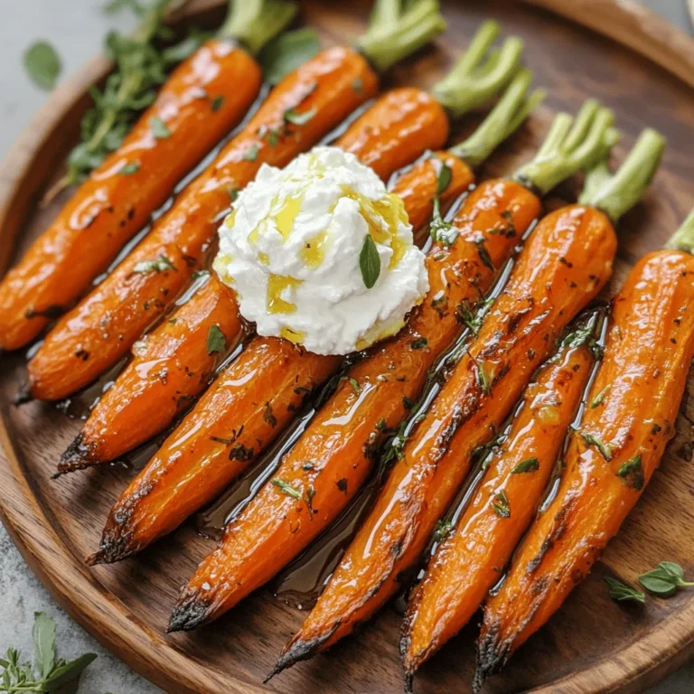 - 1 lb baby carrots, peeled and trimmed - 2 tablespoons extra-virgin olive oil - 2 tablespoons hot honey (or regular honey with a pinch of cayenne pepper for heat) - 1 cup fresh ricotta cheese - 1 tablespoon freshly squeezed lemon juice - Sea salt, to taste - Fresh herbs (thyme or basil) - Additional honey for drizzling Hot Honey Roasted Carrots with Whipped Ricotta is a simple yet tasty dish. The sweet and spicy flavors of the hot honey blend perfectly with the earthy carrots. The whipped ricotta adds creaminess and a touch of freshness. This recipe brings together basic ingredients that you may already have in your kitchen. For the carrots, I love using baby carrots. They are sweet and cook quickly. The extra-virgin olive oil adds a rich flavor, while hot honey brings that spicy kick. If you don’t have hot honey, mix regular honey with a little cayenne pepper. This gives the same heat and sweetness. For the whipped ricotta, fresh ricotta cheese is key. It should be creamy and smooth. Adding lemon juice brightens the flavor, making it more refreshing. Just a pinch of sea salt enhances the taste without overpowering it. Garnishing with fresh herbs like thyme or basil gives a pop of color and flavor. A drizzle of extra honey on top makes it look fancy and taste even better. This dish not only pleases the palate but also the eyes! Set your oven to 400°F (200°C). This step is key for great roasting. A hot oven helps the carrots caramelize nicely. In a large bowl, mix the peeled baby carrots with 2 tablespoons of extra-virgin olive oil and 2 tablespoons of hot honey. Add a pinch of sea salt and black pepper. Toss well until every carrot is coated. This makes the carrots sweet and spicy. Line a baking sheet with parchment paper. Spread the carrots evenly in a single layer. Roast them for about 25-30 minutes. Flip the carrots halfway through. This helps them cook evenly and get a nice golden color. While the carrots roast, make the whipped ricotta. In a medium bowl, combine 1 cup of fresh ricotta cheese, 1 tablespoon of lemon juice, and a pinch of salt. Use a hand mixer or fork to whip until smooth and fluffy. This adds a creamy touch to your dish. Once the carrots are done, remove them from the oven and let them cool for a couple of minutes. On a serving plate, spread a generous amount of whipped ricotta in the center. Then, arrange the hot honey roasted carrots on top. This adds color and texture. Drizzle any leftover hot honey from the baking sheet over the carrots. This enhances the flavor. Finish by sprinkling fresh herbs like thyme or basil on top. This adds a pop of freshness and makes your dish look beautiful. - Selecting the best carrots: Choose vibrant baby carrots that are firm and free from blemishes. Fresh carrots will have a sweet flavor and a great crunch. If you can, buy them from a local market for the best taste. - Importance of even coating: Make sure to coat each carrot evenly with olive oil and hot honey. This step is key for getting that nice caramelization. Toss the carrots well in the bowl before spreading them out on your baking sheet. - Tips for whipping ricotta to a fluffy texture: Start with room temperature ricotta. This makes it easier to whip. Use a hand mixer or a fork to whip it until smooth. Add lemon juice and salt to bring out the flavor. - Flavor variations for whipped ricotta: You can mix in herbs like basil or thyme for a fresh taste. Try adding a bit of garlic powder for a savory kick or some lemon zest for extra brightness. - How to elegantly plate the dish: Use a shallow bowl or wide plate for serving. Spread a generous dollop of whipped ricotta in the center. Arrange the roasted carrots on top in a beautiful pattern. - Suggestions for garnishing with herbs: Sprinkle freshly chopped herbs over the dish for color. Thyme or basil adds a lovely touch. Drizzle some extra hot honey on top for a sweet finish that looks great. {{image_4}} You can easily kick up the heat in this dish. Instead of hot honey, try sriracha or chili flakes. Mix a teaspoon of sriracha into the honey before drizzling. This adds a nice kick. If you prefer chili flakes, sprinkle them on the carrots before roasting. Both options will give your carrots a bold flavor. Carrots are great, but don’t stop there! You can swap them for parsnips or sweet potatoes. Parsnips add a sweet, nutty taste. Sweet potatoes bring a creamy texture. Just cut them into similar sizes, so they cook evenly. These swaps keep the dish fresh and fun. Ricotta is creamy and light, but you can use other cheeses too. Mascarpone gives a rich and smooth flavor. Cream cheese offers a tangy twist. Just whip them with lemon juice and salt like you would with ricotta. Each cheese brings its own flair to the dish. To keep your leftover hot honey roasted carrots fresh, follow these steps: - Let the carrots cool completely. - Place them in an airtight container. - Store in the fridge for up to three days. Keeping them in a good container helps maintain their flavor and texture. To ensure your whipped ricotta stays tasty, do this: - Place it in a clean, airtight container. - Store it in the fridge for up to five days. - When ready to use, whip it again with a fork or mixer to restore its fluffiness. This simple step keeps your ricotta creamy and light. To reheat your carrots without losing their charm, use these methods: - Preheat your oven to 350°F (175°C). - Spread the carrots on a baking sheet. - Heat for about 10-12 minutes until warm. You can also microwave them: - Place the carrots in a microwave-safe dish. - Cover with a damp paper towel. - Heat for 1-2 minutes on medium power. These methods help keep your carrots tender and flavorful. Yes, you can prep this dish ahead of time. Wash and peel the baby carrots. Toss them with olive oil and hot honey. Store them in the fridge for up to 24 hours. When you're ready, just roast them as directed. The whipped ricotta can also be made ahead. Keep it covered in the fridge. Just rewhip it slightly before serving to restore its fluffiness. To achieve perfect browning, spread the carrots in a single layer on the baking sheet. This allows hot air to circulate. Flip them halfway through roasting. This ensures even cooking and caramelization. Keep an eye on them towards the end of cooking. If they start to darken too much, reduce the oven temperature slightly. These carrots pair well with many dishes. Try serving them with grilled chicken or fish. They also work great with a hearty grain salad. For a vegetarian option, serve them alongside quinoa or farro. Adding a fresh green salad can balance the sweetness too. Don't forget to drizzle some extra hot honey on top for added flavor. Yes, you can use regular honey. To mimic the heat, add a pinch of cayenne pepper. Mix it in with the honey before tossing with the carrots. This will give you a similar sweet and spicy flavor. Adjust the amount to suit your taste. You can always add more for extra heat! This article covered how to make hot honey roasted carrots with whipped ricotta. You learned the main ingredients, step-by-step instructions, and helpful tips for perfect results. We also explored variations and storage tips. For a delightful dish, focus on quality ingredients and careful cooking. The blend of sweet and spicy transforms simple carrots into a standout dish. Enjoy sharing this tasty recipe with friends or family for any occasion.