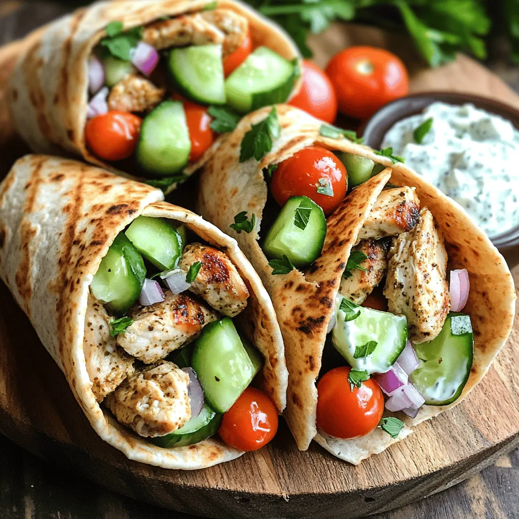 - 2 cups cooked chicken breast, shredded - 1 teaspoon garlic powder - 1 teaspoon dried oregano - 1 teaspoon smoked paprika - Salt and pepper to taste - 4 whole wheat pita wraps - 1 cup cucumber, diced - 1 cup cherry tomatoes, halved - ½ red onion, thinly sliced - ½ cup Greek yogurt - 2 tablespoons tahini - 1 tablespoon lemon juice - Fresh parsley, chopped (for garnish) You can swap the chicken for other proteins. Try turkey or tofu for a twist. Use low-fat yogurt if you want to cut calories. For the pita wraps, you can use lettuce leaves for a low-carb option. Fresh herbs like dill or mint can replace parsley for extra flavor. Each wrap has about 350 calories. It packs protein from chicken and yogurt. You get healthy fats from tahini. The veggies add fiber, vitamins, and minerals. This meal is balanced and good for a quick lunch or dinner. First, gather your ingredients. You will need cooked chicken breast, spices, and fresh veggies. In a large bowl, mix the shredded chicken with garlic powder, dried oregano, smoked paprika, salt, and pepper. Use your hands or a spoon to blend well. Make sure every piece gets coated in spices for tasty bites. Next, heat a non-stick skillet over medium heat. Once hot, add the seasoned chicken to the skillet. Sauté for about 3 to 5 minutes. Stir occasionally until the chicken is warm and slightly crispy. This step adds depth to your dish. Now it's time to put it all together. Warm the pita wraps in a dry skillet or microwave for about 10 to 15 seconds. This makes them soft and easy to roll. Spread a generous tablespoon of tzatziki sauce on each pita. Layer the sautéed chicken, diced cucumber, halved cherry tomatoes, and thinly sliced red onion. Carefully roll each pita tightly, tucking in the sides as you go. Finally, sprinkle freshly chopped parsley on top for color and flavor. Enjoy your Minute Greek Chicken Gyro Wraps! To make your chicken tasty, use fresh, cooked chicken. Shred it into small pieces. Mixing garlic powder, oregano, smoked paprika, salt, and pepper with chicken makes it flavorful. Sauté the chicken for about 3-5 minutes. This will give it a nice, crispy texture. Check for even heating. This step keeps the chicken juicy and warm. Tzatziki sauce adds a fresh touch. You can play with flavors! Try adding fresh dill or mint for a twist. For a spicier version, mix in a touch of crushed red pepper flakes. You can also swap tahini for a bit of mashed avocado for creaminess. Experiment with lemon or lime juice for a zesty kick. Present your wraps beautifully! Cut each wrap in half diagonally. This makes them easy to grab. Arrange the halves on a big platter. Drizzle extra tzatziki on the side for dipping. Add a sprinkle of parsley for color. This makes your meal look inviting and fun! {{image_4}} You can easily make a tasty vegetarian version of these wraps. Instead of chicken, use grilled veggies like zucchini, bell peppers, and eggplant. Toss them with garlic powder, oregano, and smoked paprika. This mix adds a great flavor kick. Also, add some chickpeas for protein and crunch. Layer them in your pita, just like the chicken. You’ll enjoy every bite! If you love heat, spice up your chicken. Add cayenne pepper or chili flakes to the seasoning mix. You can also marinate the chicken in hot sauce for extra flavor. When you sauté the chicken, the spices will create a nice crust. Serve it with spicy tzatziki made with minced jalapeños. It’s a great twist that brings a fiery kick! For a gluten-free option, choose corn tortillas or lettuce wraps. Both choices work well and keep the filling together. If you want a low-carb version, use large lettuce leaves. They add crunch and freshness. You can still fill them with chicken, veggies, and tzatziki. This way, you enjoy the same wonderful flavors with fewer carbs! To keep your Minute Greek Chicken Gyro Wraps fresh, place leftovers in an airtight container. Make sure to separate the pita wraps from the filling to prevent sogginess. Store in the fridge for up to three days. This helps maintain the flavors and textures for your next meal. If you want to save some wraps for later, freezing works great! Wrap each gyro tightly in plastic wrap or aluminum foil. Then, place them in a freezer-safe bag. You can freeze them for up to two months. Just remember to label the bags with the date. To enjoy your frozen wraps, first thaw them in the fridge overnight. When ready to eat, reheat them in a skillet over medium heat for about 5 minutes. This warms the filling and softens the pita. You can also use the microwave for a quick option. Heat for 30-45 seconds, but be careful not to make them tough. Enjoy your tasty wraps just like the first time! Yes, you can use other meats. Try turkey, beef, or lamb. Each type brings a unique taste. Just ensure they are cooked well. Shred or slice them like chicken. Adjust your cooking time as needed. To boost the sauce, add fresh herbs. Mint or dill works great. You can also mix in garlic or lemon zest. A pinch of cayenne can add heat. Taste your sauce as you add. Adjust until you love the flavor. Greek Chicken Gyro Wraps go well with many sides. A simple Greek salad is perfect. Roasted vegetables add color and taste. You might enjoy crispy fries or pita chips too. For a light touch, serve with olives or hummus. This guide covers all you need for Greek Chicken Gyro Wraps. We discussed ingredients, cooking steps, and smart tips for great flavor. You have options for variations, making this dish flexible for all diets. Proper storage methods help keep your wraps fresh. In summary, enjoy making these gyros your way. Don’t forget to experiment with flavors and sides. With practice, you’ll master this tasty meal!