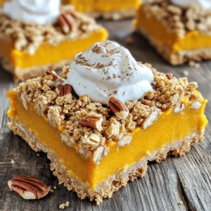- 1 cup all-purpose flour - 1 cup rolled oats - 1/2 cup brown sugar, packed - 1/2 cup unsalted butter, melted - 1/2 teaspoon baking powder - 1/2 teaspoon ground cinnamon - 1/4 teaspoon ground nutmeg - 1/4 teaspoon salt - 1 can (15 oz) pumpkin puree - 1 cup sweetened condensed milk - 2 large eggs, at room temperature - 1 teaspoon vanilla extract - 1/2 cup chopped pecans (optional) - Whipped cream, for serving The ingredients for pumpkin crunch squares create a perfect blend of flavors. You need simple items that work well together. The all-purpose flour and oats form a hearty base. Brown sugar adds sweetness and depth. Butter gives richness, while baking powder helps the crust rise. The spices, cinnamon and nutmeg, make it taste like fall. The pumpkin puree brings a creamy texture. Sweetened condensed milk adds extra sweetness and creaminess. Eggs help bind everything. The vanilla extract gives a nice aroma. If you love nuts, add chopped pecans for crunch. - 1 cup all-purpose flour = 125 grams - 1 cup rolled oats = 90 grams - 1/2 cup brown sugar = 110 grams - 1/2 cup unsalted butter = 115 grams - 1/2 teaspoon baking powder = 2 grams - 1/2 teaspoon ground cinnamon = 1.5 grams - 1/4 teaspoon ground nutmeg = 0.5 grams - 1/4 teaspoon salt = 1.5 grams - 1 can (15 oz) pumpkin puree = 425 grams - 1 cup sweetened condensed milk = 300 grams - 2 large eggs = about 100 grams - 1 teaspoon vanilla extract = 5 grams - 1/2 cup chopped pecans = 60 grams These conversions help if you prefer measuring in grams. You can easily switch between cups and grams. You can change some ingredients if needed. Use whole wheat flour for a nuttier taste. For a gluten-free option, try almond flour or oat flour. If you want less sugar, use coconut sugar or maple syrup. For a dairy-free version, use coconut oil instead of butter. Substitute the sweetened condensed milk with a dairy-free option, like almond milk mixed with a thickener. Feel free to experiment with the spices. More cinnamon or a hint of ginger adds a nice twist. Just remember, these squares are all about balance. Keep the flavors in harmony for the best result. - Preheat your oven to 350°F (180°C) and grease a 9x13 inch baking dish. - In a large bowl, mix 1 cup of all-purpose flour, 1 cup of rolled oats, and 1/2 cup of packed brown sugar. To make the crust, pour in 1/2 cup of melted unsalted butter. Use a fork or your hands to mix until it looks like coarse crumbs. Take half of this crumb mixture and press it into the bottom of the greased dish. Set the rest aside for later. - In a different bowl, add 1 can (15 oz) of pumpkin puree, 1 cup of sweetened condensed milk, and 2 large eggs (beaten). - Mix in 1 teaspoon of vanilla extract, 1/2 teaspoon of ground cinnamon, 1/4 teaspoon of ground nutmeg, and 1/4 teaspoon of salt. Stir until it is smooth. - Carefully pour this pumpkin mix over the crust. Use a spatula to spread it evenly. - Sprinkle the reserved crumb mixture on top of the pumpkin layer. If you like, add 1/2 cup of chopped pecans for extra crunch. - Bake for 30-35 minutes. The top should turn golden brown, and a toothpick inserted in the center should come out clean. - Let the squares cool in the dish for 15-20 minutes before cutting them into squares. - Adjusting spices to taste: Start with the basic spices. You can add more cinnamon or nutmeg if you want a stronger flavor. Taste the pumpkin mix before you pour it into the crust. Make it yours! - Achieving the right texture: The crust should feel crumbly but hold together. If it feels too dry, add a little melted butter. If it's too wet, add a bit of flour or oats. Keep it balanced for the best crunch. Serve your Pumpkin Crunch Squares warm or at room temperature. A dollop of whipped cream on top makes them special. You can also sprinkle a bit of cinnamon for extra flavor. For a fun twist, add some caramel sauce or chocolate drizzle. To store leftovers, keep them in an airtight container. They last for about three days at room temperature. If you want to keep them longer, refrigerate them for up to a week. You can also freeze the squares for up to three months. Just wrap them well to avoid freezer burn. Enjoy your fall treat! {{image_4}} You can make vegan pumpkin crunch squares easily. Start by swapping eggs for flax eggs. Mix one tablespoon of flaxseed meal with three tablespoons of water. Let it sit for five minutes to thicken. Use coconut oil instead of butter for a rich taste. For the sweetened condensed milk, use a store-bought vegan version or make your own using coconut milk and sugar. This keeps the creamy texture while being animal-friendly. If you need a gluten-free version, simply switch to gluten-free flour. Almond flour or oat flour works well. Both add a nice flavor and texture. When using almond flour, blend it with a bit of cornstarch for better results. - Alternative flour suggestions: - Almond flour - Oat flour - Coconut flour (use less, as it absorbs moisture) For a chocolatey twist, stir in chocolate chips into the pumpkin filling. Dark or semi-sweet chips add depth. You can also add dried fruit, like cranberries or raisins, for a sweet chew. Chopped nuts, such as walnuts or pecans, can enhance the crunch. Just remember to mix lightly to keep the filling smooth. Enjoy experimenting with flavors! You can keep Pumpkin Crunch Squares at room temperature. Place them in a covered container. They will stay fresh for about two days. Enjoy them while they are soft and tasty! For longer storage, put the squares in the fridge. They will last about a week. Make sure to cover them well. This keeps them moist and flavorful. When you want to eat them, simply take them out and enjoy! In the fridge, Pumpkin Crunch Squares stay good for up to seven days. This makes it easy to prepare them in advance for guests or special occasions. Just remember to keep them sealed to avoid drying out. You can freeze Pumpkin Crunch Squares for later. Cut them into squares and wrap each one tightly in plastic wrap. Then place them in a freezer bag. They can last for up to three months in the freezer. When you're ready to eat, let them thaw in the fridge overnight. They will taste just as good as fresh! You can use evaporated milk for a similar texture. If you want a dairy-free option, try coconut milk. It adds a nice flavor. You can also mix almond milk with a sweetener to mimic the taste. This works well for those with dietary needs. Yes, you can. Prepare the pumpkin crunch squares a day in advance. Just store them in the fridge after they cool. This allows the flavors to blend well. When you're ready to serve, warm them slightly in the oven. Top with whipped cream right before serving for a fresh touch. To enhance the flavor, add more spices like ginger or cloves. A pinch of nutmeg can also elevate the taste. You can mix in chocolate chips or dried fruit for extra sweetness. Toasted pecans add a nice crunch and a deeper flavor too. Enjoy experimenting with what you have! This article covered how to make delicious Pumpkin Crunch Squares. We discussed key ingredients and steps to create a tasty treat. I shared tips to perfect your baking and options for variations, like vegan and gluten-free. In the end, this dessert is simple and rewarding. You can enjoy it fresh or stored for later. Get creative with your flavors and share with friends. Enjoy your baking adventure!