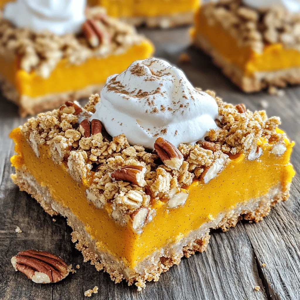 - 1 cup all-purpose flour - 1 cup rolled oats - 1/2 cup brown sugar, packed - 1/2 cup unsalted butter, melted - 1/2 teaspoon baking powder - 1/2 teaspoon ground cinnamon - 1/4 teaspoon ground nutmeg - 1/4 teaspoon salt - 1 can (15 oz) pumpkin puree - 1 cup sweetened condensed milk - 2 large eggs, at room temperature - 1 teaspoon vanilla extract - 1/2 cup chopped pecans (optional) - Whipped cream, for serving The ingredients for pumpkin crunch squares create a perfect blend of flavors. You need simple items that work well together. The all-purpose flour and oats form a hearty base. Brown sugar adds sweetness and depth. Butter gives richness, while baking powder helps the crust rise. The spices, cinnamon and nutmeg, make it taste like fall. The pumpkin puree brings a creamy texture. Sweetened condensed milk adds extra sweetness and creaminess. Eggs help bind everything. The vanilla extract gives a nice aroma. If you love nuts, add chopped pecans for crunch. - 1 cup all-purpose flour = 125 grams - 1 cup rolled oats = 90 grams - 1/2 cup brown sugar = 110 grams - 1/2 cup unsalted butter = 115 grams - 1/2 teaspoon baking powder = 2 grams - 1/2 teaspoon ground cinnamon = 1.5 grams - 1/4 teaspoon ground nutmeg = 0.5 grams - 1/4 teaspoon salt = 1.5 grams - 1 can (15 oz) pumpkin puree = 425 grams - 1 cup sweetened condensed milk = 300 grams - 2 large eggs = about 100 grams - 1 teaspoon vanilla extract = 5 grams - 1/2 cup chopped pecans = 60 grams These conversions help if you prefer measuring in grams. You can easily switch between cups and grams. You can change some ingredients if needed. Use whole wheat flour for a nuttier taste. For a gluten-free option, try almond flour or oat flour. If you want less sugar, use coconut sugar or maple syrup. For a dairy-free version, use coconut oil instead of butter. Substitute the sweetened condensed milk with a dairy-free option, like almond milk mixed with a thickener. Feel free to experiment with the spices. More cinnamon or a hint of ginger adds a nice twist. Just remember, these squares are all about balance. Keep the flavors in harmony for the best result. - Preheat your oven to 350°F (180°C) and grease a 9x13 inch baking dish. - In a large bowl, mix 1 cup of all-purpose flour, 1 cup of rolled oats, and 1/2 cup of packed brown sugar. To make the crust, pour in 1/2 cup of melted unsalted butter. Use a fork or your hands to mix until it looks like coarse crumbs. Take half of this crumb mixture and press it into the bottom of the greased dish. Set the rest aside for later. - In a different bowl, add 1 can (15 oz) of pumpkin puree, 1 cup of sweetened condensed milk, and 2 large eggs (beaten). - Mix in 1 teaspoon of vanilla extract, 1/2 teaspoon of ground cinnamon, 1/4 teaspoon of ground nutmeg, and 1/4 teaspoon of salt. Stir until it is smooth. - Carefully pour this pumpkin mix over the crust. Use a spatula to spread it evenly. - Sprinkle the reserved crumb mixture on top of the pumpkin layer. If you like, add 1/2 cup of chopped pecans for extra crunch. - Bake for 30-35 minutes. The top should turn golden brown, and a toothpick inserted in the center should come out clean. - Let the squares cool in the dish for 15-20 minutes before cutting them into squares. - Adjusting spices to taste: Start with the basic spices. You can add more cinnamon or nutmeg if you want a stronger flavor. Taste the pumpkin mix before you pour it into the crust. Make it yours! - Achieving the right texture: The crust should feel crumbly but hold together. If it feels too dry, add a little melted butter. If it's too wet, add a bit of flour or oats. Keep it balanced for the best crunch. Serve your Pumpkin Crunch Squares warm or at room temperature. A dollop of whipped cream on top makes them special. You can also sprinkle a bit of cinnamon for extra flavor. For a fun twist, add some caramel sauce or chocolate drizzle. To store leftovers, keep them in an airtight container. They last for about three days at room temperature. If you want to keep them longer, refrigerate them for up to a week. You can also freeze the squares for up to three months. Just wrap them well to avoid freezer burn. Enjoy your fall treat! {{image_4}} You can make vegan pumpkin crunch squares easily. Start by swapping eggs for flax eggs. Mix one tablespoon of flaxseed meal with three tablespoons of water. Let it sit for five minutes to thicken. Use coconut oil instead of butter for a rich taste. For the sweetened condensed milk, use a store-bought vegan version or make your own using coconut milk and sugar. This keeps the creamy texture while being animal-friendly. If you need a gluten-free version, simply switch to gluten-free flour. Almond flour or oat flour works well. Both add a nice flavor and texture. When using almond flour, blend it with a bit of cornstarch for better results. - Alternative flour suggestions: - Almond flour - Oat flour - Coconut flour (use less, as it absorbs moisture) For a chocolatey twist, stir in chocolate chips into the pumpkin filling. Dark or semi-sweet chips add depth. You can also add dried fruit, like cranberries or raisins, for a sweet chew. Chopped nuts, such as walnuts or pecans, can enhance the crunch. Just remember to mix lightly to keep the filling smooth. Enjoy experimenting with flavors! You can keep Pumpkin Crunch Squares at room temperature. Place them in a covered container. They will stay fresh for about two days. Enjoy them while they are soft and tasty! For longer storage, put the squares in the fridge. They will last about a week. Make sure to cover them well. This keeps them moist and flavorful. When you want to eat them, simply take them out and enjoy! In the fridge, Pumpkin Crunch Squares stay good for up to seven days. This makes it easy to prepare them in advance for guests or special occasions. Just remember to keep them sealed to avoid drying out. You can freeze Pumpkin Crunch Squares for later. Cut them into squares and wrap each one tightly in plastic wrap. Then place them in a freezer bag. They can last for up to three months in the freezer. When you're ready to eat, let them thaw in the fridge overnight. They will taste just as good as fresh! You can use evaporated milk for a similar texture. If you want a dairy-free option, try coconut milk. It adds a nice flavor. You can also mix almond milk with a sweetener to mimic the taste. This works well for those with dietary needs. Yes, you can. Prepare the pumpkin crunch squares a day in advance. Just store them in the fridge after they cool. This allows the flavors to blend well. When you're ready to serve, warm them slightly in the oven. Top with whipped cream right before serving for a fresh touch. To enhance the flavor, add more spices like ginger or cloves. A pinch of nutmeg can also elevate the taste. You can mix in chocolate chips or dried fruit for extra sweetness. Toasted pecans add a nice crunch and a deeper flavor too. Enjoy experimenting with what you have! This article covered how to make delicious Pumpkin Crunch Squares. We discussed key ingredients and steps to create a tasty treat. I shared tips to perfect your baking and options for variations, like vegan and gluten-free. In the end, this dessert is simple and rewarding. You can enjoy it fresh or stored for later. Get creative with your flavors and share with friends. Enjoy your baking adventure!