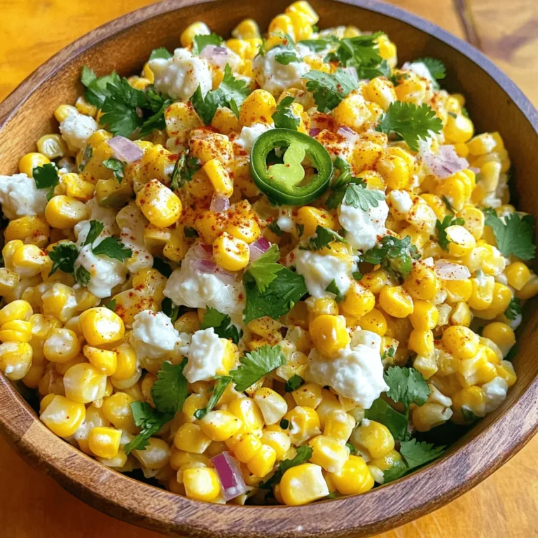 To make a tasty Mexican Street Corn Salad, you need these fresh ingredients: - 4 ears of fresh corn, husked and cleaned - 1/2 cup mayonnaise - 1/2 cup crumbled queso fresco (or feta cheese for a twist) - 1/4 cup fresh cilantro, finely chopped - 1 jalapeño, finely diced (seeds removed for milder flavor) - 2 cloves garlic, minced - Juice of 2 limes - 1 teaspoon chili powder - Salt and pepper to taste You can add more flavors or textures with these optional ingredients: - 1/4 cup diced red onion for added crunch - Avocado for creaminess - Black beans for protein Choosing the best ingredients makes a big difference. Here are some tips: - Corn: Look for bright, plump kernels. Fresh corn should feel firm and sweet. - Cheese: Get queso fresco that is creamy and crumbly. Taste it to ensure freshness. - Limes: Choose limes that feel heavy for their size. They should be firm with a smooth skin. - Cilantro: Pick vibrant green leaves. Avoid any that look wilted or yellow. - Jalapeño: Select firm peppers with smooth skin. They should have a bright color without blemishes. These tips help ensure your salad is fresh and full of flavor. Enjoy making your Mexican Street Corn Salad! First, you need to grill the corn. Preheat your grill to medium-high heat. Once it is hot, place the husked corn on the grill. Grill the corn for about 10 to 12 minutes. Turn it every few minutes. You want the kernels to be charred and tender. After grilling, carefully take the corn off the grill and let it cool. Once the corn is cool enough, grab a sharp knife. Cut the kernels off the cob and let them fall into a large mixing bowl. Make sure to get all the kernels for a nice texture. Now, let's make the dressing. In a medium bowl, add 1/2 cup of mayonnaise. Squeeze the juice of 2 limes into the bowl. Add 2 minced garlic cloves and 1 teaspoon of chili powder. Sprinkle in some salt and pepper to taste. Whisk it all together until the mixture is smooth. This creamy dressing will bring everything together. Next, it’s time to combine everything. Pour the dressing over your bowl of corn kernels. Then, add 1/2 cup of crumbled queso fresco, 1/4 cup of finely chopped cilantro, and 1 diced jalapeño. If you like, you can add 1/4 cup of diced red onion for some crunch. Using a spatula, gently fold the ingredients until every kernel is coated in dressing. This step is key for great flavor. Taste the salad. You can adjust the seasoning if needed. Add more salt, pepper, or lime juice according to your taste. For the best flavor, cover the bowl with plastic wrap and chill it in the fridge for at least 30 minutes. This lets all the flavors mingle. Before serving, give the salad a gentle toss. Garnish it with extra cilantro and a sprinkle of chili powder for a pop of color. Enjoy! To get the best grilled corn, start with fresh ears. Choose corn that feels firm and has bright green husks. Remove the husks and silk before grilling. Preheat your grill to medium-high heat. - Place the corn directly on the grill. - Grill for 10-12 minutes. - Rotate every few minutes to char evenly. This will give you sweet, smoky kernels. Use a sharp knife to cut off the kernels. Make sure to get all the kernels for a nice texture. Store leftover salad in an airtight container. It keeps well in the fridge for about 3 days. Serve it chilled for the best flavor. - Pair it with grilled meats for a perfect meal. - Use colorful bowls to showcase its vibrant look. - Add a sprinkle of chili powder before serving for extra flair. You can boost the flavors in your salad. Try adding more lime juice for tang. A bit more chili powder can give it a spicy kick. - Consider adding diced red onion for crunch. - Cilantro adds freshness, so don’t skip it. - For a creamier taste, mix in more mayonnaise. Feel free to experiment with your favorite ingredients. Each twist makes the dish your own! {{image_4}} To make a spicy version of this salad, add more heat. Start with an extra jalapeño or use serrano peppers instead. These will give your salad a nice kick. You can also mix in some hot sauce for extra flavor. Try adding a sprinkle of cayenne pepper to the dressing. It will bring a bold flavor that is hard to resist. To make the salad vegetarian, stick to the original ingredients. It’s already meat-free and packed with flavor. If you want to add more veggies, think about diced bell peppers or even avocado. These add creaminess and depth to the dish. You can also replace the mayo with a vegan alternative if you want a plant-based option. While queso fresco is great, you can switch it up. Feta cheese works well if you want a tangy taste. If you're looking for something creamier, try goat cheese. It adds a rich flavor that blends nicely. For a dairy-free option, consider using a nut-based cheese. Each choice brings a unique twist to your salad and keeps it fresh and exciting. To keep your Mexican street corn salad fresh, store it in an airtight container. This helps keep moisture in and prevents the salad from drying out. Place the container in the fridge right after serving. The salad tastes best if eaten within three days, but it can last up to five days. Freezing is not the best option for this salad. The texture of corn and cheese can change when frozen. If you need to store it longer, consider freezing the corn separately. Cook the corn, cool it, and store it in a freezer bag. It can last for six months. When ready to use, just thaw and mix with fresh ingredients. - Refrigerated: 3 to 5 days. - Frozen Corn: Up to 6 months. - Thawed Corn: Use immediately after thawing. Following these tips will help you enjoy your Mexican street corn salad at its best! Mexican Street Corn Salad is a fresh and tasty dish made with grilled corn. We use sweet corn, creamy mayonnaise, and zesty lime juice. The salad has a great mix of flavors and textures. You get the crunch from the corn and the soft cheese. The cilantro adds a nice herbal note. It's a fun twist on traditional elote, which is grilled corn on the cob served with toppings. Yes, you can make this salad ahead of time! Prepare it up to a day before you serve it. Just keep it in the fridge until you are ready to eat. Chilling helps the flavors blend well. You do want to toss it again before serving. This way, everything is mixed nicely and ready to enjoy. To make your Mexican Street Corn Salad spicier, add more jalapeño. You can keep the seeds in for extra heat. Another option is to add some hot sauce or diced serrano peppers. If you want a smoky flavor, try adding chipotle powder. Adjust these to your taste for the perfect kick! This blog post covered all you need to know about Mexican Street Corn Salad. We talked about selecting great ingredients, making the dressing, and how to combine flavors. I shared tips on grilling corn and serving it perfectly. You learned about tasty variations and how to store your salad for freshness. Embrace these methods to enjoy this fun dish. With these steps, you can create a salad that delights everyone. Enjoy your cooking journey!