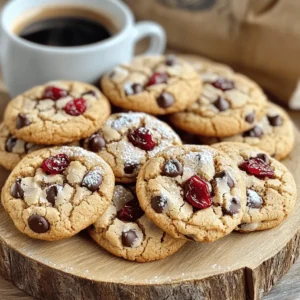 - 1 cup unsalted butter, softened to room temperature - 1 cup brown sugar, packed firmly - 1/2 cup granulated sugar - 2 large eggs, at room temperature - 2 teaspoons vanilla extract - 3 cups all-purpose flour, sifted - 1 teaspoon baking soda - 1/2 teaspoon sea salt - 1/2 cup unsweetened cocoa powder - 1 cup dark chocolate chips - 1 cup dried cherries, roughly chopped - 1/4 cup brewed espresso or strong coffee, cooled to room temperature For the butter, choose unsalted for the best flavor. You can use salted butter but cut back on the sea salt. If you do not have dark chocolate chips, try semi-sweet or milk chocolate chips. Dried cherries give a nice tartness. If you can’t find dried cherries, you can use raisins or cranberries. For espresso, strong brewed coffee works well, too. This recipe makes about 24 cookies. Each cookie is a chewy treat packed with flavor. Prep time is 15 minutes, and baking takes about 10-12 minutes. You will want to cool them for a few minutes on the baking sheet before moving them to a wire rack. Enjoy these cookies with a cup of coffee or espresso for a delightful snack! First, preheat your oven to 350°F (175°C). Grab a baking sheet and line it with parchment paper. This helps with easy cleanup later. You can use a cookie scoop or two tablespoons for portioning the dough. Having these tools ready makes baking smoother. In a large bowl, add 1 cup of softened unsalted butter. Then, mix in 1 cup of packed brown sugar and 1/2 cup of granulated sugar. Use an electric mixer to beat them together for about 3-4 minutes. The mixture should be light, fluffy, and pale. Next, add 2 large eggs, one at a time, mixing well after each addition. Blend in 2 teaspoons of vanilla extract and 1/4 cup of cooled espresso. Make sure everything is smooth and well combined. In a separate bowl, whisk together 3 cups of sifted all-purpose flour, 1 teaspoon of baking soda, 1/2 teaspoon of sea salt, and 1/2 cup of unsweetened cocoa powder. Gradually fold this dry mix into the wet ingredients. Use a spatula or wooden spoon to combine. Be careful not to overmix; just blend until you see no flour. Finally, fold in 1 cup of dark chocolate chips and 1 cup of roughly chopped dried cherries. Ensure they are evenly spread in the dough. To make chewy cookies, use room temperature butter. This helps create a soft texture. Mix the butter and sugars well until light and fluffy. This step adds air to your dough. Be careful not to overmix after adding the flour. Overmixing can make cookies tough. For added chewiness, use brown sugar as it retains moisture better than white sugar. Bake the cookies just until the edges are firm but the center is soft. This will keep them chewy. To keep your cookies fresh, store them in an airtight container. This helps maintain moisture and prevents them from getting hard. You can also add a slice of bread to the container. The bread helps keep the cookies soft. For longer storage, freeze the cookies in a zip-lock bag. They stay fresh for up to three months. Just remember to thaw them at room temperature before enjoying. One common mistake is not measuring ingredients properly. Use a kitchen scale for accuracy. This ensures your cookies turn out just right. Another mistake is skipping the cooling time. Letting cookies cool on the baking sheet helps set their shape. Avoid opening the oven door too often while baking. This can cause temperature changes and affect the baking time. Lastly, don’t forget to space the dough mounds on the baking sheet. Proper spacing prevents the cookies from sticking together while baking. {{image_4}} If you need a gluten-free option, swap the all-purpose flour with a gluten-free blend. Make sure to find one that works well in baking. I often use almond flour or oat flour for a nutty flavor. You can also try coconut sugar instead of brown sugar for a lower glycemic option. This change adds a unique taste and gives the cookies a darker color. To boost the flavor, consider adding nuts like walnuts or pecans. They give the cookies a nice crunch. You can also mix in white chocolate chips for a sweet twist. Try using milk chocolate or even semi-sweet chocolate chips for a different taste. Each option creates a new cookie experience. For a festive touch, add holiday spices like cinnamon or nutmeg. These spices create warmth and comfort during the colder months. You can also use dried cranberries instead of cherries for a bright red color around the holidays. Each seasonal change makes the cookies special and fun! To keep your Cherry Mocha Chip Cookies fresh, store them correctly. For short-term storage, place cookies in an airtight container at room temperature. They will stay good for about one week. If you want to keep cookies for a longer time, the freezer is your best friend. They can last for up to three months in the freezer. Choosing the right container matters for cookie storage. Use a plastic or glass container with a tight lid. This helps keep moisture out and keeps your cookies chewy. If you stack cookies, place parchment paper between layers to prevent sticking. Avoid metal containers, as they can trap moisture and make cookies soggy. Freezing cookie dough is simple and smart. First, scoop the dough into mounds on a baking sheet lined with parchment paper. Freeze the mounds for about two hours or until firm. Then, transfer them to a freezer bag. Label the bag with the date and type of cookie. When you want fresh cookies, just bake them straight from the freezer. Add a couple of extra minutes to the baking time. Enjoy the convenience of homemade cookies anytime! You can use semi-sweet chocolate chips. They add a nice sweetness. Milk chocolate chips work too but will change the flavor a bit. If you want a fruity twist, try white chocolate chips. You can even chop up a chocolate bar. Just remember, the taste will shift. Look for cookies with firm edges and soft centers. They should not be too jiggly. The tops will look set, and the cookies should be slightly shiny. Bake them for 10-12 minutes. If they seem too soft, give them a minute more. They will firm up as they cool. Yes, you can prepare the dough in advance. After mixing, cover it tightly and store it in the fridge. It will stay good for about 3 days. You can also freeze the dough for up to three months. Just thaw it in the fridge overnight before baking. We covered ingredients, steps, and tips for making the best cookies. Remember to choose quality ingredients for great taste and texture. Use the tips to make chewy cookies and avoid common mistakes. Explore variations to fit your taste and the season. Finally, store them well to keep your cookies fresh. With these pointers, you can create delicious cookies every time!