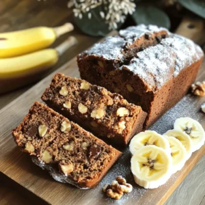 - 3 ripe bananas, thoroughly mashed - 1/3 cup coconut oil, melted - 1/2 cup brown sugar, packed - 1 teaspoon pure vanilla extract - 2 large eggs, at room temperature - 1 teaspoon baking soda - A pinch of salt - 1 1/2 cups all-purpose flour - 1 cup semi-sweet chocolate chips - 1/2 cup chopped walnuts (optional) I love using ripe bananas in this recipe. They add natural sweetness and moisture. You want them to be soft and spotty. The coconut oil gives the bread a nice richness. If you don’t have coconut oil, you can use melted butter or vegetable oil instead. Brown sugar adds a deep sweetness. If you want, you can swap it for white sugar. Just add a little molasses to get that rich taste. For egg replacements, mashed bananas or applesauce work great if you're vegan. You can use 1/4 cup of either for each egg. These ingredients come together to create a tasty treat. You can feel free to mix in extras like nuts or spices for a twist. Enjoy the process of making this easy and delightful banana bread! - Preheat your oven to 350°F (175°C). - Grease a 9x5 inch loaf pan with some coconut oil or butter. This step helps the bread come out easily. - In a large bowl, mash 3 ripe bananas until they are smooth. - Add 1/3 cup of melted coconut oil to the bananas. Mix them well. - Now, add 1/2 cup of packed brown sugar and 1 teaspoon of pure vanilla extract. Stir until well mixed. - Next, crack 2 large eggs into the bowl. Mix each egg in one at a time. This helps the batter stay light. - Sprinkle 1 teaspoon of baking soda and a pinch of salt over the mixture. Gently mix to combine. - Gradually add 1 1/2 cups of all-purpose flour. Mix just until combined. Don't over-mix to keep the bread soft. - Fold in 1 cup of semi-sweet chocolate chips. If you like, add 1/2 cup of chopped walnuts, too. - Pour the batter into the greased loaf pan. Smooth the top with a spatula. - Place the pan in the preheated oven. Bake for 60-70 minutes. Check for doneness by inserting a toothpick. It should come out clean, with just a few crumbs. - Once baked, cool the bread in the pan for about 10 minutes. Then, transfer it to a wire rack. Let it cool completely before slicing. To get the best texture, avoid over-mixing the batter. Over-mixing can make your bread tough. Mix just until the flour disappears. This keeps your bread soft and fluffy. Using room temperature ingredients is key. Cold eggs or butter can lead to uneven mixing. Let your ingredients sit out for about 30 minutes before you start. This helps them blend well together. Adding spices can boost the flavor. Cinnamon or nutmeg adds warmth to your bread. Just a pinch can change everything. Experiment with how much you like! You can also try different types of chocolate chips. Semi-sweet is a classic choice, but dark or white chocolate can add a fun twist. Mix and match to find your favorite flavor combo. For serving, slice the banana bread and arrange it on a rustic cutting board. This adds charm to your table. Dust the slices lightly with powdered sugar for a sweet touch. Fresh banana slices on the side can make your dish pop. You can also serve it with a dollop of whipped cream. This adds a creamy contrast to the soft bread. {{image_4}} You can make your chocolate chip banana bread even better! Try adding different types of nuts. Walnuts give a nice crunch, but pecans work well too. This adds flavor and texture. You might also want to try using white chocolate or dark chocolate. Each type of chocolate brings a unique taste to the bread. Dark chocolate adds richness, while white chocolate gives a sweet twist. If you need a gluten-free option, you can use almond flour or a gluten-free mix. This keeps the bread tasty and friendly for everyone. For a low-sugar version, swap the brown sugar for a sugar substitute. You can also use ripe bananas for their natural sweetness. This helps you enjoy the bread without too much sugar. You can change your recipe with seasonal flavors. In fall, try adding pumpkin puree. This gives a warm spice flavor. You can also mix in apples for a fresh twist. For the holidays, think about adding cranberries. They add tartness that balances the sweetness. This makes your banana bread festive and fun for gatherings. To keep your banana bread fresh at room temperature, wrap it tightly. I recommend using plastic wrap for this. It keeps moisture in and helps the bread stay soft. You can also use aluminum foil, but it may dry out the bread a bit. If you choose foil, make sure it’s wrapped snugly to protect the bread. If you want to save your banana bread for later, freezing is a great option. First, let the bread cool completely. Then, wrap it tightly in plastic wrap. After that, place it in a freezer-safe bag. This keeps out air and frost. When you’re ready to eat it, thaw it overnight in the fridge. For a quick treat, you can microwave slices for about 15 seconds. When stored at room temperature, banana bread lasts about 2 to 3 days. In the fridge, it can last up to a week. If you freeze it, the bread can last for up to 3 months. Just remember, the sooner you eat it, the better it tastes! To check if your banana bread is done, look for these signs: - The top should be golden brown. - A toothpick inserted in the center comes out clean. - The edges pull away slightly from the pan. - The bread feels firm and springs back when touched. These signs show your banana bread is ready. Keep an eye on it as it bakes. If it's browning too fast, you can cover it with foil. Yes, you can make this recipe without eggs. Here are some good egg alternatives: - 1/4 cup unsweetened applesauce for each egg. - 1/4 cup mashed banana as a swap. - 1 tablespoon ground flaxseed mixed with 2.5 tablespoons water for each egg. These options will help bind your bread. They keep it moist and tasty too. If you don’t have ripe bananas, you can ripen them quickly. Here are two easy methods: - Place unripe bananas in a paper bag. Close it loosely and leave it at room temperature for a day or two. - Bake bananas at 300°F (150°C) for about 15-20 minutes. This softens them and brings out sweetness. These tricks help you get perfectly ripe bananas fast for your bread! Banana bread blends simple ingredients to create a tasty treat. We covered the key components, the steps for baking, and personalized variations. You can switch ingredients, adjust flavors, and present it with style. Follow our tips for perfect texture and delicious twists. Whether for yourself or loved ones, this recipe is sure to delight! Enjoy baking and experimenting with flavors that suit your taste. Happy baking!