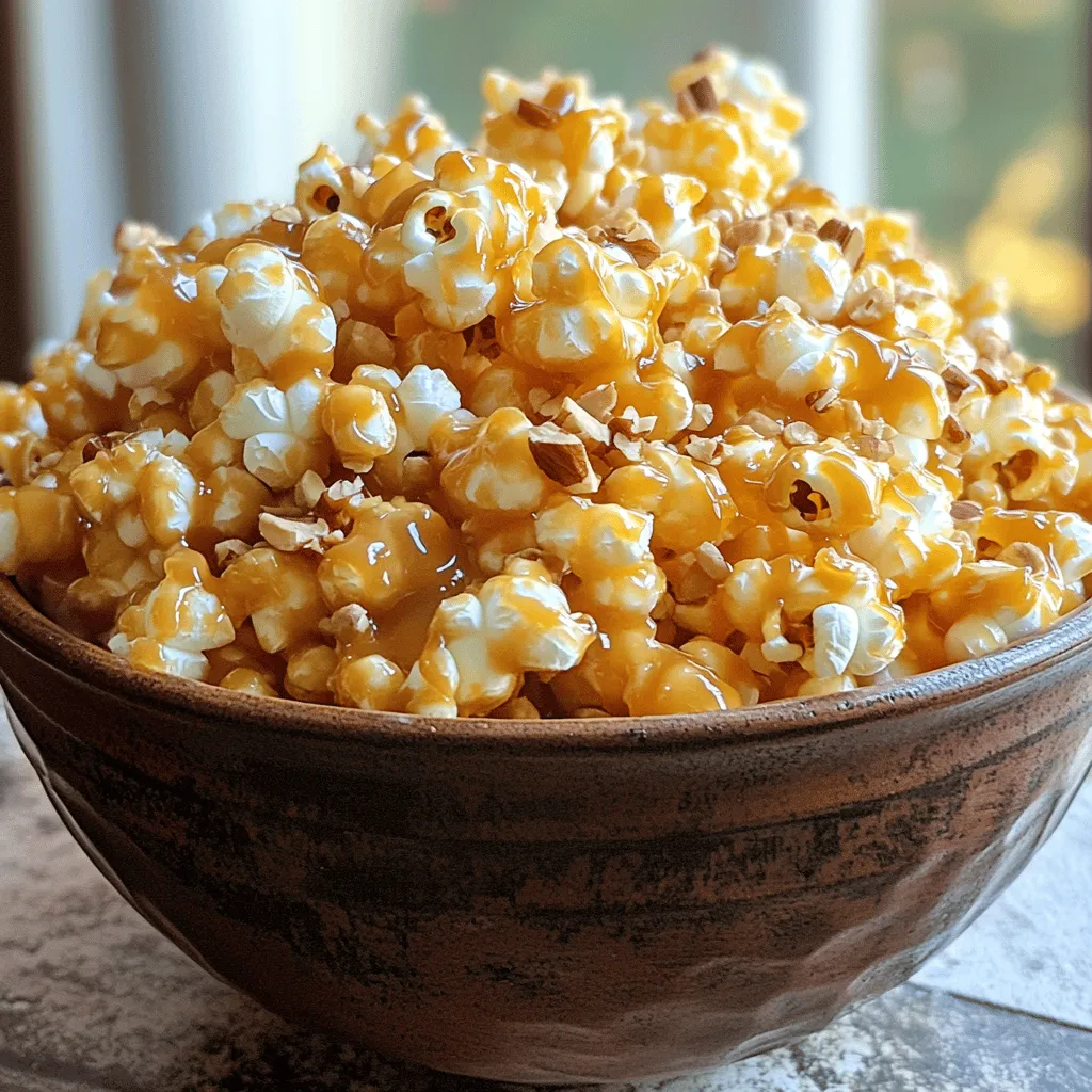 - 12 cups freshly popped popcorn - 2 cups packed brown sugar - 1/2 cup unsalted butter - 1/2 cup light corn syrup - 1/2 teaspoon baking soda - 1 teaspoon pure vanilla extract - 1/4 teaspoon sea salt - Optional: 1 cup chopped nuts The main ingredient is freshly popped popcorn. You can pop it using an air popper or on the stove. It gives the best texture. Next, we need brown sugar. This adds sweetness and depth. Unsalted butter gives richness. Light corn syrup helps the caramel stay soft and chewy. Baking soda is key. It makes the caramel light and airy. Vanilla extract adds a nice flavor. Finally, sea salt balances the sweetness. If you like, add chopped nuts for crunch. Salted peanuts or toasted almonds work great. - Medium saucepan - Mixing bowl - Baking sheet - Parchment paper - Spatula You’ll need a medium saucepan for the caramel. A mixing bowl is best for the popcorn. A baking sheet lined with parchment paper helps the caramel corn not stick. A spatula is great for mixing the caramel with the popcorn. Each serving has about 200 calories. You get carbs from the popcorn and sugar. You also get some fat from the butter and nuts. If you want a healthier version, use less sugar or try coconut oil instead of butter. This way, you keep the taste but cut back on calories. First, pop the popcorn. You can use an air popper or a stovetop method. I prefer the stovetop for a nice crunch. Measure about 12 cups of freshly popped popcorn. This is roughly 1 cup of unpopped kernels. Next, check for unpopped kernels. These can ruin your snack. It’s best to remove them from the bowl. You want every piece covered in that sweet caramel. Now, let’s make the caramel. In a medium saucepan, mix 2 cups of packed brown sugar, 1/2 cup of unsalted butter, and 1/2 cup of light corn syrup. Cook over medium heat. Stir until the mix boils. This will take a few minutes. Watch closely. You want a rich, deep caramel color. This usually takes about 4 to 5 minutes. Be careful, as the mix gets very hot. When it’s ready, remove the saucepan from the heat. Add 1/2 teaspoon of baking soda, 1 teaspoon of pure vanilla extract, and 1/4 teaspoon of sea salt. The mixture will bubble, so be cautious. Pour the caramel over the popcorn. Use a large spatula to fold and toss the popcorn. Make sure every kernel is coated. If you want extra crunch, fold in 1 cup of chopped nuts at this stage. Spread the caramel-coated popcorn evenly on a lined baking sheet. This helps it bake evenly. Make sure it’s not clumped together. Bake in your preheated oven at 250°F (120°C) for 1 hour. Stir the popcorn every 15 minutes. This helps the caramel coat evenly and prevents burning. Once baked, take it out and let it cool on the sheet. After it cools, break it into pieces and serve. Enjoy this sweet homemade treat! To get the best crunch, start with fresh popcorn. Use an air popper for light, fluffy kernels. Avoid old or stale popcorn, as it can lead to a chewy texture. When making the caramel, let it boil for 4 to 5 minutes. This helps it reach the right color and flavor. If the caramel is too soft, your popcorn may end up sticky. Stir the popcorn gently but quickly when adding caramel. This helps coat each kernel without crushing it. Amish Caramel Corn looks great in colorful bowls for parties. You can also package it in clear bags tied with ribbons for gifts. It pairs well with warm apple cider or hot chocolate in the fall. For summer, serve it with lemonade or iced tea. Try making popcorn balls for a fun twist. Just mold the caramel-coated popcorn into balls for a grab-and-go snack. Store your caramel corn in an airtight container at room temperature. This keeps it fresh for up to two weeks. If you live in a humid area, use glass jars to prevent stickiness. For longer storage, you can freeze it. Just make sure to let it cool completely before sealing it in a freezer bag. When you're ready to eat, just thaw it at room temperature. {{image_4}} You can have fun with flavor by adding different nuts or candies. Try tossing in chopped peanuts, toasted almonds, or even chocolate chips. This gives the caramel corn a nice crunch. You can also experiment with flavors, like drizzling chocolate on top. Melt some chocolate and use a spoon to swirl it over the popcorn. Let it cool, and you have a sweet treat that stands out! For those with dietary needs, there are easy swaps. You can make this recipe gluten-free by using gluten-free corn syrup. If you want a vegan option, swap the unsalted butter for coconut oil or a dairy-free butter spread. These changes keep the taste delicious while fitting your diet. Seasonal twists can make your caramel corn even more special. For the holidays, add spices like cinnamon or nutmeg to the caramel mix. This gives it a warm taste that feels festive. You can also shape the corn into holiday-themed clusters. Try using cookie cutters to create fun shapes for any holiday. These creative touches will impress your friends and family! You can find Amish caramel corn at local farmers' markets. These markets often have special booths for homemade snacks. Look for shops that focus on local goods. Many small towns have stores that sell Amish products. These shops offer authentic flavors and traditional recipes. Specialty food stores also carry this tasty treat. They often have a section for gourmet snacks. Visiting these places gives you a chance to taste before you buy. If local options are limited, many websites sell Amish caramel corn. Amazon is a popular choice for packaged versions. Other sites, like Etsy, feature homemade options from small sellers. When shopping online, check reviews for quality. Look for sellers with good ratings and detailed descriptions. This helps ensure you get a genuine product. Several brands are known for their delicious caramel corn. Some popular names include Fisher's and Amish Country Popcorn. These brands have loyal fans who rave about their taste. Many online reviews highlight flavor and crunch. Comparing brands can help you find your favorite. Try reading reviews to see what others think. This can help you make the best choice for your next snack. Amish Caramel Corn is a sweet snack that comes from Amish cooking. It has a rich history in America, especially in the Midwest. This treat combines fluffy popcorn with a crunchy, sweet caramel coating. Families often make it for gatherings and special occasions. The love for this snack shows the Amish spirit of sharing and community. Yes, you can make caramel corn ahead of time. It keeps well if stored correctly. To prep it in advance, follow these steps: - Make the caramel corn as directed. - Allow it to cool completely. - Store it in an airtight container at room temperature. This way, you can enjoy it later without losing its crunch. Homemade caramel corn can last about 1 to 2 weeks. To keep it fresh, store it in an airtight container. If you see any signs of spoilage, like a stale smell or soft texture, it's time to toss it. To reduce the sweetness of your caramel corn, you can try these tips: - Cut down on brown sugar by 1/4 cup. - Use less corn syrup, but keep in mind this may affect texture. - Add a pinch of more sea salt to balance the sweetness. These changes let you enjoy the flavor without the extra sugar rush. Yes, you can make caramel corn without corn syrup. Here are some alternatives: - Use honey or maple syrup. They add a unique flavor. - Brown rice syrup is another option that works well. - Keep in mind that these substitutes may change the texture slightly. Try these options to find what works best for your taste! Amish Caramel Corn brings unique flavor and crunch to any snack table. You need simple ingredients like popcorn, brown sugar, and butter. Follow the steps for cooking and coating to perfect your batch. Enjoy tips for storage and serving to keep your treats fresh. Don't hesitate to try variations with nuts or seasonal spices. With this guide, you're set to delight friends and family. Embrace the joy of making this timeless treat at home. Your popcorn game will never be the same!