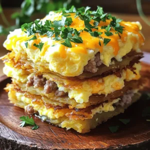 - 4 large russet potatoes, peeled and grated - 1 small onion, finely chopped - 2 large eggs - 1 cup shredded cheddar cheese - 1 cup cooked and crumbled turkey sausage (or chicken sausage) - 1/4 teaspoon garlic powder - 1/4 teaspoon paprika - Salt and pepper, to taste - 2 tablespoons olive oil - Fresh parsley, chopped for garnish The main ingredients create a rich and hearty dish. The russet potatoes form the base, giving you that satisfying crunch. The onion adds sweetness. Eggs provide protein and fluffiness. The turkey sausage brings flavor, while cheese adds creamy goodness. You can switch things up to make these stacks your own. - Bell peppers: Add finely chopped bell peppers for a pop of color. - Spinach: Toss in some fresh spinach for extra nutrition. - Hot sauce: Add hot sauce for some spice. These options let you play with flavors. Mix and match to suit your taste! If you run out of something, don’t worry! Here are some easy swaps: - Sweet potatoes: Use grated sweet potatoes instead of russets for a sweeter flavor. - Green onions: Replace the onion with green onions for a milder taste. - Liquid eggs: Use liquid eggs instead of whole eggs for a quick mix. These substitutions keep your meal simple and tasty. You can still enjoy your hash brown stacks no matter what you have on hand! Start by peeling the russet potatoes. Then, grate them into thin strips. In a mixing bowl, add the grated potatoes and the finely chopped onion. Next, sprinkle in the garlic powder, paprika, salt, and pepper. Use your hands or a fork to mix all the ingredients well. This step ensures even flavor throughout the hash browns. Heat one tablespoon of olive oil in a large non-stick skillet over medium heat. Once the oil is hot, add half of the potato mixture. Spread it evenly in the pan and press it down. Cook for about 5 to 7 minutes. Look for a golden brown color on the bottom. Carefully flip the hash brown layer with a spatula. Cook the second side for another 5 minutes until it's golden and crisp. Transfer the cooked hash browns to a plate. Repeat the process for the remaining potato mixture. In a separate bowl, crack the two large eggs. Whisk them until blended and add a pinch of salt and pepper. Stir this in to season the eggs. Using the same skillet, lower the heat to medium-low. Pour in the egg mixture and let it sit undisturbed for about one minute. Gently stir with a spatula. Cook the eggs for 3 to 4 minutes until they are softly scrambled. On a serving plate, place one hash brown layer at the bottom. Spoon a generous amount of scrambled eggs on top. Next, add a layer of crumbled turkey sausage. Finish with a handful of shredded cheddar cheese. To create a second stack, repeat the steps, ending with a final hash brown layer on top. For a gooey finish, place the assembled stacks under the broiler in the oven. Watch closely for about 1 to 2 minutes until the cheese melts and bubbles. This step adds a lovely texture and flavor. Enjoy your delicious Hash Brown Breakfast Stacks! To get that perfect hash brown texture, it’s key to remove excess moisture. After grating the potatoes, use a clean towel to squeeze out the water. This step helps your hash browns crisp up nicely. Aim for a golden brown color when cooking. The texture should be crunchy on the outside and tender on the inside. Soggy hash browns are a common issue. To prevent this, avoid overcrowding the pan. Cook in batches if needed. Use enough oil to coat the skillet, but don’t drown the potatoes. Flip the hash brown carefully to ensure even cooking. If they are still soggy, cook them a little longer on low heat for extra crispiness. Seasonings can take your hash browns to the next level. Besides salt and pepper, try adding garlic powder and paprika. These spices add warmth and depth to the flavor. You can also mix in fresh herbs like parsley or chives. Experiment with spices to find your favorite combo. Remember, the right seasoning makes all the difference! {{image_4}} You can easily make these stacks vegetarian. Simply swap the turkey sausage for sautéed vegetables. Bell peppers, mushrooms, and spinach work great. They add color and flavor without meat. You can also add a few fresh herbs. Basil or thyme enhances the taste of your stacks. Want to change up the protein? Use cooked bacon or ham instead of turkey sausage. Both add a savory kick. If you prefer plant-based options, try crumbled tofu or tempeh. Just season them well for a tasty twist on the classic recipe. Cheese lovers can experiment with different types. Try pepper jack for a spicy touch. Feta cheese gives a nice tang. For a creamy texture, use goat cheese. Each option adds unique flavors that keep your breakfast exciting. To store your Hash Brown Breakfast Stacks, let them cool first. Place them in an airtight container. You can keep them in the fridge for up to three days. If you want to maintain their crispness, separate the layers with parchment paper. To reheat, use an oven for the best results. Preheat your oven to 350°F (175°C). Place the stacks on a baking sheet and heat for about 10-15 minutes. This will help keep the hash browns crispy. If you're in a hurry, you can use a microwave. Heat them for about 1-2 minutes, but be ready for softer hash browns. You can freeze the Hash Brown Breakfast Stacks too! Wrap each stack tightly in plastic wrap and place them in a freezer bag. They can stay good for up to two months. When you want to eat them, thaw overnight in the fridge before reheating. This way, you can enjoy a tasty breakfast anytime! Yes, you can use frozen hash browns. They save time and cut prep work. Just thaw them first for even cooking. Squeeze out excess water to keep them crispy. Cook them the same way as fresh ones for great results. To make these stacks gluten-free, use gluten-free sausage. Ensure your spices and cheese are also gluten-free. Many brands offer gluten-free products, so check labels. This way, everyone can enjoy this tasty breakfast. You can serve fresh fruit on the side. A simple salad adds a nice crunch. Sliced avocado or diced tomatoes work well, too. These sides make your meal colorful and healthy. Yes, you can prepare ingredients in advance. Grate the potatoes and chop the onion the night before. Store them in the fridge in an airtight container. This saves time and makes your morning cooking easier. In this blog post, we explored how to make delicious Hash Brown Breakfast Stacks. We covered key ingredients, step-by-step instructions, and tips for the perfect texture. We also shared tasty variations and storage tricks for leftovers. These stacks are fun to customize and easy to make. Enjoy experimenting with your favorite flavors. With practice, you will master this breakfast dish. Happy cooking!