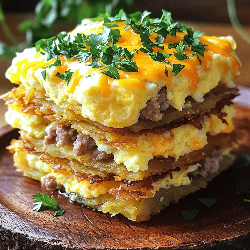 - 4 large russet potatoes, peeled and grated - 1 small onion, finely chopped - 2 large eggs - 1 cup shredded cheddar cheese - 1 cup cooked and crumbled turkey sausage (or chicken sausage) - 1/4 teaspoon garlic powder - 1/4 teaspoon paprika - Salt and pepper, to taste - 2 tablespoons olive oil - Fresh parsley, chopped for garnish The main ingredients create a rich and hearty dish. The russet potatoes form the base, giving you that satisfying crunch. The onion adds sweetness. Eggs provide protein and fluffiness. The turkey sausage brings flavor, while cheese adds creamy goodness. You can switch things up to make these stacks your own. - Bell peppers: Add finely chopped bell peppers for a pop of color. - Spinach: Toss in some fresh spinach for extra nutrition. - Hot sauce: Add hot sauce for some spice. These options let you play with flavors. Mix and match to suit your taste! If you run out of something, don’t worry! Here are some easy swaps: - Sweet potatoes: Use grated sweet potatoes instead of russets for a sweeter flavor. - Green onions: Replace the onion with green onions for a milder taste. - Liquid eggs: Use liquid eggs instead of whole eggs for a quick mix. These substitutions keep your meal simple and tasty. You can still enjoy your hash brown stacks no matter what you have on hand! Start by peeling the russet potatoes. Then, grate them into thin strips. In a mixing bowl, add the grated potatoes and the finely chopped onion. Next, sprinkle in the garlic powder, paprika, salt, and pepper. Use your hands or a fork to mix all the ingredients well. This step ensures even flavor throughout the hash browns. Heat one tablespoon of olive oil in a large non-stick skillet over medium heat. Once the oil is hot, add half of the potato mixture. Spread it evenly in the pan and press it down. Cook for about 5 to 7 minutes. Look for a golden brown color on the bottom. Carefully flip the hash brown layer with a spatula. Cook the second side for another 5 minutes until it's golden and crisp. Transfer the cooked hash browns to a plate. Repeat the process for the remaining potato mixture. In a separate bowl, crack the two large eggs. Whisk them until blended and add a pinch of salt and pepper. Stir this in to season the eggs. Using the same skillet, lower the heat to medium-low. Pour in the egg mixture and let it sit undisturbed for about one minute. Gently stir with a spatula. Cook the eggs for 3 to 4 minutes until they are softly scrambled. On a serving plate, place one hash brown layer at the bottom. Spoon a generous amount of scrambled eggs on top. Next, add a layer of crumbled turkey sausage. Finish with a handful of shredded cheddar cheese. To create a second stack, repeat the steps, ending with a final hash brown layer on top. For a gooey finish, place the assembled stacks under the broiler in the oven. Watch closely for about 1 to 2 minutes until the cheese melts and bubbles. This step adds a lovely texture and flavor. Enjoy your delicious Hash Brown Breakfast Stacks! To get that perfect hash brown texture, it’s key to remove excess moisture. After grating the potatoes, use a clean towel to squeeze out the water. This step helps your hash browns crisp up nicely. Aim for a golden brown color when cooking. The texture should be crunchy on the outside and tender on the inside. Soggy hash browns are a common issue. To prevent this, avoid overcrowding the pan. Cook in batches if needed. Use enough oil to coat the skillet, but don’t drown the potatoes. Flip the hash brown carefully to ensure even cooking. If they are still soggy, cook them a little longer on low heat for extra crispiness. Seasonings can take your hash browns to the next level. Besides salt and pepper, try adding garlic powder and paprika. These spices add warmth and depth to the flavor. You can also mix in fresh herbs like parsley or chives. Experiment with spices to find your favorite combo. Remember, the right seasoning makes all the difference! {{image_4}} You can easily make these stacks vegetarian. Simply swap the turkey sausage for sautéed vegetables. Bell peppers, mushrooms, and spinach work great. They add color and flavor without meat. You can also add a few fresh herbs. Basil or thyme enhances the taste of your stacks. Want to change up the protein? Use cooked bacon or ham instead of turkey sausage. Both add a savory kick. If you prefer plant-based options, try crumbled tofu or tempeh. Just season them well for a tasty twist on the classic recipe. Cheese lovers can experiment with different types. Try pepper jack for a spicy touch. Feta cheese gives a nice tang. For a creamy texture, use goat cheese. Each option adds unique flavors that keep your breakfast exciting. To store your Hash Brown Breakfast Stacks, let them cool first. Place them in an airtight container. You can keep them in the fridge for up to three days. If you want to maintain their crispness, separate the layers with parchment paper. To reheat, use an oven for the best results. Preheat your oven to 350°F (175°C). Place the stacks on a baking sheet and heat for about 10-15 minutes. This will help keep the hash browns crispy. If you're in a hurry, you can use a microwave. Heat them for about 1-2 minutes, but be ready for softer hash browns. You can freeze the Hash Brown Breakfast Stacks too! Wrap each stack tightly in plastic wrap and place them in a freezer bag. They can stay good for up to two months. When you want to eat them, thaw overnight in the fridge before reheating. This way, you can enjoy a tasty breakfast anytime! Yes, you can use frozen hash browns. They save time and cut prep work. Just thaw them first for even cooking. Squeeze out excess water to keep them crispy. Cook them the same way as fresh ones for great results. To make these stacks gluten-free, use gluten-free sausage. Ensure your spices and cheese are also gluten-free. Many brands offer gluten-free products, so check labels. This way, everyone can enjoy this tasty breakfast. You can serve fresh fruit on the side. A simple salad adds a nice crunch. Sliced avocado or diced tomatoes work well, too. These sides make your meal colorful and healthy. Yes, you can prepare ingredients in advance. Grate the potatoes and chop the onion the night before. Store them in the fridge in an airtight container. This saves time and makes your morning cooking easier. In this blog post, we explored how to make delicious Hash Brown Breakfast Stacks. We covered key ingredients, step-by-step instructions, and tips for the perfect texture. We also shared tasty variations and storage tricks for leftovers. These stacks are fun to customize and easy to make. Enjoy experimenting with your favorite flavors. With practice, you will master this breakfast dish. Happy cooking!
