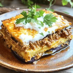 To make a healthy eggplant moussaka, you need a mix of fresh ingredients. Here is what you will need: - 2 medium eggplants, sliced into 1/4 inch rounds - 1 large onion, finely chopped - 2 cloves garlic, minced - 1 pound lean ground beef or turkey - 1 can (14 oz) diced tomatoes (with juice) - 1 teaspoon dried oregano - 1 teaspoon ground cinnamon - Salt and freshly ground black pepper to taste - 1 cup Greek yogurt - 2 large eggs - 1/4 cup freshly grated Parmesan cheese - 1 tablespoon olive oil - Fresh parsley, finely chopped, for garnish Each ingredient plays a key role in building flavor. The eggplants add a lovely texture. Lean ground meat provides protein while keeping the dish light. Aromatic onion and garlic bring depth to the sauce. Diced tomatoes give it a nice acidity and sweetness. Oregano and cinnamon add warmth and complexity. Greek yogurt and eggs create a creamy topping. Finally, fresh parsley brightens the dish. Every time I make it, I think of how each ingredient shines. The balance of flavors and textures makes this dish truly special. Enjoying it with friends and family makes it even better! 1. Preheating the Oven: Start by turning your oven to 375°F (190°C). This heat is key for baking the moussaka well. 2. Salting and Rinsing Eggplants: Slice the eggplants into 1/4 inch rounds. Lay them out and sprinkle salt on top. Let them sit for about 30 minutes. This step draws out water and reduces bitterness. After 30 minutes, rinse the eggplant slices under cold water. Pat them dry with paper towels. 3. Sautéing Onions and Garlic: In a large skillet, add olive oil and heat it over medium. Once it's hot, add the chopped onion and minced garlic. Stir them for about 5 minutes. The onion should turn soft and fragrant. 4. Browning the Meat: Add the lean ground beef or turkey to the skillet. Cook it while breaking it up with a spatula. Keep cooking until it turns brown, about 6-8 minutes. If there’s extra fat, drain it from the skillet. 5. Adding Tomatoes and Spices: Stir in the canned diced tomatoes with their juice. Add dried oregano, ground cinnamon, and some salt and pepper. Let this mixture simmer on low heat for about 10-15 minutes. Stir it once in a while until it thickens slightly. 6. Prepping the Eggplant Slices: While the meat sauce simmers, cook the eggplant slices. You can grill them or bake them in the oven for about 10 minutes. They should be slightly tender. 7. Layering the Ingredients: In a greased baking dish, lay half of the eggplant slices on the bottom. Spread half of the meat sauce over the eggplant. Repeat with the remaining eggplant and meat sauce. 8. Pouring the Yogurt Topping: In a bowl, mix Greek yogurt, eggs, and grated Parmesan. Whisk until you have a smooth mix. Pour this creamy topping over the last layer of meat. 9. Baking Duration and Temperature: Place the dish in the oven. Bake it for 30-35 minutes. The topping should set and turn a light golden color. 10. Letting It Rest: Once it’s done, let the moussaka sit for about 10 minutes. This helps the layers stick together when you cut it. 11. Garnishing for Presentation: Before serving, sprinkle freshly chopped parsley on top. This adds color and freshness. Enjoy your healthier eggplant moussaka! Choosing the right eggplants is key. Look for firm, shiny skins without blemishes. A good eggplant feels heavy for its size. The color should be deep purple, not dull. Small to medium eggplants tend to be less bitter and have fewer seeds. To reduce bitterness, sprinkle salt on sliced eggplants. Let them sit for about 30 minutes. The salt draws out moisture and bitterness. After 30 minutes, rinse them under cold water. Pat them dry with paper towels to remove excess salt. This step enhances the taste and texture of your dish. You can easily make this dish healthier. Use lean ground turkey instead of beef. This cuts fat while keeping protein high. You could also swap Greek yogurt for low-fat options. It still adds creaminess without the extra calories. Enhance flavor without adding fat by using spices. Dried oregano and ground cinnamon add depth. Fresh herbs like parsley can brighten your dish. They provide flavor without the need for extra oil or butter. Plating can elevate your moussaka. Use a sharp knife to cut neat portions. This makes it easier to serve and looks great. A dollop of Greek yogurt on the side adds creaminess. It also contrasts beautifully with the warm moussaka. Add a sprinkle of fresh parsley on top for a pop of color. It makes the dish look fresh and inviting. Serve with a simple side salad for a complete meal. This adds crunch and freshness, balancing the rich flavors of the moussaka. {{image_4}} You can make a vegetarian moussaka by using plant-based proteins. Try lentils or chickpeas for protein. These options add texture and flavor to the dish. You can also include more veggies like zucchini, mushrooms, or spinach. These vegetables bring extra nutrients and taste to your meal. If you want a low-carb moussaka, consider using zucchini or cauliflower instead of eggplant. Slice zucchini thinly for layers or use cauliflower to make a mash. These options keep the dish light. For a keto-friendly version, skip the potatoes and use more meat and cheese. Adjust the spices to enhance the flavors without the carbs. Enhance your moussaka with spices for more flavor. Add heat by including chopped peppers like jalapeños or red chili flakes. For a fresh twist, mix in herbs like thyme, rosemary, or basil. These herbs can brighten the dish and add depth to the overall taste. Experiment with different combinations to find what you love best! To keep your Healthy Eggplant Moussaka fresh, store leftovers in the fridge. Use an airtight container. It stays good for about 3 to 4 days. If you want to keep it longer, freezing is a great option. Wrap pieces tightly in plastic wrap and place them in a freezer-safe bag. It can last up to 3 months in the freezer. When reheating, the oven is best for keeping the texture nice. Preheat it to 350°F (175°C). Place the moussaka in an oven-safe dish. Cover it with foil to prevent it from drying out. Heat for about 20-25 minutes until warm. If you use a microwave, put a slice on a microwave-safe plate. Heat for 1 to 2 minutes, but it might get a bit soggy. Enjoy your meal while keeping the flavors intact! Yes, you can make Moussaka ahead of time. Just prepare the dish up to the baking step. Then, cover it and store it in the fridge for up to three days. When you are ready, bake it straight from the fridge. This saves time on busy days. Absolutely! This recipe works great for meal prep. You can divide the Moussaka into portions. Store each portion in a container. It will keep well in the fridge for several days. This makes it easy to grab a meal on the go. To make this dish dairy-free, swap Greek yogurt for a plant-based yogurt. Use a dairy-free cheese for the topping as well. You can also skip the cheese altogether. This way, you still enjoy delicious Moussaka without dairy. The best way to reheat Moussaka is in the oven. Set your oven to 350°F (175°C). Place the Moussaka in an oven-safe dish. Cover it with foil to keep it moist. Heat for about 20 minutes or until warmed through. This keeps the texture nice. Yes, you can substitute other meats or proteins in Moussaka. Ground lamb works well for a richer taste. If you want a lighter option, use ground turkey or chicken. For a vegetarian version, try lentils or mushrooms. These options add flavor and keep it healthy. Moussaka is a rich, savory dish made with layers of eggplant, meat, and spices. We covered its ingredients, from eggplants to seasonings, and went through each step, from cooking to baking. I hope the tips help you choose the right eggplants and present your Moussaka beautifully. Remember, there are many variations to explore, whether you prefer vegetarian options or low-carb alternatives. Enjoy your cooking adventure and create a meal that brings joy to your table!