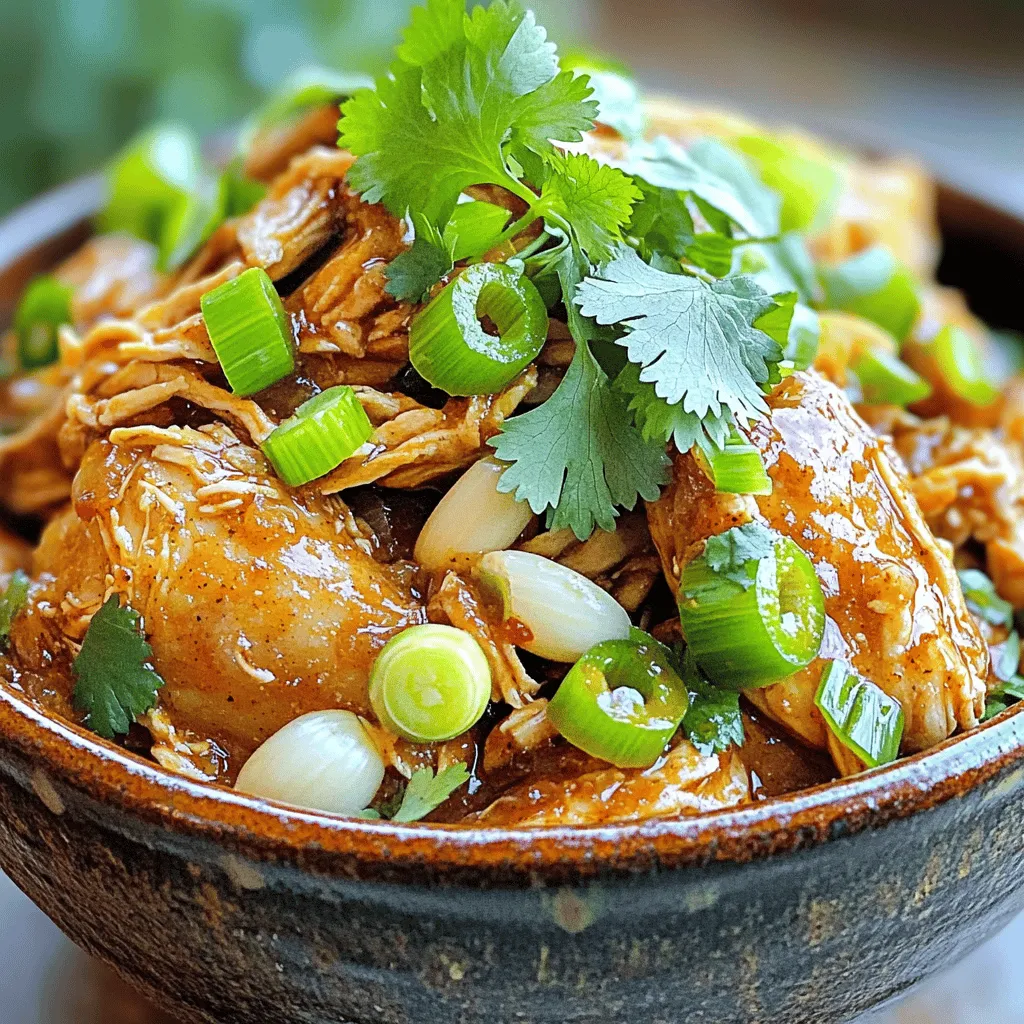 - 4 chicken thighs (skinless and bone-in) - 1 tablespoon olive oil - 1 medium onion, finely chopped - 4 cloves garlic, minced - 2-3 scallions, thinly sliced - 1-2 habanero peppers (adjust according to your spice preference), finely chopped - 1 teaspoon fresh ginger, grated - 2 teaspoons dried thyme - 2 teaspoons allspice - 1 tablespoon brown sugar - 1 tablespoon soy sauce - 2 tablespoons fresh lime juice - Salt and black pepper to taste - Fresh cilantro, chopped (for garnish) Gathering the right ingredients is key to making great slow cooker jerk chicken. You'll need chicken thighs for their rich flavor and juicy texture. The skinless, bone-in variety works best here. Next, you’ll mix the marinade. This includes garlic, scallions, habanero peppers, ginger, thyme, allspice, brown sugar, soy sauce, and lime juice. Each part plays a role in building the dish's bold flavors. For the finishing touch, don’t forget salt and black pepper. These enhance the taste and balance out the spices. Finally, fresh cilantro adds a pop of color and freshness when you serve your dish. With these ingredients, you are ready to create a mouthwatering meal that is easy and packed with flavor. Start by mixing the marinade. In a medium bowl, combine these ingredients: - 4 cloves garlic, minced - 2-3 scallions, thinly sliced - 1-2 habanero peppers, finely chopped - 1 teaspoon fresh ginger, grated - 2 teaspoons dried thyme - 2 teaspoons allspice - 1 tablespoon brown sugar - 1 tablespoon soy sauce - 2 tablespoons fresh lime juice Whisk everything together until smooth. This marinade packs in rich flavors. Next, take the chicken thighs. Generously rub the marinade all over each piece. Make sure the chicken is fully coated. For best results, cover the chicken and refrigerate for at least 30 minutes. If you have time, marinate overnight for deeper flavor. If you want, sear the chicken for added taste. Heat 1 tablespoon olive oil in a skillet over medium heat. Once hot, add the marinated chicken thighs. Sear them for 3-4 minutes on each side. You want a golden-brown crust. But if you’re short on time, skip this step. Now, place the seared chicken thighs in the slow cooker. Layer them evenly. Pour any leftover marinade from the skillet over the chicken. This ensures no flavor goes to waste. Add chopped onions around the chicken. Season with salt and black pepper to taste. Cover the slow cooker with its lid. Cook on high for 3-4 hours or on low for 6-8 hours. The chicken should be tender and fully cooked. Once cooked, shred the chicken right in the slow cooker using two forks. This lets the chicken soak up all the delicious juices. Gently stir everything together. Serve hot, garnished with chopped cilantro for a fresh touch. Enjoy your flavorful jerk chicken over rice or with grilled veggies! Marinating is key to great jerk chicken. Start with a rich marinade. Use garlic, scallions, ginger, thyme, and allspice. Combine these in a bowl. Mix well until smooth and fragrant. Coat the chicken thighs thoroughly. Make sure every piece is covered. For the best taste, let it sit in the fridge. Aim for at least 30 minutes. If you can, let it marinate overnight. This allows the flavors to soak in deeply. Searing the chicken adds a nice crust and flavor. Heat olive oil in a skillet over medium heat. Once hot, place the marinated chicken in. Cook for 3-4 minutes on each side. This gives a lovely golden-brown color. While this step is optional, I recommend it for more flavor. If you’re in a hurry, skip this step. The slow cooker will still work its magic. The spice level can be adjusted to your taste. Use 1 habanero pepper for less heat. For more heat, add 2 peppers. Remember to finely chop them. If you prefer milder flavors, remove the seeds first. You can also balance heat with some brown sugar. This adds sweetness and helps cut through spice. Always taste the marinade before using it. Adjust spices as needed to suit your palate. {{image_4}} You can use various cuts of chicken for jerk chicken. Chicken thighs give great flavor and moisture. However, you can try chicken breasts if you prefer leaner meat. Drumsticks and wings also work well; just adjust the cooking time. Always ensure the chicken reaches a safe internal temperature of 165°F. This keeps it juicy and safe to eat. For a vegetarian twist, use firm tofu or jackfruit. Both options soak up the marinade and mimic the texture of chicken. Press the tofu to remove excess water before marinating. For jackfruit, use young green jackfruit canned in water. Rinse and shred it, then marinate as you would chicken. Cook in the slow cooker for a similar fall-apart texture. You can enhance the flavors of jerk chicken with extra spices. Consider adding a dash of cinnamon or nutmeg for warmth. Fresh herbs like thyme or parsley can brighten the dish. You might also try mango or pineapple for a sweet twist. These additions create a unique taste and make your dish stand out. After enjoying your meal, let the jerk chicken cool down. Place any leftovers in an airtight container. You can refrigerate the chicken for up to three days. Make sure to store the chicken with some of the juices to keep it moist. To reheat, you can use the microwave or the stovetop. If using the microwave, place a portion in a bowl and cover it. Heat in short bursts of 1-2 minutes until warmed through. If you prefer the stovetop, heat a skillet over low heat. Add the chicken and a splash of water or leftover juices. Stir until hot. You can also freeze jerk chicken for later. Place the cooled chicken in a freezer-safe container. It can last for up to three months in the freezer. To thaw, move it to the fridge overnight before reheating. If you're in a hurry, you can use the microwave’s defrost setting. Jerk chicken is a popular dish from Jamaica. It features chicken marinated in a spicy mix. This mix often includes ingredients like garlic, ginger, and peppers. The chicken gets grilled or cooked slowly to keep it juicy. The flavors are bold and smoky, making it a favorite for many. Yes, you can! You can grill, bake, or pan-sear the chicken instead. For grilling, marinate the chicken as usual. Cook it over medium heat for about 25 minutes. For baking, preheat the oven to 375°F. Place the marinated chicken in a baking dish and cook for 30-40 minutes. The spice level can vary. It often depends on the amount of habanero peppers used. If you want it milder, use fewer peppers. You can also remove the seeds for less heat. Many love the spicy kick, but you can adjust it to your taste. Jerk chicken pairs well with many sides. Here are some tasty options: - Rice and peas - Grilled vegetables - Coleslaw - Fried plantains - Cornbread These sides balance the spice and add more flavor to your meal. Yes, you can use boneless chicken thighs or breasts. They will cook faster than bone-in chicken. Just keep an eye on the cooking time. Boneless chicken will be ready in about 2-3 hours on high or 4-6 hours on low in the slow cooker. This post provided a clear guide to making delicious jerk chicken. We explored essential ingredients and effective marinating techniques. The step-by-step instructions showed how to cook the chicken perfectly, while tips and variations added creativity. Remember, you can adjust spices to suit your taste. Leftovers can be stored and reheated easily. Whether you use a slow cooker or not, this dish remains flavorful. Enjoy this tasty meal with friends and family!