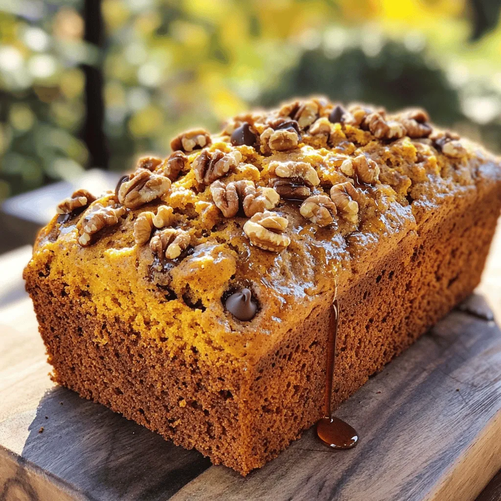 To make your fall spice pumpkin bread, gather these simple ingredients: - 1 cup canned pumpkin puree (ensure it’s not pumpkin pie filling) - 1/2 cup vegetable oil - 1/2 cup packed brown sugar - 1/2 cup granulated sugar - 3 large eggs - 1 1/2 cups all-purpose flour - 1 teaspoon baking soda - 1/2 teaspoon baking powder - 1 teaspoon ground cinnamon - 1/2 teaspoon ground nutmeg - 1/4 teaspoon ground ginger - 1/4 teaspoon ground allspice - 1/2 teaspoon salt - 1/2 cup chopped walnuts or pecans (optional for crunch) - 1/2 cup chocolate chips (optional for sweetness) Each ingredient plays a key role in creating the perfect loaf. The pumpkin puree gives moisture and flavor. The oil keeps the bread soft. Brown sugar adds a deep sweetness, while granulated sugar balances it out. Eggs help bind everything together. In the dry mix, baking soda and baking powder help the bread rise. The spices bring warmth and comfort. Finally, optional nuts or chocolate chips add fun and texture. Feel free to mix and match! First, heat your oven to 350°F (175°C). This step is key to baking the bread properly. While the oven warms, take a 9x5-inch loaf pan. Grease it with butter or oil, then dust with flour. You can also line it with parchment paper for easy removal later. In a large bowl, add 1 cup of canned pumpkin puree, 1/2 cup of vegetable oil, 1/2 cup of brown sugar, and 1/2 cup of granulated sugar. Whisk or use an electric mixer to blend them together. You want a smooth mixture, so take your time here. Now, beat in 3 large eggs one at a time. Make sure to mix each egg well before adding the next. This helps to create a nice, fluffy batter. In another bowl, whisk together 1 1/2 cups of all-purpose flour, 1 teaspoon of baking soda, 1/2 teaspoon of baking powder, 1 teaspoon of ground cinnamon, 1/2 teaspoon of ground nutmeg, 1/4 teaspoon of ground ginger, 1/4 teaspoon of ground allspice, and 1/2 teaspoon of salt. Ensure there are no lumps. This mix brings all the fall flavors. Slowly add the dry mix to the wet mix. Use a spatula or wooden spoon to gently stir them together. Be careful not to overmix, as this can make the bread dense. You want it to be just combined. If you want extra texture, fold in 1/2 cup of chopped walnuts or pecans and/or 1/2 cup of chocolate chips. Make sure they are evenly spread in the batter without overmixing. Pour the batter into your prepared loaf pan. Use a spatula to smooth the top. This helps the bread rise evenly. Place the pan in the oven and bake for 55 to 65 minutes. To check if it’s done, insert a toothpick into the center. It should come out clean. Once baked, let the bread cool in the pan for about 10 minutes. Then, transfer it to a wire rack to cool completely. To get that soft, moist bread, mix your wet and dry ingredients well. However, do not overmix. Overmixing makes the bread dense. When adding the dry mix to the wet mix, fold gently. Look for a few lumps; that’s okay! The batter should remain thick but not dry. If you add nuts or chocolate chips, fold them in carefully. This keeps your bread light and airy. Store your pumpkin bread in an airtight container. This keeps it moist and fresh. Place a piece of wax paper between slices to avoid sticking. You can also wrap the loaf in plastic wrap. For longer storage, freeze it. Wrap the bread tightly in foil or plastic wrap, then place it in a freezer bag. This way, you can enjoy a slice whenever you want! Slice your bread only when it’s fully cool. This helps it hold its shape. For a lovely touch, warm the slices slightly before serving. Drizzle with maple syrup or add cream cheese frosting on top. A sprinkle of cinnamon adds both flavor and a nice look. Arrange slices on a pretty plate to impress your guests! This bread pairs well with many drinks. Try it with a hot cup of coffee or tea. For a fun twist, serve it with spiced cider. A scoop of vanilla ice cream or whipped cream adds a sweet touch too. If you like savory, try cheese for a unique taste combo. Enjoy exploring these pairings! {{image_4}} To make this pumpkin bread gluten-free, swap all-purpose flour with a gluten-free blend. Look for one that includes xanthan gum, which helps mimic the texture of wheat flour. Measure the flour carefully to ensure you get the right consistency. Gluten-free baking can be tricky, but this swap works well and keeps the bread moist and tasty. You can easily turn this bread into a vegan treat. Replace the eggs with flaxseed meal or applesauce. For every egg, mix 1 tablespoon of flaxseed meal with 2.5 tablespoons of water and let it sit for five minutes. Use a neutral oil like coconut or avocado oil in place of vegetable oil. Your bread will still rise beautifully and taste great. Want to jazz up your pumpkin bread? Try adding more spices! You can boost the flavor by increasing the amounts of cinnamon or nutmeg. Cardamom or cloves also add a warm touch. Each spice brings a new depth that makes your bread even more special. Experiment until you find your perfect mix. Add-ins make pumpkin bread exciting! If you want a crunch, try using pecans or walnuts. For a sweeter touch, toss in chocolate chips or dried fruit. You can even mix in seeds like sunflower or pumpkin seeds for added texture. Feel free to get creative with your favorite flavors and textures! To keep your Fall Spice Pumpkin Bread fresh, wrap it well. Use plastic wrap or foil. You can also place it in an airtight container. Store it at room temperature for up to three days. If you want it to last longer, keep it in the fridge. This will add a few more days to its life. Remember, the bread tastes best when fresh. Freezing this bread is very simple. Slice the bread first for easier thawing later. Wrap each slice in plastic wrap. Then place them in a freezer bag. You can freeze the bread for up to three months. When you are ready to eat, just take out a slice. Let it sit at room temperature or warm it in the oven. Enjoy the fresh taste any time! To reheat your pumpkin bread, use your oven for best results. Preheat it to 350°F. Place the bread on a baking sheet. Heat for about 10-15 minutes. This warms the bread and brings back its soft texture. You can also use a microwave. Heat it for 10-15 seconds. Be careful not to overheat it, or it will dry out. Enjoy your delicious, warm bread just like fresh! If you can’t find canned pumpkin puree, fresh pumpkin works well. Cook it, then mash it. You can also use butternut squash puree. Both options taste great in this bread. Fall spice pumpkin bread lasts up to a week at room temperature. Keep it in an airtight container. If you want it to last longer, store it in the fridge for about two weeks. Yes, you can make mini loaves! Adjust the baking time to 25-30 minutes. Check with a toothpick to see if they are done. Mini loaves make fun gifts and are easy to share. To check if the bread is done, insert a toothpick into the center. If it comes out clean, your bread is ready. If it has wet batter, bake for a few more minutes. You can use melted butter or applesauce instead of oil. Butter adds a rich flavor. Applesauce keeps the bread moist and lighter. Both options will still create a tasty loaf. We covered the must-have ingredients for delicious fall spice pumpkin bread. You learned step-by-step instructions for a perfect bake. Tips about texture, storage, and serving enhance your bread-making skills. Variations allow for gluten-free, vegan, and spiced options to suit your taste. Remember, proper storage keeps your bread fresh for longer. Enjoy experimenting and sharing this delightful treat with others. Happy baking!