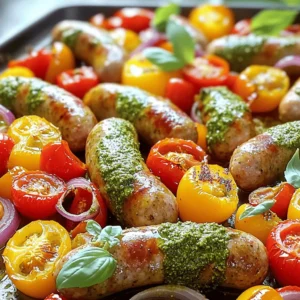 - 1 lb Italian chicken or turkey sausages - 1 red bell pepper, sliced into thin strips - 1 yellow bell pepper, sliced into thin strips - 1 small red onion, thinly sliced - 2 cups cherry tomatoes, halved - 2 tablespoons extra-virgin olive oil - 1 teaspoon garlic powder - 1 teaspoon smoked paprika - Salt and black pepper to taste - Fresh basil leaves The ingredients for Sheet Pan Pesto Sausage & Peppers create a fun mix. First, the Italian chicken or turkey sausages give a juicy bite. These sausages blend perfectly with the sweet and crunchy red and yellow bell peppers. The sliced red onion adds a nice sharpness, while the halved cherry tomatoes bring a burst of sweetness. Now, let’s talk about seasoning. Extra-virgin olive oil is key here. It helps the veggies cook and adds a rich flavor. Garlic powder and smoked paprika give a warm, smoky taste that pairs well with the sausages. Don’t forget salt and black pepper. They enhance all the flavors in this dish. For a finishing touch, add fresh basil leaves. They brighten up the meal and add a fresh aroma. This mix of ingredients not only tastes great but looks colorful on your plate too. - Preheat your oven to 400°F (200°C). - Line a large baking sheet with parchment paper. Preheating the oven is key. This helps your dish cook evenly. Parchment paper keeps food from sticking and makes cleanup easy. - Combine the sliced red and yellow bell peppers, red onion, and halved cherry tomatoes in a mixing bowl. - Toss with 2 tablespoons of extra-virgin olive oil, 1 teaspoon of garlic powder, 1 teaspoon of smoked paprika, salt, and freshly ground black pepper. Mixing the vegetables well is important. The olive oil and spices coat them nicely. This step gives your dish a great flavor base. - Spread the seasoned vegetables evenly on the baking sheet. - Nestle 1 lb of Italian chicken or turkey sausages among the veggies. - Spoon 1/2 cup of basil pesto over the sausages. Arranging the veggies and sausages gives even cooking. The pesto adds a burst of flavor. - Place the baking sheet in the oven and bake for 25-30 minutes. Stir the vegetables halfway through. This helps them cook evenly. The sausages are done at a safe 165°F (74°C). The veggies should be tender and slightly caramelized. To check if the sausages are done, use a meat thermometer. You want them to reach 165°F (74°C). This ensures they are safe to eat. The sausages should feel firm and juicy. If they look dry, they may be overcooked. Stir the vegetables halfway through cooking. This helps them cook evenly and get a nice caramelized look. It also mixes the flavors together nicely. You want all the veggies to be tender and slightly charred for the best taste. Try adding more seasonings for extra flavor. A pinch of red pepper flakes adds heat. You can also sprinkle some Italian herbs for more depth. Fresh herbs like oregano or thyme work great too. Choosing between homemade and store-bought pesto can change the dish. Homemade pesto tastes fresh and bright. Store-bought is convenient and still good. If you are short on time, go for the store-bought option. Just pick a good quality brand for the best results. For an inviting look, serve your dish on a rustic wooden platter. This allows the bright colors of the peppers and tomatoes to stand out. You can also drizzle some extra pesto over the top for a pop of flavor. Garnish with fresh basil leaves. This adds a lovely touch and brings out the aroma. The presentation makes the dish feel special and ready to impress! {{image_4}} If you want to change up the protein in this dish, there are great options. You can use Italian pork sausage for a richer flavor. Smoked sausage also works well for a twist. If you prefer a lighter choice, chicken or turkey sausage is a solid pick. For those who follow a vegetarian or vegan diet, consider using plant-based sausage. There are many good brands that mimic the taste of meat. You can also use hearty beans like chickpeas or black beans. They add protein and work well with the other flavors. You can swap the peppers for other veggies. Zucchini, mushrooms, or broccoli can add different tastes and textures. Carrots or cauliflower can also be good choices. Seasonal vegetables can really change the dish. In the fall, try butternut squash or Brussels sprouts. In spring, asparagus or snap peas can brighten up the meal. Use whatever looks good at the market. Adding cheese can enhance the flavor. Feta or goat cheese crumbles add a nice tang. For a creamy touch, try mozzarella or burrata. You can also experiment with other sauces. A drizzle of balsamic glaze adds sweetness. Hot sauce can bring a spicy kick. A splash of lemon juice brightens the whole dish. Don’t be afraid to get creative! To store leftovers, let the dish cool first. Use an airtight container for best results. This keeps the food fresh longer. Place the container in the fridge within two hours of cooking. It will stay fresh for up to three days. To maintain freshness, make sure to seal the container tightly. This helps prevent odor transfer to other foods. You can reheat this dish in a few ways. The oven is the best method. Preheat it to 350°F (175°C). Place the food on a baking sheet. Heat for about 10-15 minutes. This keeps the veggies from getting soggy. You can also use the microwave. Heat it in short bursts of one minute. Stir in between each burst to promote even heating. Yes, you can freeze this dish! First, let it cool completely. Then, transfer it to a freezer-safe container. Make sure to remove as much air as possible. This helps prevent freezer burn. It will keep well for up to three months. To thaw, move it to the fridge overnight. Reheat it as mentioned above for best taste and texture. Yes, you can prepare this dish in advance. Chop the veggies and mix them with oil and spices. Store them in the fridge for up to two days. You can also cook the sausages ahead and add the pesto just before baking. This makes meal prep easy and quick. Just heat everything together when you are ready to eat. This dish pairs well with many sides. Try serving it over rice or pasta for a hearty meal. A simple green salad adds freshness. You can also serve it with crusty bread to soak up the pesto. Roasted potatoes or a light quinoa salad make great options too. Absolutely! You can use different nuts, like walnuts or pine nuts, to change the taste. Swap basil with spinach or arugula for a twist. If you like heat, add some red pepper flakes. You can also mix in cheese, like Parmesan or feta, for extra creaminess. Feel free to get creative with your pesto! This recipe for Sheet Pan Pesto Sausage & Peppers is manageable and tasty. You learned about the main ingredients, how to prepare and bake them, and tips for enhancing flavor. You can even customize it with different proteins and vegetables. Remember, cooking should be fun! Don’t hesitate to experiment. Enjoy your delicious meal and impress your friends and family with your skills.