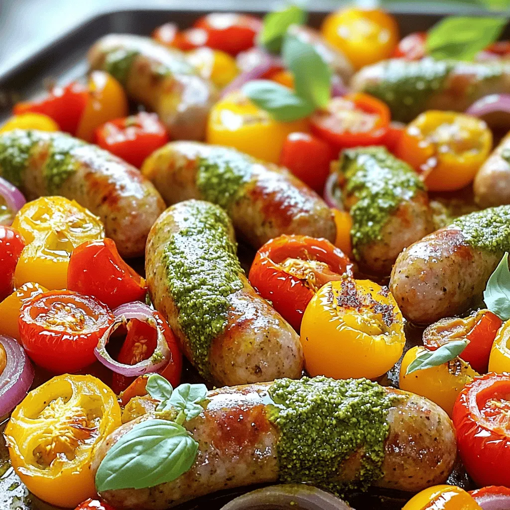 - 1 lb Italian chicken or turkey sausages - 1 red bell pepper, sliced into thin strips - 1 yellow bell pepper, sliced into thin strips - 1 small red onion, thinly sliced - 2 cups cherry tomatoes, halved - 2 tablespoons extra-virgin olive oil - 1 teaspoon garlic powder - 1 teaspoon smoked paprika - Salt and black pepper to taste - Fresh basil leaves The ingredients for Sheet Pan Pesto Sausage & Peppers create a fun mix. First, the Italian chicken or turkey sausages give a juicy bite. These sausages blend perfectly with the sweet and crunchy red and yellow bell peppers. The sliced red onion adds a nice sharpness, while the halved cherry tomatoes bring a burst of sweetness. Now, let’s talk about seasoning. Extra-virgin olive oil is key here. It helps the veggies cook and adds a rich flavor. Garlic powder and smoked paprika give a warm, smoky taste that pairs well with the sausages. Don’t forget salt and black pepper. They enhance all the flavors in this dish. For a finishing touch, add fresh basil leaves. They brighten up the meal and add a fresh aroma. This mix of ingredients not only tastes great but looks colorful on your plate too. - Preheat your oven to 400°F (200°C). - Line a large baking sheet with parchment paper. Preheating the oven is key. This helps your dish cook evenly. Parchment paper keeps food from sticking and makes cleanup easy. - Combine the sliced red and yellow bell peppers, red onion, and halved cherry tomatoes in a mixing bowl. - Toss with 2 tablespoons of extra-virgin olive oil, 1 teaspoon of garlic powder, 1 teaspoon of smoked paprika, salt, and freshly ground black pepper. Mixing the vegetables well is important. The olive oil and spices coat them nicely. This step gives your dish a great flavor base. - Spread the seasoned vegetables evenly on the baking sheet. - Nestle 1 lb of Italian chicken or turkey sausages among the veggies. - Spoon 1/2 cup of basil pesto over the sausages. Arranging the veggies and sausages gives even cooking. The pesto adds a burst of flavor. - Place the baking sheet in the oven and bake for 25-30 minutes. Stir the vegetables halfway through. This helps them cook evenly. The sausages are done at a safe 165°F (74°C). The veggies should be tender and slightly caramelized. To check if the sausages are done, use a meat thermometer. You want them to reach 165°F (74°C). This ensures they are safe to eat. The sausages should feel firm and juicy. If they look dry, they may be overcooked. Stir the vegetables halfway through cooking. This helps them cook evenly and get a nice caramelized look. It also mixes the flavors together nicely. You want all the veggies to be tender and slightly charred for the best taste. Try adding more seasonings for extra flavor. A pinch of red pepper flakes adds heat. You can also sprinkle some Italian herbs for more depth. Fresh herbs like oregano or thyme work great too. Choosing between homemade and store-bought pesto can change the dish. Homemade pesto tastes fresh and bright. Store-bought is convenient and still good. If you are short on time, go for the store-bought option. Just pick a good quality brand for the best results. For an inviting look, serve your dish on a rustic wooden platter. This allows the bright colors of the peppers and tomatoes to stand out. You can also drizzle some extra pesto over the top for a pop of flavor. Garnish with fresh basil leaves. This adds a lovely touch and brings out the aroma. The presentation makes the dish feel special and ready to impress! {{image_4}} If you want to change up the protein in this dish, there are great options. You can use Italian pork sausage for a richer flavor. Smoked sausage also works well for a twist. If you prefer a lighter choice, chicken or turkey sausage is a solid pick. For those who follow a vegetarian or vegan diet, consider using plant-based sausage. There are many good brands that mimic the taste of meat. You can also use hearty beans like chickpeas or black beans. They add protein and work well with the other flavors. You can swap the peppers for other veggies. Zucchini, mushrooms, or broccoli can add different tastes and textures. Carrots or cauliflower can also be good choices. Seasonal vegetables can really change the dish. In the fall, try butternut squash or Brussels sprouts. In spring, asparagus or snap peas can brighten up the meal. Use whatever looks good at the market. Adding cheese can enhance the flavor. Feta or goat cheese crumbles add a nice tang. For a creamy touch, try mozzarella or burrata. You can also experiment with other sauces. A drizzle of balsamic glaze adds sweetness. Hot sauce can bring a spicy kick. A splash of lemon juice brightens the whole dish. Don’t be afraid to get creative! To store leftovers, let the dish cool first. Use an airtight container for best results. This keeps the food fresh longer. Place the container in the fridge within two hours of cooking. It will stay fresh for up to three days. To maintain freshness, make sure to seal the container tightly. This helps prevent odor transfer to other foods. You can reheat this dish in a few ways. The oven is the best method. Preheat it to 350°F (175°C). Place the food on a baking sheet. Heat for about 10-15 minutes. This keeps the veggies from getting soggy. You can also use the microwave. Heat it in short bursts of one minute. Stir in between each burst to promote even heating. Yes, you can freeze this dish! First, let it cool completely. Then, transfer it to a freezer-safe container. Make sure to remove as much air as possible. This helps prevent freezer burn. It will keep well for up to three months. To thaw, move it to the fridge overnight. Reheat it as mentioned above for best taste and texture. Yes, you can prepare this dish in advance. Chop the veggies and mix them with oil and spices. Store them in the fridge for up to two days. You can also cook the sausages ahead and add the pesto just before baking. This makes meal prep easy and quick. Just heat everything together when you are ready to eat. This dish pairs well with many sides. Try serving it over rice or pasta for a hearty meal. A simple green salad adds freshness. You can also serve it with crusty bread to soak up the pesto. Roasted potatoes or a light quinoa salad make great options too. Absolutely! You can use different nuts, like walnuts or pine nuts, to change the taste. Swap basil with spinach or arugula for a twist. If you like heat, add some red pepper flakes. You can also mix in cheese, like Parmesan or feta, for extra creaminess. Feel free to get creative with your pesto! This recipe for Sheet Pan Pesto Sausage & Peppers is manageable and tasty. You learned about the main ingredients, how to prepare and bake them, and tips for enhancing flavor. You can even customize it with different proteins and vegetables. Remember, cooking should be fun! Don’t hesitate to experiment. Enjoy your delicious meal and impress your friends and family with your skills.