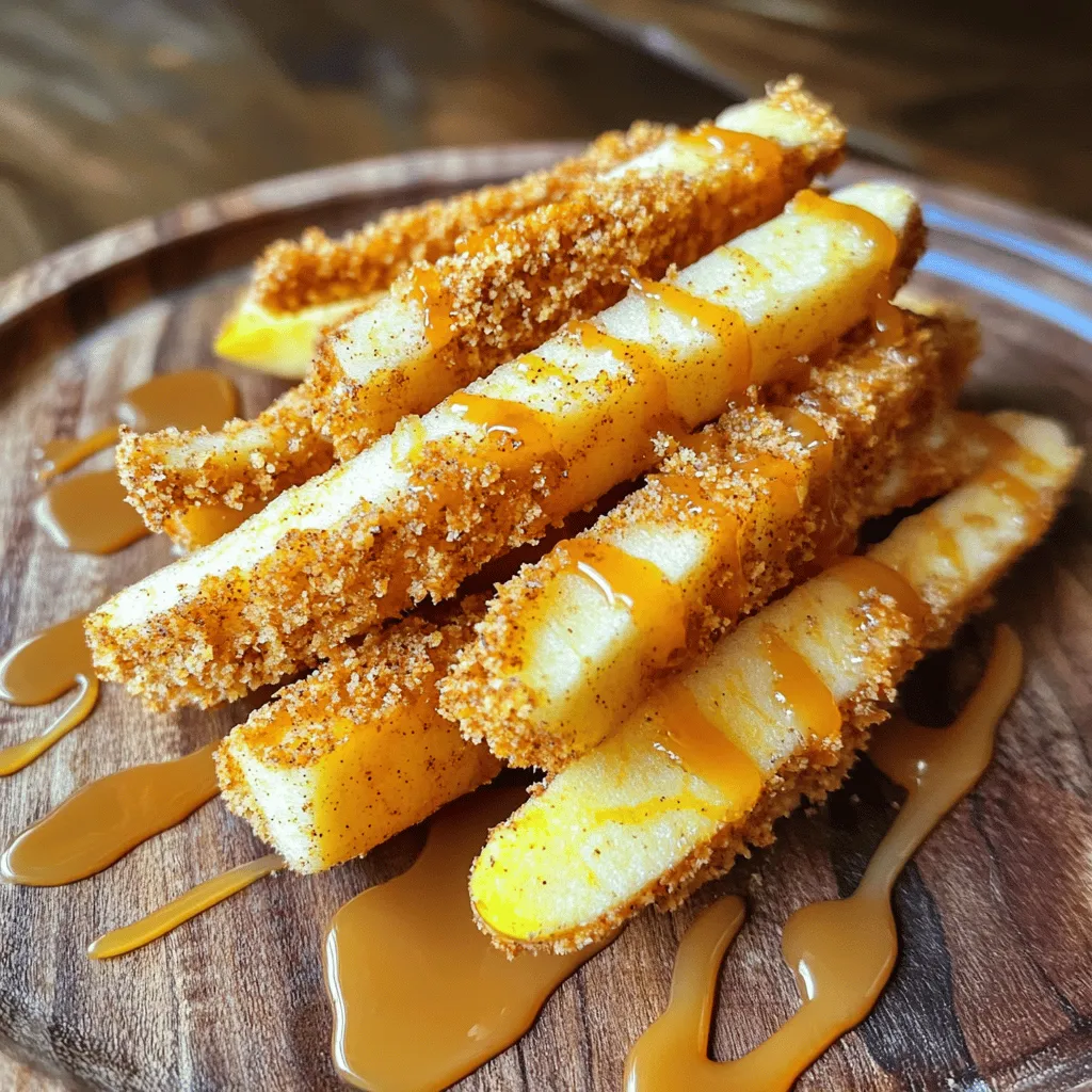- 3 medium apples (Fuji or Honeycrisp) - 1/2 cup all-purpose flour - 1 teaspoon ground cinnamon - 1/2 teaspoon ground nutmeg - 1/4 cup granulated sugar - 2 large eggs - 1 cup panko breadcrumbs - Cooking spray - Optional dipping sauces (caramel or chocolate) To make air fryer apple fries, you need fresh apples. I love using Fuji or Honeycrisp. They are sweet and crisp, perfect for this treat. You will also need all-purpose flour. This flour helps the spices stick to the apples. Ground cinnamon adds warmth and flavor. Nutmeg gives a nice kick and works well with apples. The sugar adds sweetness and helps with browning. Eggs are essential for the coating. They help the breadcrumbs stick. For texture, I use panko breadcrumbs. They make the fries extra crunchy. Don’t forget cooking spray! It prevents sticking and helps achieve a golden finish. You can serve the apple fries with caramel or chocolate sauce for dipping. It adds a fun touch! - Preheat air fryer to 375°F (190°C). - In a shallow bowl, mix flour, cinnamon, nutmeg, and sugar. - Beat eggs in a separate bowl until frothy. - Take one apple slice, coat it in the flour mixture. - Dip the slice in the beaten eggs, letting excess egg drip off. - Roll the apple slice in panko breadcrumbs for extra crunch. - Spray the air fryer basket with cooking spray to prevent sticking. - Arrange apple fries in a single layer, leaving space between each one. - Air fry for 10-12 minutes, flipping halfway through. They should look golden brown when done. To get the best crispiness, always preheat your air fryer. Preheating makes a big difference. It helps the apple fries cook evenly and become golden. Next, space the apple fries well in the basket. If they touch, they won't crisp up right. Finally, cooking times may vary by air fryer. Check your model for the best time. For most, 10 to 12 minutes works well. Flip them halfway through for even cooking. You can adjust the spices to make your apple fries special. If you like a little kick, add a pinch of ginger or even a bit of vanilla. Different apple types change the flavor too. Fuji apples are sweet, while Granny Smith apples are tart. Try mixing apple types for a fun twist. Each bite can surprise you with new tastes! How you present food matters. Arrange the apple fries on a pretty plate. Drizzle some caramel or chocolate sauce over them for a touch of flair. Use small bowls for dipping sauces to make it fun. This way, everyone can enjoy their favorite dip. It adds excitement and flavor to your tasty treat! {{image_4}} You can easily change the flavor of your apple fries. Adding ginger or pumpkin spice to the flour mix gives a warm touch. The spice blend adds depth. You can also experiment with vanilla powder for a sweet aroma. For a healthier twist, try using whole wheat flour or almond flour. These options boost nutrition without losing taste. You can also explore oat or nut-based coatings. These alternatives keep the fries crunchy while adding different flavors. Dipping sauces can make your apple fries even better. Consider making homemade caramel or chocolate sauce. Both pair well with the sweet apples. You can also try fruit-based sauces or yogurt alternatives for a fresh taste. These options add a fun twist to your snacking experience. To keep your leftover apple fries fresh, store them in an airtight container. Place a paper towel at the bottom to absorb moisture. This keeps them crispy. Store in the refrigerator for up to three days. When you want to enjoy them again, the air fryer works best for reheating. Heat at 375°F (190°C) for about 5 minutes. This brings back the crunch! You can freeze apple fries to enjoy later. For uncooked fries, lay them in a single layer on a baking sheet. Freeze until solid, then move them to a freezer bag. For cooked fries, let them cool first. Then, place them in a freezer-safe container. To thaw, leave them in the fridge overnight. Reheat cooked fries in the air fryer at 375°F (190°C) for about 7-8 minutes. This keeps them crispy and tasty. Apple fries last about three days in the fridge. If frozen, they can stay fresh for up to three months. Check for signs of spoilage like a sour smell or mushy texture. If they look or smell off, it’s best to toss them. Enjoy your apple fries while they are at their best! Yes, you can use many types of apples. Fuji and Honeycrisp are great choices. They add sweetness and crunch. Other varieties like Granny Smith offer tartness. Each type changes the taste and texture. Choose what you like best for a fun twist! You can bake or pan-fry apple fries. For baking, preheat the oven to 375°F. Place the coated apple slices on a baking sheet. Bake for 15-20 minutes, flipping halfway. For pan-frying, heat oil in a skillet. Fry the apple slices until golden brown. Each method gives you tasty fries! Apple fries pair well with many treats. Try caramel or chocolate sauce for dipping. Ice cream or yogurt also works well. You can even serve them with nuts for crunch. These options make your snack extra special! Look for a golden brown color. The fries should be crispy on the outside. A fork or toothpick should easily pierce the apples inside. If they feel soft and tender, they are done. Keep an eye on them as they cook! Absolutely! Use gluten-free flour instead of all-purpose flour. Almond flour or coconut flour are great options. For breadcrumbs, look for gluten-free panko. This way, everyone can enjoy these tasty treats! In this post, we explored how to make tasty apple fries using simple ingredients. You learned to prepare, coat, and cook the apple slices in an air fryer. We looked at tips for getting that perfect crunch and how to serve these delicious treats. Finally, I shared ways to store and freeze any leftovers. Apple fries are fun and easy to make any time. Enjoy experimenting with flavors and find your perfect dip!