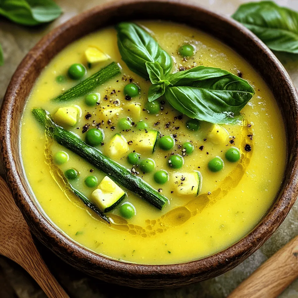 In this Spring Vegetable Cream Soup, freshness is key. Here are the ingredients you need: - 1 tablespoon olive oil - 1 small onion, finely chopped - 2 cloves garlic, minced - 2 medium carrots, peeled and diced - 2 stalks celery, diced - 1 medium zucchini, diced - 1 cup green peas (fresh or frozen) - 1 cup asparagus, trimmed and cut into 1-inch pieces - 4 cups vegetable broth - 1 cup heavy cream or coconut milk - Salt and freshly ground black pepper, to taste - Fresh basil leaves for garnish Each of these vegetables brings its own taste and texture. You will love the vibrant colors and flavors they add to your soup. You can make this soup fit your needs. If you want a vegan option, use coconut milk instead of cream. You can also skip the cream for a lighter soup. If you are gluten-sensitive, check your broth for gluten. Feel free to swap in any veggies you have on hand. Spinach or kale can work well. Using fresh produce makes a big difference. Fresh veggies taste better and give your soup a bright color. They also pack in more nutrients. When shopping, look for vibrant colors and firm textures. This helps ensure you are getting the best flavor and health benefits. Remember, the quality of your ingredients shapes the quality of your dish. Start by gathering all your ingredients. You will need olive oil, onion, garlic, carrots, celery, zucchini, green peas, asparagus, vegetable broth, heavy cream, salt, pepper, and basil. Prepare the vegetables by chopping them into small pieces. This helps them cook evenly. First, warm one tablespoon of olive oil in a large pot over medium heat. Add the finely chopped onion and minced garlic. Cook for 3-4 minutes until the onion turns soft and clear. Next, add the diced carrots and celery. Stir them in and let them cook for about 5 minutes. This makes them tender. Now, add the diced zucchini, green peas, and asparagus. Cook this mixture for another 3-4 minutes. Then, pour in 4 cups of vegetable broth. Bring the soup to a boil, then lower the heat. Let it simmer uncovered for 15-20 minutes. The goal is to make all the vegetables fork-tender. Once the soup is done cooking, remove it from the heat. Let it cool for a few minutes. Use an immersion blender to blend the soup. You can blend it until it is smooth or leave some chunks for texture. If you want a heartier soup, blend only half and mix it back in. Then, return the pot to low heat. Stir in 1 cup of heavy cream or coconut milk. Warm the soup for another 5 minutes. Taste it and add salt and freshly ground black pepper as needed. This step is key to making the flavor shine. To boost the taste of your Spring Vegetable Cream Soup, use fresh herbs. Basil adds a bright note. You can also try thyme or parsley. They give a wonderful aroma and depth. Just chop them and add them when cooking. For spices, a pinch of nutmeg can bring warmth. A dash of cayenne pepper offers a subtle heat. Remember to taste as you go. This way, you can find the right balance. If you want a thicker soup, there are great options. You can add more heavy cream or coconut milk. This makes the soup rich and smooth. Another method is to use a potato. Simply peel, chop, and cook it with the other veggies. It will blend well and add creaminess. You can also use a cornstarch slurry. Mix cornstarch with a bit of cold water, then stir it into the soup. This will quickly thicken it without changing the flavor. Presentation is key to a lovely meal. Serve your soup in warm bowls for a cozy feel. A drizzle of cream or coconut milk on top looks beautiful. Add a sprinkle of fresh basil for color. You can also add croutons for crunch. For a fun touch, serve with a side of crusty bread. This makes your meal inviting and delicious. {{image_4}} You can easily switch up the flavors in your spring vegetable cream soup. For a sweeter taste, try using butternut squash or sweet potatoes instead of carrots. You can replace zucchini with yellow squash for a different color and flavor. If you want a bit of spice, add diced bell peppers or a hint of jalapeño. Fresh herbs like dill or thyme can also change the whole vibe of the soup. Feel free to experiment with what you have on hand. If you want a vegan version, skip the heavy cream. Use coconut milk instead for a creamy texture. You can also use cashew cream or almond milk, which offer a nice flavor. For extra richness, blend soaked cashews into the soup. This keeps it creamy while staying plant-based. Always check that your vegetable broth is vegan-friendly, as some brands may contain animal products. To make the soup heartier, you can add proteins or grains. Cooked lentils or chickpeas are great choices. They add protein and fiber, making the dish more filling. If you prefer grains, try adding cooked quinoa or brown rice. These options increase nutrition and texture. Just stir them in when you blend the soup for a creamy blend. Enjoy the added flavors and health benefits! To keep your spring vegetable cream soup fresh, let it cool first. Store it in an airtight container. Make sure the container is clean and dry. This helps prevent spoilage. Place the container in the fridge if you plan to eat it within a few days. For longer storage, consider freezing. When you're ready to enjoy the soup again, reheat it gently. Pour the soup into a pot. Warm it over low heat while stirring. This helps avoid burning. If the soup is too thick, add a splash of vegetable broth or water. Heat until it's hot, but do not boil it. If you've made a big batch, freezing is a great option. Pour the cooled soup into freezer-safe bags or containers. Leave some space at the top for expansion. To thaw, move the soup to the fridge overnight. You can also use the microwave, but be careful. Stir the soup while heating to ensure even warming. Yes, you can add other veggies. Try bell peppers, leeks, or spinach. They can change the flavor and add more color. Just make sure to chop them small for even cooking. If you like a bit of spice, add some diced jalapeños. The soup will stay fresh and bright with any new mix you choose. This soup can last about 3 to 4 days in the fridge. Make sure to store it in an airtight container. If you want to keep it longer, consider freezing it. When you want to enjoy it again, just reheat it on the stove until hot. Serve this soup with crusty bread or a fresh salad. A simple green salad with lemon dressing pairs well. You can also add a grilled cheese sandwich for a fun twist. If you like, top your soup with a dollop of sour cream or a sprinkle of cheese for extra flavor. This article explored the best ways to prepare a delicious Spring Vegetable Cream Soup. We discussed fresh seasonal ingredients and how to substitute them based on your dietary needs. Quality produce makes a big difference in flavor. I shared step-by-step instructions for preparation, cooking, and blending. You also learned some handy tips for enhancing flavor and texture. Don't forget to explore variations to suit your taste. Lastly, storing your soup properly will keep it fresh. Enjoy your tasty creation and share it with friends!