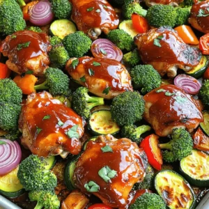 - 4 boneless, skinless chicken thighs - 1 cup BBQ sauce (your favorite flavor) The chicken thighs bring a juicy and tender bite. They soak up the BBQ sauce well. This choice makes the dish flavorful and satisfying. You can use chicken breasts, but thighs remain moist. - 2 cups broccoli florets - 1 red bell pepper, sliced into strips - 1 medium zucchini, sliced into half-moons - 1 red onion, cut into wedges The mix of vegetables adds color and nutrition. Broccoli offers crunch and vitamins. Red bell pepper adds sweetness, while zucchini gives a soft texture. Red onion brings a mild flavor that pairs well with BBQ. - 2 tablespoons extra virgin olive oil - 1 teaspoon garlic powder - 1 teaspoon smoked paprika - Salt and freshly ground pepper to taste - Fresh parsley, finely chopped, for garnish (optional) These seasonings enhance the dish. Olive oil helps the veggies roast nicely. Garlic powder adds depth, while smoked paprika gives a subtle warmth. Salt and pepper balance the flavors. Fresh parsley is optional but adds a nice touch. Start by preheating your oven to 425°F (220°C). A hot oven helps cook the chicken and veggies evenly. Next, take the chicken thighs and put them in a mixing bowl. Pour in ¾ cup of your favorite BBQ sauce. Use your hands to coat the chicken well. Let it sit for at least 15 minutes. This step helps the chicken absorb flavor. In a large bowl, add two cups of broccoli florets, sliced red bell pepper, zucchini half-moons, and red onion wedges. Drizzle two tablespoons of olive oil over the veggies. Sprinkle in one teaspoon of garlic powder, one teaspoon of smoked paprika, and season with salt and pepper. Toss everything together until the veggies are coated. Grab a large baking sheet and place the marinated chicken in the center. Surround the chicken with the seasoned vegetables. Spread them out evenly for the best cooking results. Now, take the remaining ¼ cup of BBQ sauce. Drizzle it over both the chicken and the veggies. This extra layer of sauce adds even more flavor. Put the sheet pan in your preheated oven. Bake for 25-30 minutes. Make sure the chicken reaches an internal temperature of 165°F (74°C). The veggies should be tender and slightly caramelized. After baking, switch your oven to broil. Broil the dish for 2-4 minutes. This gives the chicken and veggies a nice caramelized finish. Keep an eye on them to avoid burning. Once done, take the pan out of the oven. Let it cool for a couple of minutes. If you want, sprinkle finely chopped parsley on top for color and freshness. Now, it's ready to serve! To get the best flavor, always marinate your chicken. Use ¾ cup of BBQ sauce to coat the chicken thighs. Let it sit for at least 15 minutes. This allows the sauce to soak in. You can even marinate it overnight for more taste. For veggies, drizzle olive oil and sprinkle garlic powder and smoked paprika. This step adds depth to the dish. Chicken thighs are juicy and tender, but timing matters. Bake them at 425°F for 25-30 minutes. Use a meat thermometer to check the internal temperature. It should reach 165°F. If you want a nice finish, broil for 2-4 minutes. This makes the chicken and veggies caramelized and tasty. To keep your veggies crisp, cut them evenly. This helps them cook at the same rate. Tossing them in olive oil and seasonings is key. Spread them out on the pan, avoiding overcrowding. Give them space to roast without steaming. Broccoli, bell peppers, and zucchini will stay vibrant and crunchy this way. {{image_4}} You can swap the veggies to match your taste. Try using: - Cauliflower florets - Carrots, sliced - Asparagus, cut into pieces - Sweet potatoes, cubed - Green beans These options add variety and bring new flavors to the dish. Each vegetable will cook well in the oven, giving you a delicious meal. The BBQ sauce can change the whole meal’s vibe. Here are a few ideas: - Honey BBQ sauce for sweetness - Spicy BBQ sauce for some heat - Mustard-based sauce for tanginess - Teriyaki sauce for an Asian twist Experiment with these flavors to find your favorite. Each sauce brings a unique kick to the chicken and veggies. Garnishes can make your dish pop. Consider adding: - Fresh cilantro for a bright taste - Chopped green onions for crunch - Crumbled feta cheese for creaminess - Sliced jalapeños for heat These toppings add both color and flavor, making your meal even more enjoyable. Feel free to mix and match! To store your leftovers, let the dish cool first. Place the chicken and veggies in an airtight container. Make sure to have enough space to keep them from getting squished. Store the container in the fridge for up to three days. This keeps the meal fresh and safe to eat. When you're ready to eat your leftovers, preheat your oven to 350°F (175°C). Place the chicken and veggies on a baking sheet. Cover them with foil to keep them moist. Heat for about 15-20 minutes or until hot. You can also use a microwave if you’re in a hurry. Just heat on high for 1-2 minutes, checking often to avoid overcooking. If you want to save some for later, this meal freezes well. Place cooled chicken and veggies in a freezer-safe container. Make sure to seal it tightly to prevent freezer burn. You can freeze it for up to three months. To reheat, thaw overnight in the fridge. Then, follow the reheating instructions above to warm it up. Enjoy the taste of BBQ chicken and veggies anytime you like! You should marinate the chicken for at least 15 minutes. This helps the chicken soak up the BBQ sauce. For more flavor, you can marinate it longer, up to 2 hours. Just keep it in the fridge during this time. Yes, you can use bone-in chicken. Just make sure to adjust the cooking time. Bone-in chicken usually needs a bit longer to cook through. Aim for 35 to 40 minutes, or until the internal temperature hits 165°F (74°C). A fresh salad pairs well with BBQ chicken and veggies. You can also serve rice or cornbread. These sides balance the meal and add more flavor. Try coleslaw for a crunchy texture and a tangy taste. Yes, this recipe is great for meal prep. You can cook it ahead and store portions in the fridge. It stays fresh for up to four days. Just reheat in the microwave or oven before enjoying. This makes weeknight dinners easy and quick! This post covered everything you need for a fun BBQ chicken meal. We talked about the best ingredients, easy steps for cooking, and clever tips for great taste. You can switch up the recipe with different veggies and sauces, too. Storing leftovers is a breeze. Always remember to adjust marinating time based on the chicken cut you use. Enjoy your tasty dish! With these tips, you'll impress everyone at the table. Happy cooking!